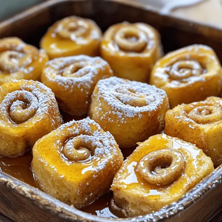 - 1 can (16 oz) refrigerated cinnamon rolls - 4 large eggs - 1/2 cup milk - 1 teaspoon vanilla extract - 1/2 teaspoon ground cinnamon - 1/4 cup maple syrup (plus extra for serving) - 2 tablespoons butter, for greasing the baking dish - Optional: powdered sugar for dusting When making cinnamon roll French toast bites, the key is to pick fresh ingredients. Each item plays a role in creating a warm, sweet treat. The refrigerated cinnamon rolls bring that classic flavor, while eggs and milk help bind everything together. Vanilla extract adds a nice aroma, and ground cinnamon brings warmth to each bite. - Baking dish - Whisk - Mixing bowl - Knife - Measuring cups and spoons Using the right tools helps make cooking easier and more fun. A baking dish is needed to hold the bites as they bake. A whisk and mixing bowl allow you to mix the egg mixture well. A knife is essential for cutting the cinnamon rolls into quarters. Measuring cups and spoons ensure you add the right amounts of each ingredient. - Look for fresh cinnamon rolls with no signs of damage. - Choose eggs that are free-range or organic for better taste. - Select pure maple syrup instead of pancake syrup for richer flavor. When you select quality ingredients, your dish shines. Fresh cinnamon rolls will taste better and bake up nicely. Eggs from healthy chickens add flavor and nutrition. Pure maple syrup enhances the sweetness and pairs perfectly with the bites. Following these tips will help you create a delicious meal. For the full recipe, check out the details above. First, preheat your oven to 375°F (190°C). This helps the bites bake evenly. Next, grab your baking dish and grease it with butter. A 9x9-inch dish works best. Now, open the can of cinnamon rolls. Separate each roll carefully. Cut each roll into quarters. This will make bite-sized pieces. Arrange these pieces in your greased baking dish. You want them spread out evenly for even cooking. In a large bowl, whisk together four eggs, half a cup of milk, one teaspoon of vanilla extract, half a teaspoon of ground cinnamon, and a quarter cup of maple syrup. Use a whisk to blend it smoothly. This step is crucial for flavor. Next, gently add your chopped cinnamon roll pieces into the egg mixture. Stir carefully to coat each piece. Allow them to soak for about five minutes. This helps the cinnamon rolls absorb all the flavors. Transfer the cinnamon roll bites into the greased baking dish. Spread them out evenly. Pour any remaining egg mixture over the top. This adds moisture and flavor. Now, bake in the preheated oven for 20-25 minutes. Check that the bites are set and golden brown. Once baked, remove them from the oven and let them cool for a few minutes. For serving, you can sprinkle powdered sugar on top if you like. Serve warm with extra maple syrup on the side for drizzling. Enjoy your Cinnamon Roll French Toast Bites! To make the best cinnamon roll French toast bites, soak them for about 5 minutes. This time allows the egg mixture to soak in, giving you a soft and creamy texture. Make sure each piece is well-coated. This step is key for flavor and moisture. For even baking, spread the pieces in a single layer. Avoid stacking them, as this can lead to uneven cooking. Position them evenly in the baking dish, ensuring they have space to puff up and brown nicely. When it comes to toppings, you have plenty of tasty options! Dust these bites with powdered sugar for a sweet touch. You can also add a dollop of whipped cream for extra creaminess. Drizzling with warm maple syrup enhances the flavor greatly. Pair your cinnamon roll bites with fresh fruit like strawberries or blueberries. A side of crispy bacon or sausage can add a savory contrast. These sides create a balanced breakfast that is sure to please everyone. Be careful not to overbake your bites. Check them at 20 minutes. They should be golden brown but still soft. If they get too dry, they won’t be as tasty. Another mistake to avoid is not using enough butter in the baking dish. Greasing the dish well helps prevent sticking and ensures an easy serving. Just a light coat of butter goes a long way in creating a perfect, non-stick surface. {{image_2}} You can make your cinnamon roll French toast bites even more fun. Try adding fruit like berries or bananas. Nuts like pecans or walnuts add a nice crunch. For a sweet twist, mix in chocolate chips. You can also play with spices. Nutmeg gives a warm touch, while allspice adds a hint of depth. These tweaks let you create a unique flavor. If you need gluten-free options, look for gluten-free cinnamon rolls. Many brands offer great taste without gluten. For dairy-free needs, use almond milk or oat milk instead of regular milk. You can also swap eggs with a flaxseed mixture or dairy-free yogurt. These changes keep your bites tasty. You can serve these bites in different ways. Bite-sized pieces are perfect for sharing. They are great for brunch or a small gathering. If you want something classic, serve it like traditional French toast. Just stack the bites on a plate. You can also get creative with presentation. Use a big platter and drizzle syrup on top. Add fresh fruit or a dusting of powdered sugar for a stunning look. For more delicious ideas, check out the Full Recipe! To keep your cinnamon roll French toast bites fresh, store them in an airtight container. Place the bites in the fridge within two hours of cooking. This helps prevent bacteria growth. When you want to reheat them, use an oven or microwave. For the oven, set it to 350°F (175°C) and heat for about 10 minutes. If using a microwave, warm them for 30 seconds at a time until hot. If you want to save some for later, freezing is a great option. First, let the bites cool completely. Then, place them in a single layer on a baking sheet. Freeze for about an hour until firm. After that, transfer them to a freezer bag. Remove as much air as possible before sealing. To thaw, just leave them in the fridge overnight. For reheating, use the oven at 350°F (175°C) for about 15 minutes. Cinnamon roll French toast bites stay good in the fridge for up to three days. Check for signs of spoilage. If they smell off, have a strange color, or appear moldy, it's best to throw them away. Keeping track of these details helps you enjoy your bites safely. For the full recipe, check the earlier section. You can make Cinnamon Roll French Toast Bites using a few simple steps. First, you need to gather your ingredients. Here’s what you’ll need: - 1 can (16 oz) refrigerated cinnamon rolls - 4 large eggs - 1/2 cup milk - 1 teaspoon vanilla extract - 1/2 teaspoon ground cinnamon - 1/4 cup maple syrup (plus extra for serving) - 2 tablespoons butter, for greasing the baking dish - Optional: powdered sugar for dusting For substitutes, you can use homemade dough if you prefer. Just ensure it has a good cinnamon flavor. You can also use gluten-free dough if that suits your needs. Yes, you can explore different flavors! Using flavored cinnamon rolls can add a fun twist. Here are some ideas for flavor variations: - Apple Cinnamon: Try apple cinnamon rolls for a fruity touch. - Pumpkin Spice: Perfect for fall, these add warm spices. - Chocolate Chip: A sweet treat that kids love! - Caramel Pecan: Great for a rich, nutty flavor. Feel free to mix and match flavors to find your favorite! Cinnamon Roll French Toast Bites are tasty on their own, but you can make them even better. Here are some ideas for breakfast spreads and sides: - Maple Syrup: Always a classic choice for drizzling. - Whipped Cream: Adds a light, creamy touch. - Fresh Fruit: Berries or banana slices make a great complement. - Ice Cream: For a dessert twist, serve with a scoop of vanilla ice cream. These simple additions can elevate your breakfast delight! For the full recipe, check out the [Full Recipe]. In this blog, we explored how to make delicious Cinnamon Roll French Toast Bites. We discussed key ingredients, cooking tools, and selection tips. I shared step-by-step instructions to guide you through the process. We also covered tips for the best results and creative serving ideas. With these insights, you can enjoy a fun twist on classic French toast. Embrace these ideas and enjoy this tasty dish with friends and family. Happy cooking!