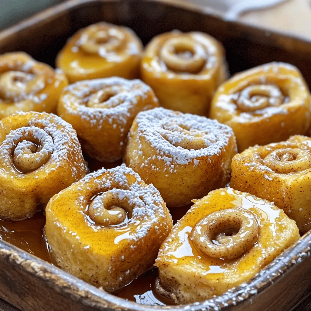 - 1 can (16 oz) refrigerated cinnamon rolls - 4 large eggs - 1/2 cup milk - 1 teaspoon vanilla extract - 1/2 teaspoon ground cinnamon - 1/4 cup maple syrup (plus extra for serving) - 2 tablespoons butter, for greasing the baking dish - Optional: powdered sugar for dusting When making cinnamon roll French toast bites, the key is to pick fresh ingredients. Each item plays a role in creating a warm, sweet treat. The refrigerated cinnamon rolls bring that classic flavor, while eggs and milk help bind everything together. Vanilla extract adds a nice aroma, and ground cinnamon brings warmth to each bite. - Baking dish - Whisk - Mixing bowl - Knife - Measuring cups and spoons Using the right tools helps make cooking easier and more fun. A baking dish is needed to hold the bites as they bake. A whisk and mixing bowl allow you to mix the egg mixture well. A knife is essential for cutting the cinnamon rolls into quarters. Measuring cups and spoons ensure you add the right amounts of each ingredient. - Look for fresh cinnamon rolls with no signs of damage. - Choose eggs that are free-range or organic for better taste. - Select pure maple syrup instead of pancake syrup for richer flavor. When you select quality ingredients, your dish shines. Fresh cinnamon rolls will taste better and bake up nicely. Eggs from healthy chickens add flavor and nutrition. Pure maple syrup enhances the sweetness and pairs perfectly with the bites. Following these tips will help you create a delicious meal. For the full recipe, check out the details above. First, preheat your oven to 375°F (190°C). This helps the bites bake evenly. Next, grab your baking dish and grease it with butter. A 9x9-inch dish works best. Now, open the can of cinnamon rolls. Separate each roll carefully. Cut each roll into quarters. This will make bite-sized pieces. Arrange these pieces in your greased baking dish. You want them spread out evenly for even cooking. In a large bowl, whisk together four eggs, half a cup of milk, one teaspoon of vanilla extract, half a teaspoon of ground cinnamon, and a quarter cup of maple syrup. Use a whisk to blend it smoothly. This step is crucial for flavor. Next, gently add your chopped cinnamon roll pieces into the egg mixture. Stir carefully to coat each piece. Allow them to soak for about five minutes. This helps the cinnamon rolls absorb all the flavors. Transfer the cinnamon roll bites into the greased baking dish. Spread them out evenly. Pour any remaining egg mixture over the top. This adds moisture and flavor. Now, bake in the preheated oven for 20-25 minutes. Check that the bites are set and golden brown. Once baked, remove them from the oven and let them cool for a few minutes. For serving, you can sprinkle powdered sugar on top if you like. Serve warm with extra maple syrup on the side for drizzling. Enjoy your Cinnamon Roll French Toast Bites! To make the best cinnamon roll French toast bites, soak them for about 5 minutes. This time allows the egg mixture to soak in, giving you a soft and creamy texture. Make sure each piece is well-coated. This step is key for flavor and moisture. For even baking, spread the pieces in a single layer. Avoid stacking them, as this can lead to uneven cooking. Position them evenly in the baking dish, ensuring they have space to puff up and brown nicely. When it comes to toppings, you have plenty of tasty options! Dust these bites with powdered sugar for a sweet touch. You can also add a dollop of whipped cream for extra creaminess. Drizzling with warm maple syrup enhances the flavor greatly. Pair your cinnamon roll bites with fresh fruit like strawberries or blueberries. A side of crispy bacon or sausage can add a savory contrast. These sides create a balanced breakfast that is sure to please everyone. Be careful not to overbake your bites. Check them at 20 minutes. They should be golden brown but still soft. If they get too dry, they won’t be as tasty. Another mistake to avoid is not using enough butter in the baking dish. Greasing the dish well helps prevent sticking and ensures an easy serving. Just a light coat of butter goes a long way in creating a perfect, non-stick surface. {{image_2}} You can make your cinnamon roll French toast bites even more fun. Try adding fruit like berries or bananas. Nuts like pecans or walnuts add a nice crunch. For a sweet twist, mix in chocolate chips. You can also play with spices. Nutmeg gives a warm touch, while allspice adds a hint of depth. These tweaks let you create a unique flavor. If you need gluten-free options, look for gluten-free cinnamon rolls. Many brands offer great taste without gluten. For dairy-free needs, use almond milk or oat milk instead of regular milk. You can also swap eggs with a flaxseed mixture or dairy-free yogurt. These changes keep your bites tasty. You can serve these bites in different ways. Bite-sized pieces are perfect for sharing. They are great for brunch or a small gathering. If you want something classic, serve it like traditional French toast. Just stack the bites on a plate. You can also get creative with presentation. Use a big platter and drizzle syrup on top. Add fresh fruit or a dusting of powdered sugar for a stunning look. For more delicious ideas, check out the Full Recipe! To keep your cinnamon roll French toast bites fresh, store them in an airtight container. Place the bites in the fridge within two hours of cooking. This helps prevent bacteria growth. When you want to reheat them, use an oven or microwave. For the oven, set it to 350°F (175°C) and heat for about 10 minutes. If using a microwave, warm them for 30 seconds at a time until hot. If you want to save some for later, freezing is a great option. First, let the bites cool completely. Then, place them in a single layer on a baking sheet. Freeze for about an hour until firm. After that, transfer them to a freezer bag. Remove as much air as possible before sealing. To thaw, just leave them in the fridge overnight. For reheating, use the oven at 350°F (175°C) for about 15 minutes. Cinnamon roll French toast bites stay good in the fridge for up to three days. Check for signs of spoilage. If they smell off, have a strange color, or appear moldy, it's best to throw them away. Keeping track of these details helps you enjoy your bites safely. For the full recipe, check the earlier section. You can make Cinnamon Roll French Toast Bites using a few simple steps. First, you need to gather your ingredients. Here’s what you’ll need: - 1 can (16 oz) refrigerated cinnamon rolls - 4 large eggs - 1/2 cup milk - 1 teaspoon vanilla extract - 1/2 teaspoon ground cinnamon - 1/4 cup maple syrup (plus extra for serving) - 2 tablespoons butter, for greasing the baking dish - Optional: powdered sugar for dusting For substitutes, you can use homemade dough if you prefer. Just ensure it has a good cinnamon flavor. You can also use gluten-free dough if that suits your needs. Yes, you can explore different flavors! Using flavored cinnamon rolls can add a fun twist. Here are some ideas for flavor variations: - Apple Cinnamon: Try apple cinnamon rolls for a fruity touch. - Pumpkin Spice: Perfect for fall, these add warm spices. - Chocolate Chip: A sweet treat that kids love! - Caramel Pecan: Great for a rich, nutty flavor. Feel free to mix and match flavors to find your favorite! Cinnamon Roll French Toast Bites are tasty on their own, but you can make them even better. Here are some ideas for breakfast spreads and sides: - Maple Syrup: Always a classic choice for drizzling. - Whipped Cream: Adds a light, creamy touch. - Fresh Fruit: Berries or banana slices make a great complement. - Ice Cream: For a dessert twist, serve with a scoop of vanilla ice cream. These simple additions can elevate your breakfast delight! For the full recipe, check out the [Full Recipe]. In this blog, we explored how to make delicious Cinnamon Roll French Toast Bites. We discussed key ingredients, cooking tools, and selection tips. I shared step-by-step instructions to guide you through the process. We also covered tips for the best results and creative serving ideas. With these insights, you can enjoy a fun twist on classic French toast. Embrace these ideas and enjoy this tasty dish with friends and family. Happy cooking!