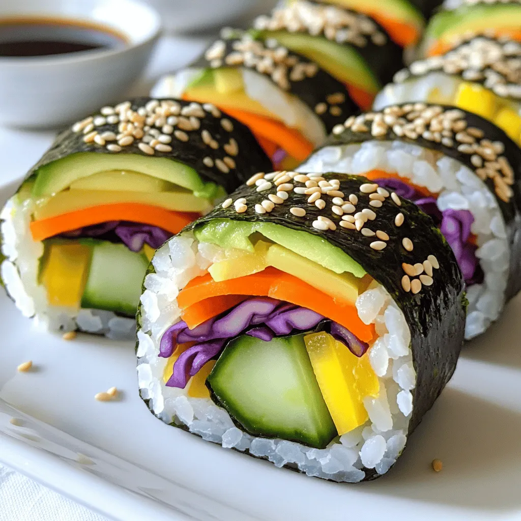 To make your Rainbow Veggie Sushi Rolls, you need a few key items. Here’s what to gather: - 2 cups sushi rice - 2 ½ cups water - ¼ cup rice vinegar - 1 tablespoon sugar - 1 teaspoon salt - 4 sheets of nori (seaweed) - 1 small carrot, julienned - 1 cucumber, julienned - 1 small bell pepper (red or yellow), julienned - 1 avocado, sliced - ½ cup purple cabbage, thinly sliced - Sesame seeds for garnish - Soy sauce, for dipping These ingredients create a bright and fresh roll packed with flavor and color. You can customize your rolls with optional add-ins. Here are some ideas: - Pickled radishes for a tangy kick - Cream cheese for extra creaminess - Fresh herbs like cilantro or mint for added freshness - Spicy mayo for those who like heat - Chopped green onions for a nice crunch Feel free to mix and match according to your taste! Choosing the right veggies is key for great sushi. Here’s how to pick the best: - Look for vibrant colors: Bright colors mean fresh and tasty veggies. - Check for firmness: Choose firm vegetables. They hold shape better in rolls. - Smell the produce: Fresh veggies have a clean, pleasant smell. - Buy seasonal produce: Seasonal vegetables often taste better and are cheaper. Using fresh ingredients makes your sushi rolls even more delicious! First, rinse the sushi rice. Use cold water until it runs clear. This step removes excess starch. Drain the rice well in a colander. Next, combine the rinsed rice and water in a medium saucepan. Bring it to a boil on high heat. Then reduce the heat to low and cover the pot. Let it simmer for about 20 minutes. The rice should become tender and fluffy. While the rice cooks, mix rice vinegar, sugar, and salt in a small bowl. Heat it slightly to dissolve the sugar and salt. Let this mixture cool down. Once the rice is ready, transfer it to a large bowl. Gently fold in the vinegar mixture. This step adds flavor to the rice. Allow the rice to cool to room temperature before rolling. Now, grab a bamboo sushi mat. Lay it on a clean surface. Place a sheet of nori, shiny side down, on the mat. Wet your hands with water to avoid sticking. Take about ½ cup of sushi rice and spread it evenly over the nori. Leave a 1-inch border at the top. Next, arrange a line of julienned carrot, cucumber, bell pepper, and avocado across the center of the rice. Also, add thinly sliced purple cabbage for color. Carefully lift the edge of the mat closest to you. Roll it over the filling while pressing gently. Continue to roll tightly until you reach the nori border. Moisten the edge of the nori with a bit of water to seal the roll. Repeat this for other sheets of nori and filling. Use a sharp knife to slice each sushi roll into 6-8 pieces. Wipe the knife with a damp cloth between cuts. This keeps the slices clean and neat. Sprinkle sesame seeds over your sliced rolls for a nice touch. Serve the sushi with soy sauce for dipping. You can enjoy these colorful and healthy treats as a snack or meal. For the full recipe, refer to the earlier sections. When making sushi rolls, avoid overstuffing. Too many fillings make rolling hard. Also, keep your hands wet. This stops the rice from sticking. If the rice is too warm, let it cool a bit. Warm rice can make the nori soggy. Lastly, don’t skip the sealing step. If you don’t moisten the edge, the roll may come apart. Start with a clean bamboo mat. Place the nori shiny side down. Spread the rice evenly but leave a border at the top. Arrange your veggies in a line, not piled high. When you roll, use your fingers to press gently. This keeps everything in place. Roll tightly without squeezing too hard. Moisten the nori edge to seal it well. Practice makes perfect, so don’t worry if it’s not perfect at first! Make your sushi look as good as it tastes! Slice the rolls into even pieces. Use a sharp knife and wipe it clean after each cut. Arrange the pieces on a colorful plate. You can sprinkle sesame seeds on top for extra flair. Serve with small bowls of soy sauce on the side. Add some pickled ginger and wasabi for a vibrant touch. For a fun twist, use edible flowers for decoration. Enjoy your beautiful rainbow sushi rolls! For the full recipe, check out the instructions above. {{image_2}} You can add protein to your rainbow veggie sushi rolls for a filling meal. Tofu, shrimp, or crab all work well. For tofu, use firm or extra-firm. Press it to remove excess water, then cut it into thin strips. If you like shrimp, use cooked shrimp that you can slice in half lengthwise. For crab, use imitation crab sticks for a fun twist. Just layer the protein along with your veggies before rolling. This gives your sushi rolls a tasty boost. Don't feel limited to just the veggies in the recipe. You can switch them out for other colorful choices. Try using radishes for a peppery bite or zucchini for a mild flavor. Sweet potato adds a creamy texture, while asparagus can give a nice crunch. You can even use mango for a sweet surprise! Just remember to julienne or slice them thinly for easy rolling. The more colors and textures, the more fun your sushi will be! Sauces can turn your sushi from good to great. A spicy mayo is a fantastic option. Mix mayonnaise with sriracha for heat. For a sweet contrast, try a honey-soy dip. Just combine soy sauce with a bit of honey until it’s smooth. You can also make a sesame dipping sauce by mixing soy sauce, sesame oil, and a sprinkle of sesame seeds. This adds another layer of flavor and makes it even more enjoyable. Remember to serve your rolls with one or more sauces for a delightful treat. Check out the Full Recipe to see how these variations fit into your sushi-making adventure! To keep leftover sushi rolls fresh, wrap them in plastic wrap. This keeps them moist. Place the wrapped rolls in an airtight container. Store them in the fridge. They stay good for about 24 hours. After that, the rice and veggies lose their texture and flavor. Freshness is key for your sushi. Here are some tips: - Buy fresh: Always choose vibrant, crisp veggies. Look for firm cucumbers and bright bell peppers. - Store properly: Keep vegetables in the crisper drawer of your fridge. This keeps them cool and fresh. - Buy in small amounts: Only buy what you need. This helps reduce waste and ensures you use fresh ingredients. Sushi is best enjoyed fresh, but if you need to reheat, do it gently. - Microwave: Place sushi on a microwave-safe plate. Heat for about 10 seconds. Check the warmth, then repeat if necessary. - Serve cold: You can also serve leftover sushi cold. It still tastes great with soy sauce! For the full recipe, refer to the Rainbow Veggie Sushi Rolls section. Enjoy your colorful and healthy treat! Yes, you can make sushi rolls ahead of time. It’s best to keep them in the fridge. Wrap each roll in plastic wrap to keep them fresh. They can last about a day. However, the rice may harden a bit. For the best taste, enjoy them fresh. You should use sushi rice for the best results. This type of rice is sticky and holds together well. Look for short-grain sushi rice at your store. It cooks up soft and chewy, making it perfect for rolling. Regular rice won’t work as well for sushi. To keep sushi rolls together, use enough rice and fill them properly. Make sure to spread the rice evenly on the nori. Don’t overfill with veggies, or it will be hard to roll. Wet your fingers when handling the rice to help it stick. Rolling tightly is key, so press gently but firmly as you roll. Rainbow veggie sushi rolls are fun and healthy. We covered essential ingredients, from rice to fresh veggies. Then, I shared step-by-step instructions for rolling and serving. Common mistakes and tips helped boost your sushi skills. Consider variations with protein, spices, or different veggies to keep it exciting. Finally, we reviewed storage tips to keep your rolls fresh. Now, you have all you need to create perfect sushi at home. Enjoy crafting your unique rolls that shine with color and taste!
