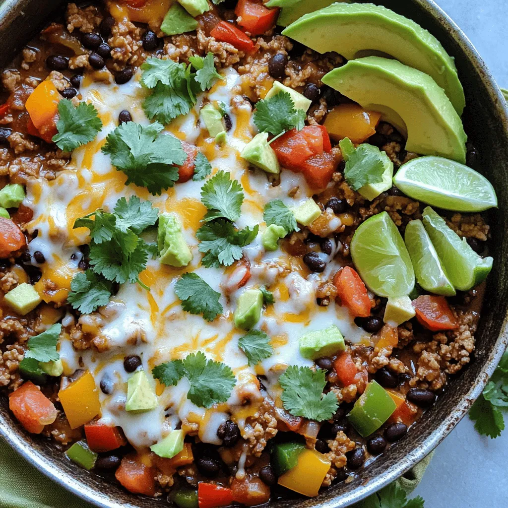 - 1 lb ground turkey - 1 tablespoon olive oil - 1 small onion, diced - 2 cloves garlic, minced - 1 bell pepper (any color), diced - 1 can (15 oz) black beans, drained and rinsed - 1 can (15 oz) diced tomatoes, with juices - 1 cup corn (fresh or frozen) - 2 teaspoons chili powder - 1 teaspoon cumin - ½ teaspoon paprika - Salt and pepper to taste - 1 cup shredded cheese (cheddar or Mexican blend) - Fresh cilantro, chopped (for garnish) - Avocado slices (for serving) - Lime wedges (for serving) Gather all your ingredients before you start. This makes cooking quick and easy. Chop the onion, garlic, and bell pepper. Drain and rinse the black beans. If you use frozen corn, measure out one cup. You can also prep your toppings now. Chop the cilantro and slice the avocado. It saves time later and keeps everything neat. With everything ready, you can focus on cooking. For a fun twist, consider serving with taco shells or tortilla chips. This adds a crunchy element and makes the meal even more enjoyable. Don’t forget to check out the full recipe for detailed cooking steps! Step 1: Sauté onion and garlic First, heat the olive oil in a large skillet over medium heat. Add the diced onion and sauté it for about 3-4 minutes. You want the onion to be soft and clear. Next, stir in the minced garlic and cook it for another 30 seconds. This will bring out the garlic's great smell. Step 2: Brown the ground turkey Now, add the ground turkey to the skillet. Use a spatula to break it up as it cooks. Keep stirring until the turkey turns brown, which should take about 5-7 minutes. This step is key for flavor. Step 3: Add bell pepper and other ingredients Next, mix in the diced bell pepper. Cook it for another 3-4 minutes until soft. After that, add the drained black beans, diced tomatoes (with juices), corn, chili powder, cumin, and paprika. Season this mix with salt and pepper to taste. Step 4: Simmer and melt cheese Lower the heat to let the mixture simmer. Cover and let it cook for about 10 minutes. Stir it occasionally to avoid sticking. After the 10 minutes, sprinkle the shredded cheese on top. Cover the skillet again for 2-3 minutes until the cheese melts. Step 5: Garnish and serve Once the cheese is melted, take the skillet off the heat. Garnish with chopped cilantro. Serve the turkey taco skillet hot. You can add avocado slices and lime wedges on the side for extra flavor. For fun, serve it directly in the skillet! For the full recipe, refer to the earlier section. Enjoy your delicious creation! - Browning the turkey: Start by heating your skillet first. Add olive oil and ground turkey. Break the turkey into small pieces with a spatula. Cook until it turns brown, about 5-7 minutes. Make sure to stir often for even cooking. This step adds great flavor. - Avoiding overcooked vegetables: Add your vegetables at the right time. Onions and garlic should go first. Cook them until soft. Then, add bell peppers and cook for just a few minutes. This keeps them crunchy and bright. - Seasoning adjustments: You can change the spices to suit your taste. If you like a milder flavor, use less chili powder. You can also try adding herbs like oregano or thyme. This will bring new tastes to your skillet. - Adding spice for heat: If you want a kick, add jalapeños or a few drops of hot sauce. Stir them in while cooking. This gives your dish a nice warm glow. You can taste as you go to find the right heat level for you. For the full recipe, check out the Turkey Taco Skillet . {{image_2}} You can change the ground turkey in many ways. Try ground beef, chicken, or even plant-based meat. Each option gives a unique taste and texture. If you want a lighter dish, ground chicken works well. If you prefer a meatless meal, use lentils or soy-based crumbles. For beans, you can swap black beans for pinto beans or kidney beans. These options add different flavors. You can also use chickpeas for a fun twist. When it comes to veggies, add zucchini, spinach, or mushrooms. These choices boost nutrition and flavor. Toppings make your dish more fun. Instead of cheddar cheese, try pepper jack or feta. For a fresh touch, use chopped green onions or jalapeños. You can also add sour cream or Greek yogurt for creaminess. Serve your skillet with sides like rice or quinoa. These grains absorb the flavors well. You can also scoop the mixture into taco shells or tortillas for a classic touch. This gives everyone a chance to build their own taco. Enjoy the process of mixing and matching! For the full recipe, check out the Turkey Taco Skillet . To keep your turkey taco skillet fresh, store it right. Use an airtight container. This helps prevent moisture loss and keeps flavors intact. Place the skillet in the fridge within two hours of cooking. You can safely keep it there for about three to four days. Want to save some for later? You can freeze the turkey taco skillet. Let it cool completely before freezing. Scoop portions into freezer-safe bags or containers. Remove as much air as possible to prevent freezer burn. It can last up to three months in the freezer. When you're ready to eat, thaw it in the fridge overnight. Reheat in a skillet over medium heat, stirring often. You can also microwave it, but be sure to cover it to keep moisture. Enjoy your meal just like the first time! For more details, refer to the Full Recipe. Can I make Turkey Taco Skillet in advance? Yes, you can make the Turkey Taco Skillet ahead of time. Just cook it as normal. Let it cool and store it in an airtight container. It will stay fresh in the fridge for up to three days. When ready to eat, reheat it on the stove or in the microwave. How can I modify this recipe for meal prep? To modify this recipe for meal prep, divide the skillet into single servings. Use meal prep containers to store each portion. You can also cook double the recipe for more meals. This saves time and keeps your week easy. What can I serve with Turkey Taco Skillet? You can serve Turkey Taco Skillet with various options. Try taco shells or tortilla chips for fun crunch. A side of rice, quinoa, or a simple salad works great too. Fresh avocado and lime wedges add a nice touch. Is this recipe gluten-free? Yes, this Turkey Taco Skillet is gluten-free. All the ingredients, such as ground turkey, beans, and spices, do not contain gluten. Just check the labels on your canned goods to be sure. Can I make it dairy-free? Yes, you can make this dish dairy-free. Simply omit the cheese or use a dairy-free cheese alternative. This keeps the flavors intact while fitting your dietary needs. This Turkey Taco Skillet mixes simple ingredients for a tasty meal. You learned how to prep quickly, cook effectively, and add your own flair. The tips also help you store leftovers and make changes for your diet. Enjoy the flavors, and remember, cooking is fun! Keep experimenting with new ideas and enjoy your time in the kitchen. Whether for family or friends, this skillet dish will always impress. Start cooking and share your tasty results!