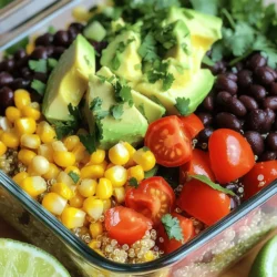 - 1 cup quinoa - 1 can (15 oz) black beans, drained and rinsed - 1 cup corn (fresh, frozen, or canned) - 1 red bell pepper, diced - 1 avocado, diced - 1/2 cup cherry tomatoes, halved - Juice of 1 lime - 1 teaspoon cumin - 1/2 teaspoon smoked paprika - Fresh cilantro, chopped - Olive oil for drizzling - Medium saucepan - Large mixing bowl - Measuring cups and spoons - Stirring utensils To make a savory Southwest quinoa bowl, gather these ingredients first. Quinoa is the star of the show, providing a nutty flavor and a boost of protein. Next, black beans add texture and richness. Corn brings sweetness, while the red bell pepper adds crunch and color. Don't forget the creamy avocado and juicy cherry tomatoes for a fresh finish. For seasoning, we need lime juice to add brightness. Cumin and smoked paprika bring warmth and depth. Fresh cilantro gives a burst of flavor and a lovely green pop. Drizzle some olive oil for richness. You will also need simple tools. A medium saucepan cooks the quinoa perfectly. Use a large mixing bowl to combine all ingredients. Measuring cups and spoons help ensure the right amounts, and stirring utensils mix everything nicely. Follow the [Full Recipe] for a complete guide to creating this delicious bowl! To start, rinse the quinoa under cold water. This removes any bitter taste. Next, in a medium saucepan, combine the rinsed quinoa and two cups of vegetable broth or water. Bring this mixture to a boil over medium-high heat. Once it boils, reduce the heat to low. Cover the pan and let it simmer for about 15 minutes. You want the quinoa to absorb all the liquid and become fluffy. After cooking, remove it from the heat and keep it covered for five more minutes. This resting time helps the quinoa become even fluffier. Now, let’s mix the veggies and beans. In a large mixing bowl, combine one can of black beans (drained and rinsed), one cup of corn, one diced red bell pepper, halved cherry tomatoes, and finely chopped red onion. Then, add the cooked quinoa to this colorful mix. Gently stir everything together until it’s evenly blended. Now it's time to add flavor! Drizzle lime juice over the mixture, then sprinkle in one teaspoon of cumin, half a teaspoon of smoked paprika, salt, and pepper to taste. Toss everything gently to combine. Let it sit for about five minutes so the flavors can meld beautifully. When serving the quinoa bowl, use individual bowls for a nice presentation. Start by placing a generous scoop of the quinoa mixture in each bowl. Top it with diced avocado and sprinkle fresh cilantro on top. For a finishing touch, drizzle a bit of olive oil for extra richness. To make it even prettier, layer the ingredients in a clear glass bowl. This way, everyone can see the vibrant colors. You can also add lime wedges on the side for a fresh squeeze before enjoying your meal. For the full recipe, check the details above! - How to achieve the ideal quinoa texture To get fluffy quinoa, rinse it well before cooking. Use two cups of broth for one cup of quinoa. This adds flavor. Cook it until all the liquid is gone. Let it sit for five minutes after cooking. This helps the grains separate. - Adjusting flavors to taste Tasting is key. Add more lime juice for brightness. If you like heat, sprinkle in some chili powder. Mix and match spices like cumin and smoked paprika for your favorite flavor. - Batch cooking quinoa Cook a large batch of quinoa at once. You can store it for up to five days in the fridge. This saves time on busy days. - Prepping veggies in advance Chop your veggies the night before. Store them in airtight containers. This keeps them fresh and ready for your bowl. - Adding additional proteins For more protein, add grilled chicken or chickpeas. You can also mix in nuts or seeds for crunch. - Incorporating more vegetables Add spinach, zucchini, or carrots for extra nutrition. The more colorful your bowl, the better it looks and tastes! For the full recipe, check out the Southwest Quinoa Bowl. Enjoy making your meal fun and healthy! {{image_2}} You can easily add protein to your Southwest quinoa bowl. Here are a few options: - Grilled chicken or shrimp: Both add great flavor and texture. Simply grill your choice and slice it to top your bowl. - Tofu or tempeh options: For a plant-based option, marinate and grill or sauté tofu or tempeh. They soak up flavors well. Each protein choice brings a different taste to your bowl. Experiment to find your favorite! Adjust the spice level to suit your taste. Here’s how: - Spice level adjustments: Add jalapeños or chili powder for heat. Start with a little and add more if needed. - Different seasoning blends: Try taco seasoning or a dash of cayenne for a kick. You can always mix it up with your favorite spices. These small changes can make a big difference in flavor! Change up the ingredients for a unique twist. Consider these ideas: - Using different beans or grains: Swap black beans for pinto or kidney beans. You can also use farro or brown rice instead of quinoa. - Seasonal ingredient swaps: Use fresh veggies like zucchini or sweet potatoes when in season. They add new flavors and textures. These variations keep the dish exciting and fresh! For the full recipe, check out the recipe link. After making your Southwest quinoa bowl, you might have some leftovers. To keep them fresh, store them in the fridge. Use an airtight container to prevent any odors from mixing. Glass containers work well, but plastic ones are fine too. If you want to save your quinoa bowl for later, freezing is a great option. Place the bowl in a freezer-safe container. Make sure to leave some space at the top, as food expands when it freezes. When you are ready to eat, thaw it in the fridge overnight. Reheat in the microwave or on the stove until hot. You can keep the quinoa bowl in the fridge for about three days. If you freeze it, it can last up to three months. Check for signs of spoilage before eating. If it smells bad or has mold, it's best to throw it out. Enjoy your delicious meal without worry! A Southwest Quinoa Bowl is a tasty dish. It combines quinoa with fresh veggies and beans. The main ingredients include quinoa, black beans, corn, and bell peppers. You can top it with avocado and cherry tomatoes. This dish is colorful and full of flavor. It is also very filling and healthy. Yes, quinoa is gluten-free. This makes it great for those with gluten allergies. Quinoa is high in protein and fiber. It also contains essential amino acids. Eating quinoa can aid digestion and keep you full longer. It is a smart choice for any meal. Absolutely! You can change the flavors to suit your taste. Consider adding grilled chicken or shrimp for protein. You can also swap in your favorite veggies. Try adding jalapeños for heat or cilantro for freshness. The options are endless! Making the Southwest Quinoa Bowl vegan is easy. Just skip any animal products. Use vegetable broth instead of chicken broth. You can add more veggies or beans for protein. Tofu or tempeh can also be a great addition. Enjoy a bowl that is plant-based and delicious! This blog post guided you through making a tasty Southwest quinoa bowl. We covered all the main ingredients, steps, and tips. You learned how to cook quinoa, mix ingredients, and store leftovers. Remember, this dish is easy to customize with various proteins and flavors. You can make it your own while enjoying its health benefits. Try experimenting with different ingredients and seasonings to create something special. Enjoy your culinary journey with this delightful quinoa bowl!