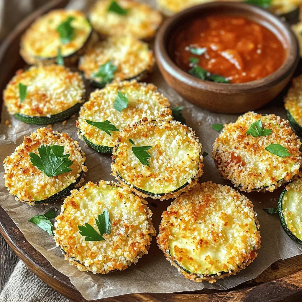 - 2 medium zucchinis, sliced into ½-inch rounds - 1 cup breadcrumbs (preferably panko for extra crunch) - ½ cup grated Parmesan cheese - 1 teaspoon garlic powder - 1 teaspoon dried Italian herbs - 1 large egg, beaten - Salt and pepper to taste - Olive oil spray You need fresh zucchinis for the best taste. Look for firm zucchinis with shiny skin. The panko breadcrumbs give these bites their crunch. If you want, you can mix in some spices to make them even more tasty. Each serving has about 150 calories. You will find around 8 grams of fat, 15 grams of carbs, and 5 grams of protein. Zucchini is low in calories and high in water. It helps keep you hydrated. Parmesan cheese adds flavor and calcium to your meal. Both ingredients make this dish healthy and delicious. With the right mix of flavors and textures, these Air Fryer Zucchini Parmesan Bites become a fun snack or side dish. You can check the Full Recipe for more details on how to make them. 1. Prepping the zucchinis and egg mixture Start by washing the zucchinis. Slice them into ½-inch rounds. This size helps them cook evenly. In a bowl, beat one large egg until smooth. This will help the breadcrumbs stick. 2. Combining breadcrumb and cheese mixture In another bowl, mix the breadcrumbs, grated Parmesan cheese, garlic powder, and dried herbs. Add salt and pepper to taste. This mix gives the bites their flavor and crunch. 1. Preheating the air fryer Preheat your air fryer to 400°F (200°C). This step is key for crispy bites. 2. Coating and arranging the zucchini bites Dip each zucchini slice in the egg, coating it well. Then, dredge it in the breadcrumb mixture. Press down gently to help the crumbs stick. Arrange the coated slices in a single layer in the air fryer basket. This helps them cook evenly. 3. Cooking time and tips for even frying Air fry the zucchini bites for 10 to 12 minutes. Shake the basket halfway through. This ensures they crisp up nicely on all sides. Keep an eye on them. You want a golden brown color. 1. Presentation ideas with marinara sauce Serve the zucchini bites hot on a platter. Pair them with marinara sauce for dipping. The sauce adds a nice touch and balances the flavors. 2. Garnishing options for added flavor Consider garnishing with fresh parsley. It adds color and a hint of freshness. You can also sprinkle more Parmesan on top for extra flavor. Enjoy your crispy Air Fryer Zucchini Parmesan Bites! For the full recipe, check out the earlier section. To get the best crunch from your zucchini bites, use panko breadcrumbs. Panko has a lighter texture than regular breadcrumbs. This gives you a crispier finish. When you coat your zucchini, use olive oil spray. This adds flavor and helps the breadcrumbs stick. A light spray before cooking makes a big difference in texture. If your zucchini bites turn out soggy, check the moisture. Zucchini has a lot of water. You can salt the slices and let them sit for 10 minutes. This draws out extra moisture. Dry them well before coating. For uneven cooking, shake the basket halfway through. This helps the hot air flow evenly around all bites. To boost the flavor, try different spices and herbs. You can add cayenne for heat or smoked paprika for depth. Fresh herbs can also enhance the taste. Experiment with different cheeses too. Mozzarella or cheddar can replace Parmesan for a fun twist. Each cheese brings its own unique flavor, so mix it up! For the complete recipe, check the [Full Recipe]. {{image_2}} You can make these zucchini bites gluten-free. Just swap regular breadcrumbs for gluten-free panko. This keeps them crunchy while meeting your needs. For a vegan twist, use ground flaxseed mixed with water instead of the egg. This will bind the ingredients and still give you tasty bites. Want to spice things up? Add cayenne or paprika to the breadcrumb mix. This gives your bites a nice kick. You can also try different herbs like dill or cilantro. Fresh herbs can elevate the taste and make it unique. Pair these zucchini bites with marinara sauce for dipping. The sauce adds flavor and moisture. You can also serve them with ranch or garlic aioli for variety. If you like, toss them into a salad or serve them as a side to grilled chicken. They fit well in many meals, so be creative! To keep your air fryer zucchini Parmesan bites fresh, refrigerate them in an airtight container. This method locks in flavor and moisture. They stay tasty for about 3 to 4 days in the fridge. If you want to keep them longer, freeze them. Wrap each piece in plastic wrap, then place them in a freezer-safe bag. They can last up to 2 months in the freezer. When it’s time to enjoy leftovers, use your air fryer for the best results. Preheat the air fryer to 350°F (175°C). Place the zucchini bites in the basket in a single layer. Air fry for about 5 to 7 minutes. This method makes them crispy again, just like the first time. You can also use a conventional oven, but the air fryer gives the best crispiness. If you want to prepare ahead, slice the zucchinis and store them in the fridge. You can mix the breadcrumbs and cheese ahead, too. Just keep them in a separate container. When you're ready to cook, dip the zucchini and coat them quickly. This way, you'll save time on busy days. Pair these bites with a fresh salad or a bowl of soup for a full meal. Check out the Full Recipe for more ideas. To get crispy zucchini parmesan bites, air fry them for about 10-12 minutes at 400°F (200°C). This time gives them a nice golden color. Shake the basket halfway through to help them cook evenly. Yes, you can use frozen zucchini, but there are tips to follow. Thaw the zucchini first and pat it dry to remove excess moisture. This helps keep the bites crispy. If you skip this step, the bites may turn out soggy. These bites pair well with many dishes. Consider serving them with marinara sauce for dipping. You can also add a side salad or garlic bread. They make great appetizers or snacks. You can bake them in the oven instead. Preheat your oven to 425°F (220°C). Arrange the coated zucchini on a baking sheet lined with parchment paper. Bake for about 20-25 minutes, flipping halfway through, until golden and crispy. This method works well, but the air fryer gives a unique crispiness. For the full recipe, check out the details above. This blog post covered how to make delicious air fryer zucchini Parmesan bites. You learned about the key ingredients, step-by-step instructions, and tips for perfecting your dish. We explored variations, storage, and common questions. These bites are not just tasty; they also offer health benefits. Try them with different dips or experiment with spices to make them your own. Enjoy the ease and joy of this recipe!