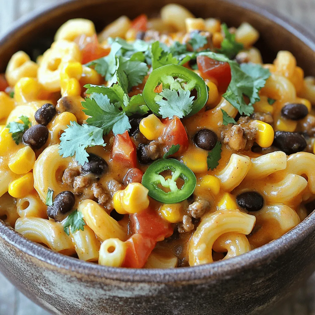 - 1 pound ground beef or turkey - 2 cups elbow macaroni - 1 packet taco seasoning - Chopped cilantro - Sliced jalapeños - Extra cheese - 3 cups chicken or vegetable broth - 1 cup canned diced tomatoes (with juices) - 1 cup corn (canned or frozen) - 1 cup black beans, drained and rinsed For my One-Pot Taco Mac, I focus on fresh, good ingredients. I love using ground beef or turkey for that rich taste. The elbow macaroni adds a nice bite, and the taco seasoning brings in all those bold flavors. Optional toppings can make your dish even better. Chopped cilantro gives a fresh touch. I like adding sliced jalapeños for a little heat. If you love cheese, sprinkle some extra on top. I always make sure to have good cooking essentials. The broth is key. It makes the pasta cook perfectly while adding flavor. Canned diced tomatoes give a nice base to the dish. Corn and black beans add sweetness and texture. You can find the full recipe to guide you step by step as you create this dish. Enjoy cooking! - Heat 1 tablespoon of olive oil in a large pot over medium heat. - Add 1 finely chopped onion and sauté until it turns soft and clear, about 3-4 minutes. - Next, add 2 minced garlic cloves and cook for 1 minute until it smells great. - Now, add 1 pound of ground beef or turkey to the pot. - Cook the meat until it turns brown, breaking it apart with a spoon for about 5-7 minutes. - Once browned, sprinkle in 1 packet of taco seasoning and stir it well. Let the spices cook for 1 minute. - Pour in 3 cups of chicken or vegetable broth, and add 2 cups of elbow macaroni. - Next, mix in 1 cup of canned diced tomatoes (with juices), 1 cup of corn, and 1 cup of black beans. - Stir everything together until well combined and colorful. - Bring the mixture to a boil, then turn down the heat to low. - Cover the pot and let it simmer for 10-12 minutes, stirring now and then to stop sticking. - Finally, remove the pot from heat and stir in 1 cup of shredded cheddar cheese and 1/2 cup of sour cream until melted and creamy. - Season with salt and pepper to taste. For the full recipe, check out the complete guide to making this delicious One-Pot Taco Mac! Adjusting seasoning levels You can change the taste by adding a bit more taco seasoning. If you want a kick, try adding chili powder or cayenne. Taste the mix as you go. This way, you can find the perfect balance for your family. Choosing the right cheese Cheddar cheese melts well and adds great flavor. You can also try Monterey Jack or pepper jack for a twist. Mixing different cheeses can give extra layers of taste. Just make sure to use fresh cheese for the best melt. How to avoid sticking To keep the pasta from sticking, stir often as it cooks. Adding a splash of broth or water can help too. Make sure your pot is big enough for everything to move around freely. Ensuring even cooking Stir the pot every few minutes. This helps all the ingredients cook evenly. If you notice hot spots, lower the heat a bit to avoid burning the bottom. Ideal toppings for presentation Top your One-Pot Taco Mac with chopped cilantro and sliced jalapeños. A sprinkle of extra cheese never hurts. These toppings add color and freshness to your dish. Pairings with sides or drinks Serve with a side salad for a fresh touch. Cornbread or tortilla chips also pair well. For drinks, go with a light soda or a chilled iced tea. These choices will make your meal feel complete and inviting. {{image_2}} For a fun twist, you can swap ground beef or turkey for chicken. Just use the same cooking steps. If you want a vegetarian option, try using lentils or chickpeas instead. They add great texture and flavor. You can also use different ground meats like pork or lamb. Each meat brings its own taste and can change the dish's vibe. If you need this dish to be gluten-free, use gluten-free pasta. Many brands offer elbow macaroni made from rice or quinoa. For a vegan version, swap the meat for plant-based crumbles. You can also replace cheese and sour cream with dairy-free alternatives. This way, everyone can enjoy One-Pot Taco Mac! Want to spice things up? Try adding more spices like cumin or chili powder. You can also toss in fresh or dried chilies for a kick. If you love veggies, consider adding bell peppers, zucchini, or spinach. They not only add color but also boost nutrition. Each of these twists makes the dish more exciting. Check out the Full Recipe for more ideas! Store your One-Pot Taco Mac in an airtight container. Let it cool first. This helps keep the flavors fresh. Use containers that are safe for the fridge. Glass or plastic containers work well. To freeze, portion the Taco Mac into smaller containers. This makes it easy to reheat later. When you're ready to eat, thaw it in the fridge overnight. For reheating, use a microwave or stovetop. Add a splash of broth or water to keep it moist. In the fridge, your Taco Mac will last about 3 to 4 days. If any signs of spoilage appear, throw it away. Look for an off smell or mold. Always trust your nose and eyes to keep things safe! Can I make One-Pot Taco Mac ahead of time? Yes, you can prepare One-Pot Taco Mac ahead. Cook it, let it cool, and store it in the fridge. It stays tasty for up to three days. Just reheat it on the stove or microwave when you want to eat. How can I spice up this recipe? You can add extra spices like chili powder or cumin. For more heat, try adding sliced jalapeños or hot sauce. Fresh herbs like cilantro also boost flavor. What can I substitute for macaroni? If you need a substitute, use any short pasta. Penne or rotini works great. You can also try gluten-free pasta if you prefer. How do I know when the pasta is done? Check the pasta after about 10 minutes. It should be tender but still firm. This is called "al dente." Taste a piece to be sure! Can I use homemade taco seasoning? Absolutely! Homemade taco seasoning adds a personal touch. Just mix chili powder, cumin, garlic powder, and salt to make your own blend. What other cheeses work well in this recipe? Cheddar is great, but you can also use Monterey Jack or pepper jack for a kick. Cream cheese can make it creamy, too. So feel free to mix and match! In this blog post, we covered how to make a delicious one-pot taco mac. We explored the main and optional ingredients, cooking steps, tips, and variations. Keeping it simple helps everyone enjoy new dishes without the stress. Whether you try different proteins or add spices, there's room for creativity. Make sure to store leftovers properly for the best taste later. Now, you have all the tools to create a fun meal that everyone will love. Enjoy cooking and experimenting with flavors!
