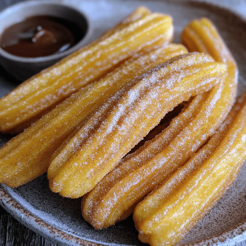 - 1 cup water - 2 tablespoons granulated sugar - 1/2 teaspoon salt - 1/2 cup unsalted butter - 1 cup all-purpose flour - 2 large eggs - 1 teaspoon vanilla extract - Oil for frying - 1/4 cup granulated sugar - 1 tablespoon ground cinnamon - Medium saucepan - Wooden spoon - Piping bag with star tip - Deep skillet or pot To make your homemade cinnamon sugar churros, you need some simple ingredients. First, gather your main ingredients. You will need water, sugar, salt, butter, flour, eggs, and vanilla extract. These items come together to create a dough that puffs up perfectly when fried. Next, you need the coating ingredients. A mix of granulated sugar and ground cinnamon gives churros their signature sweet flavor. This blend is what makes them irresistible! You also need a few tools. A medium saucepan lets you heat the dough mix. A wooden spoon helps you stir everything together. A piping bag with a star tip shapes the churros into their classic form. Finally, a deep skillet or pot is essential for frying. If you want to dive deeper into the steps, check the Full Recipe for more details! First, gather your ingredients. In a medium saucepan, combine: - 1 cup water - 2 tablespoons granulated sugar - 1/2 teaspoon salt - 1/2 cup unsalted butter Bring this mixture to a boil over medium heat. Once boiling, add 1 cup of all-purpose flour all at once. Stir vigorously with a wooden spoon. Mix until the dough forms a ball and pulls away from the sides of the pan. This should take about 1-2 minutes. Next, remove the saucepan from heat. Let the mixture cool for about 5 minutes. This step is important. Then, add 2 large eggs one at a time. Mix well after adding each egg until the dough is smooth. Add 1 teaspoon of vanilla extract to enhance the flavor. Now, it’s time to fry. Heat oil in a deep skillet or pot to 350°F (175°C). Use enough oil to cover the churros. While the oil heats, transfer the churro dough to a piping bag fitted with a star tip. Pipe 6-inch long strips of dough into the hot oil, cutting them with scissors. Fry in batches until golden brown, which takes about 2-3 minutes per side. Once fried, remove churros with a slotted spoon. Drain them on paper towels. For the final touch, roll each churro in a mix of 1/4 cup granulated sugar and 1 tablespoon ground cinnamon while they’re still warm. Enjoy this delightful treat! For the complete process, check the Full Recipe. Cooling the dough is key to great churros. When you take the dough off the heat, let it cool for about 5 minutes. This helps the eggs mix in better without cooking them. The right oil temperature matters too. Heat your oil to 350°F (175°C). Use a deep skillet or pot for even cooking. If your churros turn out too oily, it may be because the oil is not hot enough. When the oil is too cool, churros absorb more oil. Make sure to fry them at the right temperature. If they don’t puff up, your dough might be too thick or you may need to mix the eggs more. The dough should be smooth and easy to pipe. Churros taste best when served warm. Enjoy them right after frying for a crispy bite. You can dip them in chocolate sauce or caramel for an extra treat. Try serving them with whipped cream or a scoop of ice cream for a fun dessert. For more ideas, check out the Full Recipe for more details on delicious dips! {{image_2}} You can make churros even more fun! Try adding chocolate or caramel fillings. Just pipe the dough around your filling. This gives a sweet surprise inside. You can also play with spices in the sugar coating. Try nutmeg or vanilla sugar for a twist. Each variation offers a new taste adventure. If you need a gluten-free treat, use gluten-free flour instead of regular flour. The texture may change a bit, but it still tastes great. You might need to adjust the other ingredients slightly. Make sure to check your baking powder, as some contain gluten. You can bake churros if you prefer a healthier option. To bake, pipe the dough onto a baking sheet and spray with oil. Bake at 400°F (200°C) until golden and crisp. Fried churros are crunchy on the outside and soft inside. Baked churros tend to be drier but still tasty. Each method has its charm, so try both! For the full recipe, check out the detailed instructions in the earlier section. To keep your churros fresh, store them in an airtight container. This helps prevent them from getting soggy. Place parchment paper between layers to absorb moisture. Keep the container at room temperature for the best taste. If you can, eat them within two days for peak flavor. Reheating churros can be tricky. The best method is to use an oven. Preheat the oven to 350°F (175°C). Place the churros on a baking sheet and heat for about 5 to 10 minutes. This method keeps them crispy. You can also use an air fryer for a quick fix. Just heat them for about 3-5 minutes. Avoid microwaving, as it makes them soft and chewy. If you want to save churros for later, freezing works well. For uncooked churros, pipe the dough onto parchment paper. Freeze until firm, then transfer to a freezer bag. For cooked churros, let them cool completely first. Place in an airtight container or freezer bag. To thaw, leave them in the fridge overnight. For reheating, use the oven or air fryer as mentioned before. This keeps them tasty and crispy! For the full recipe, check out Delicious Homemade Cinnamon Sugar Churros . To make churros crispy, you need to focus on a few key factors: - Oil Temperature: Heat the oil to 350°F (175°C) before frying. - Fry in Batches: Do not overcrowd the pot. Fry in small batches. - Drain Well: Use a slotted spoon to let excess oil drip off. - Coating: Roll churros in sugar while warm for a crisp finish. Keeping these in mind will give you that perfect crunch! Yes, you can prepare churro dough ahead of time. Here’s how: - Refrigerate: After making the dough, cover it and store it in the fridge for up to 24 hours. - Bring to Room Temp: Before frying, let the dough sit at room temperature for 30 minutes. This will help the dough fry better and keep its shape. The best oils for frying churros are: - Vegetable Oil: It has a high smoke point and neutral flavor. - Canola Oil: Similar to vegetable oil, it works great for frying. - Peanut Oil: This oil adds a nice flavor and has a high smoke point too. Choose oils that can handle high heat without burning. You can easily change the sugar coating for fun flavors: - Cocoa Powder: Mix cocoa powder with sugar for a chocolate twist. - Nutmeg: Use nutmeg instead of cinnamon for a warm spice flavor. - Vanilla Sugar: Blend vanilla extract and sugar for a sweet, aromatic touch. Try these ideas to make your churros even more exciting! You learned how to make churros from scratch today. We covered ingredients, steps, and storage tips. Remember to let your churro dough cool for the best texture. Fry them at the right temperature for a perfect crunch. If you want something unique, try fillings or baking variations. Keep leftovers fresh by storing them properly. Enjoy your homemade churros with fun dips! With these tips, you'll impress anyone who tries them. Now, go enjoy the delicious taste of your labor!