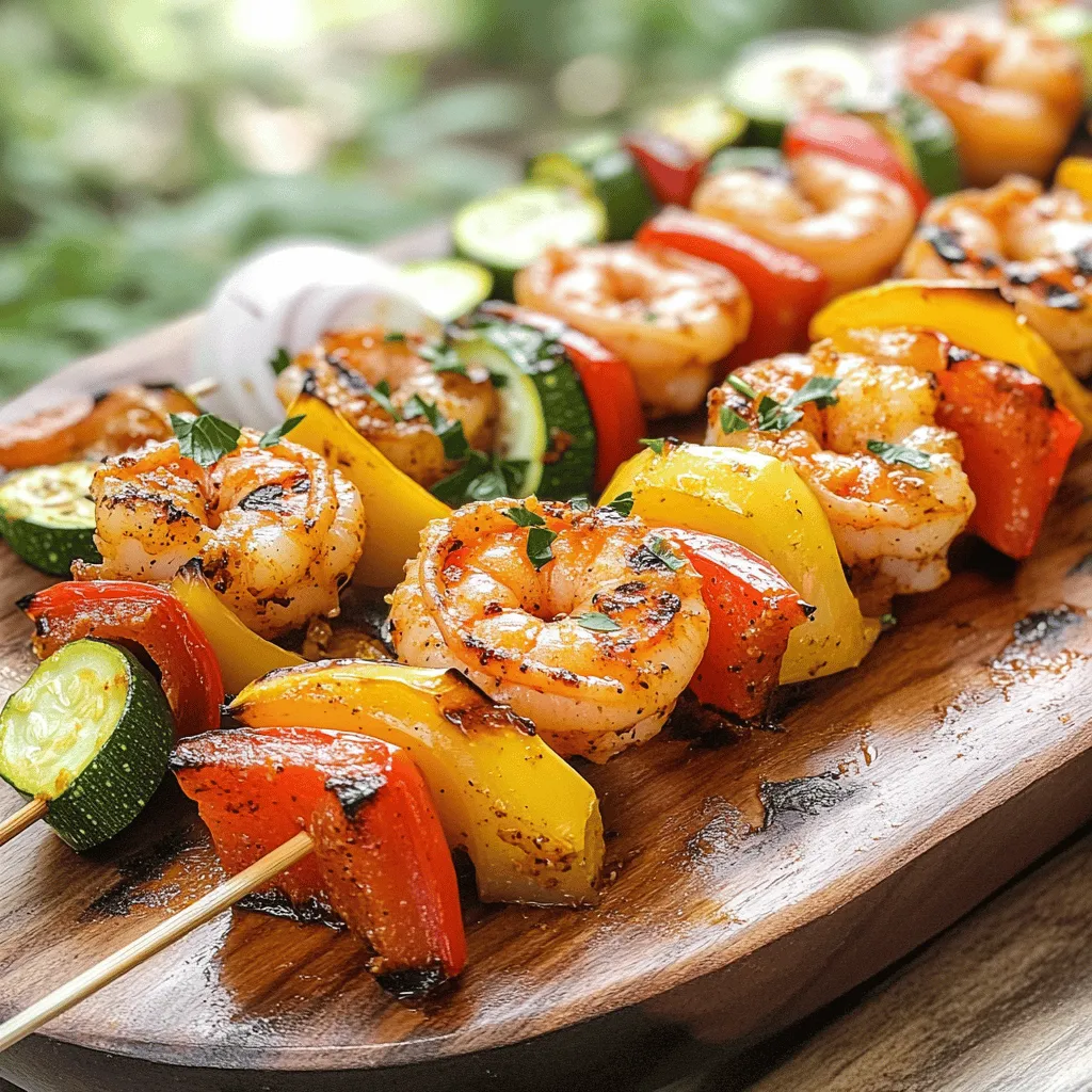 - 1 pound large shrimp, peeled and deveined - 1 red bell pepper, cut into 1-inch pieces - 1 yellow bell pepper, cut into 1-inch pieces - 1 small red onion, cut into wedges - 1 small zucchini, sliced into thick rounds - Fresh parsley, chopped (for garnish) These fresh ingredients give your skewers flavor and color. The shrimp offers protein, while the veggies add crunch. Bell peppers and zucchini bring out the best in Cajun seasoning. - 2 tablespoons olive oil - 2 tablespoons Cajun seasoning - 1 teaspoon garlic powder - 1 teaspoon lemon zest - Salt and pepper to taste You probably have these pantry staples at home. Olive oil helps everything stick together and prevents sticking on the grill. Cajun seasoning gives the skewers a nice kick. - Pineapple chunks for sweetness - Mushrooms for earthy taste - Cherry tomatoes for juiciness These optional additions can make your skewers even more fun. Pineapple adds a sweet burst, while mushrooms provide depth. Cherry tomatoes can pop in your mouth, adding flavor and moisture. For the full recipe, check out the detailed instructions on creating these delicious skewers. To start, you need to make the marinade. In a large bowl, combine these ingredients: - 2 tablespoons olive oil - 2 tablespoons Cajun seasoning - 1 teaspoon garlic powder - 1 teaspoon lemon zest - Salt and pepper to taste Whisk everything together until it is smooth and well-mixed. This blend gives the shrimp great flavor. Next, add 1 pound of peeled and deveined shrimp to the bowl. Make sure every shrimp is coated in the marinade. Let it sit for 15-20 minutes. This time helps the shrimp absorb the flavors. While the shrimp marinates, soak wooden skewers in water for 10 minutes. This step stops them from burning on the grill. After soaking, it's time to assemble the skewers. Thread the shrimp onto the soaked skewers. Alternate with pieces of: - 1 red bell pepper (cut into 1-inch pieces) - 1 yellow bell pepper (cut into 1-inch pieces) - 1 small red onion (cut into wedges) - 1 small zucchini (sliced into thick rounds) Make sure to space the ingredients well. This helps them cook evenly. Now, preheat your grill or grill pan to medium-high heat. After the shrimp has marinated and the skewers are assembled, place them on the grill. Cook each side for 2-3 minutes. You want the shrimp to turn pink and opaque. The vegetables should be slightly charred but still crisp. Once done, take the skewers off the grill and let them cool for a minute. Serve your skewers on a platter with fresh chopped parsley on top for a pop of color. For the full recipe, check the earlier section. Enjoy your healthy Cajun shrimp skewers! When picking shrimp, look for large ones that are firm and shiny. Fresh shrimp should smell like the sea, not fishy. If you are buying frozen shrimp, choose ones that are individually quick frozen. This keeps them fresh and tasty. Always check the packaging for the catch date. Shrimp should be pink, with no dark spots. Marinating shrimp is key to getting great flavor. I suggest marinating for 15 to 20 minutes. This time allows the shrimp to soak up the Cajun seasoning well. If you marinate too long, the shrimp can get mushy. Always keep the shrimp in the fridge while marinating for safety. To get the best veggies on your skewers, cut them into even pieces. This helps them cook at the same rate. Bell peppers and zucchini are great choices. Grill them until they are slightly charred but still crisp. This gives you that perfect bite, adding flavor and crunch to your Healthy Cajun Shrimp Skewers. For more detailed steps, check the Full Recipe. {{image_2}} You can swap shrimp for chicken, fish, or tofu. Chicken works well with Cajun seasoning. Just cut it into bite-sized pieces and adjust cooking times. Fish like salmon or tilapia also taste great. Tofu can be cubed and marinated for a hearty option. Each protein adds its own twist to the dish. Feel free to mix up the veggies on your skewers. Cherry tomatoes, mushrooms, or asparagus can add color and flavor. You can even use corn on the cob cut into chunks. This gives your skewers a fresh and tasty touch. The more colors, the more fun and healthy your meal! If you want to change the flavor, try different spices. You can use garlic powder, smoked paprika, or cayenne pepper. Italian herbs like oregano or basil also work. Experimenting with spices can create exciting new tastes. This way, you can enjoy a new dish every time! For the full recipe, check out the full recipe section. To store leftover skewers, wait until they cool down. Place them in an airtight container. Keep the container in the fridge. They can last for up to three days. If you want to keep them longer, consider freezing. When reheating, I recommend using the grill or an oven. This keeps the shrimp and veggies from getting soggy. Heat the skewers at 350°F for about 10 minutes. Check often to avoid overcooking the shrimp. You want them warm but not tough. Freezing is great if you want to save skewers for later. Wrap each skewer in plastic wrap. Then, place them in a freezer bag. They can stay in the freezer for up to three months. When you're ready to eat, thaw them in the fridge overnight. You can then reheat them as mentioned before. Enjoy the flavors of your Healthy Cajun Shrimp Skewers again! Cajun seasoning is a mix of spices. It usually has paprika, garlic powder, onion powder, and black pepper. Some blends include thyme and cayenne pepper for more heat. This seasoning gives a bold, warm flavor to dishes. You can use it on meats, seafood, and veggies. Yes, you can make these skewers in the oven. Just preheat your oven to 400°F (200°C). Place the skewers on a baking sheet lined with foil. Cook for 8-10 minutes, flipping halfway. Keep an eye on the shrimp. You want them pink and opaque, just like on the grill. To check if shrimp are done, look for their color. They should turn pink. You can also check their texture. Cooked shrimp are firm to the touch. If you have a meat thermometer, the internal temperature should be 120°F (49°C). This way, you know they're safe and tasty. For more details, check the Full Recipe. In this article, we covered key ingredients for Cajun shrimp skewers and steps for making them. I shared tips on choosing shrimp and timing your marinade. You learned about variations and storage advice to keep leftovers tasty. Remember, making these skewers is fun and easy. Enjoy experimenting with flavors and the cooking process. You can create healthy meals that please everyone!