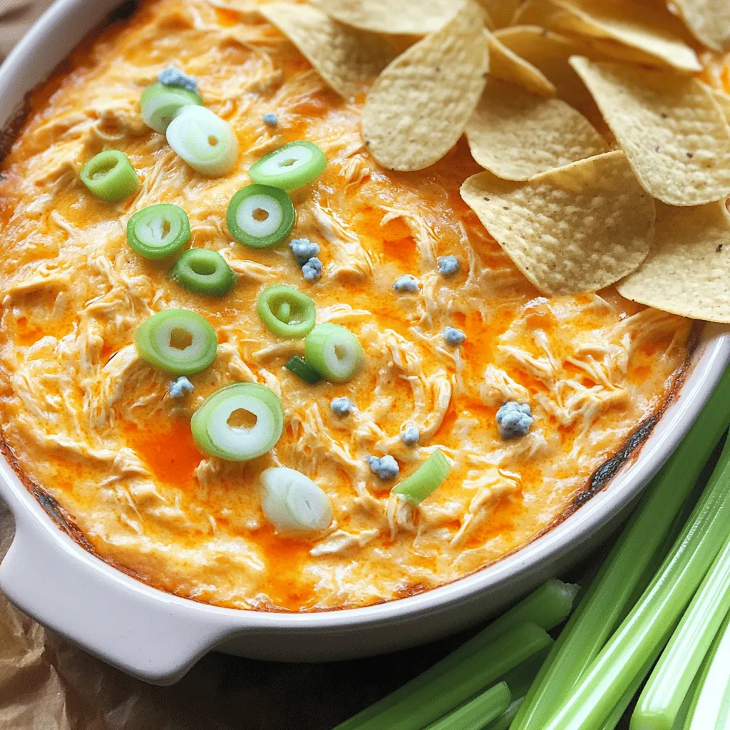 To make my Buffalo Chicken Dip, you need a few simple items. Here’s what you’ll need: - 2 cups shredded cooked chicken - 1 package (8 oz) cream cheese, softened - 1 cup shredded sharp cheddar cheese - 1/2 cup buffalo sauce (adjust to taste) - 1/2 cup ranch dressing - 1/4 cup chopped green onions - 1/4 cup crumbled blue cheese (optional) These main ingredients blend together to create a creamy, spicy, and savory dip that everyone loves. You can add a few extra things to make your dip more special. Consider these options: - Extra buffalo sauce for more heat - Diced jalapeños for a spicy kick - Cooked bacon bits for a smoky taste - More cheese varieties like mozzarella or pepper jack These optional ingredients allow you to customize the dip to your liking and impress your guests. What’s a dip without something to scoop it up with? Here are my favorite choices: - Tortilla chips for that crunchy texture - Celery sticks for a fresh, crisp bite - Carrot sticks for added sweetness - Pita chips for a unique twist These options pair well with Buffalo Chicken Dip and make every bite a delight. For the complete recipe, check out the Full Recipe section. First, you need to preheat your oven to 350°F (175°C). This step helps your dip cook evenly. While the oven heats up, grab a mixing bowl. Make sure it is big enough for all the ingredients. Now, let’s mix everything. Start with the softened cream cheese and buffalo sauce. Blend them together until smooth. Next, add the shredded chicken. This is where the dip gets its heartiness. Pour in the ranch dressing and the sharp cheddar cheese. Stir everything until it’s well mixed. For extra flavor, fold in the crumbled blue cheese and half of the chopped green onions. These add a nice zing to your dip. Once mixed, transfer the dip into a baking dish. Spread it out evenly. Place it in the preheated oven and bake for 20-25 minutes. You want it bubbly and a bit golden around the edges. After baking, take it out and sprinkle the rest of the green onions on top. Serve your dip warm with tortilla chips or celery sticks. Enjoy the flavorful goodness! For the full recipe, check out the Buffalo Bliss Chicken Dip. To get the best texture and flavor, use good quality ingredients. I love using fresh chicken. It gives a rich taste. Make sure your cream cheese is soft. This helps it blend well with the other ingredients. Mix the buffalo sauce carefully. You can add more for a spicier kick. Stir in the ranch dressing slowly. This keeps the dip creamy and smooth. One common mistake is not mixing enough. If you leave lumps in the dip, it won’t taste great. Another error is overbaking. Keep an eye on it while it cooks. If the edges get too brown, the dip may dry out. Finally, don’t forget the garnishes. Green onions add color and flavor at the end. Serve your dip warm for the best taste. Use tortilla chips for a crunchy bite. Celery sticks are a fresh, crisp option too. For a fun twist, try it in a baked potato. You can also put it on mini sliders. This makes it perfect for parties or game day. Check out the Full Recipe for more serving ideas! {{image_2}} If you love heat, this dip is for you. You can kick up the spice by adding extra buffalo sauce. Start with one cup of sauce and adjust based on your taste. You can also mix in chopped jalapeños or diced habaneros. This gives the dip a nice kick that spice lovers will enjoy. Just remember to taste as you go to find the right balance! For those watching their diet, there are great swaps to try. Use low-fat cream cheese instead of regular. You can also choose Greek yogurt instead of ranch dressing. This change keeps the flavor but cuts down on fat. For cheese, try a reduced-fat cheddar. Your dip stays creamy and delicious without the extra calories! Adding different cheeses can make your dip unique. Try mixing in mozzarella or pepper jack cheese for a twist. Each cheese brings its own flavor, which can make your dip even tastier. You can also add spices like garlic powder or smoked paprika. These small changes create a dip that feels fresh and exciting every time! For the full recipe, check out Buffalo Bliss Chicken Dip. It’s a great way to enjoy this classic dish while exploring new flavors! To keep your Buffalo Chicken Dip fresh, store it well. First, let it cool completely. Then, place it in an airtight container. If you use a glass dish, cover it tightly with plastic wrap or a lid. Store it in the refrigerator for up to four days. For long-term storage, you can freeze it. Just make sure it is in a freezer-safe container. You can also divide the dip into smaller portions. This way, you can thaw just what you need later. When it's time to enjoy your leftovers, reheating is key. The best way is to use an oven. Preheat it to 350°F (175°C). Place the dip in a baking dish and cover it with foil. Heat for about 15-20 minutes. Check that it is hot and bubbly before serving. You can also use a microwave for quick reheating. Place a portion in a microwave-safe bowl. Heat it in short bursts, stirring in between. This method may make the dip a bit less creamy. To ensure safety, it's important to know when to discard leftovers. If stored in the fridge, eat the dip within four days. If left at room temperature for more than two hours, toss it. For frozen dip, use it within three months for the best taste. After this time, it may lose flavor or texture. Always trust your senses; if it smells off or looks strange, it’s better to throw it away. Yes, you can make Buffalo Chicken Dip ahead of time. Prepare the dip as usual and store it in the fridge. It stays fresh for up to two days. When you are ready to serve, just bake it as directed. This method saves you time on the day of your event. If you need a cream cheese substitute, try using Greek yogurt or sour cream. They both work well and add a nice tang. You can also use ricotta cheese for a lighter option. Remember to adjust the amount to keep the dip creamy. Absolutely! Using a slow cooker is a great idea. Just mix all the ingredients in the slow cooker. Set it on low for about two to three hours. Stir occasionally to keep it smooth. This method is perfect for parties or game days. You can keep it warm and serve right from the cooker. For the full recipe, check out the Buffalo Bliss Chicken Dip. This guide covers everything you need for Buffalo Chicken Dip. We discussed key ingredients, step-by-step instructions, and tips to avoid mistakes. You found great variations and learned how to store leftovers safely. Buffalo Chicken Dip can be a crowd-pleaser at any event. With these insights, you can impress your friends and family. Enjoy making this tasty dish and feel confident in your cooking skills!