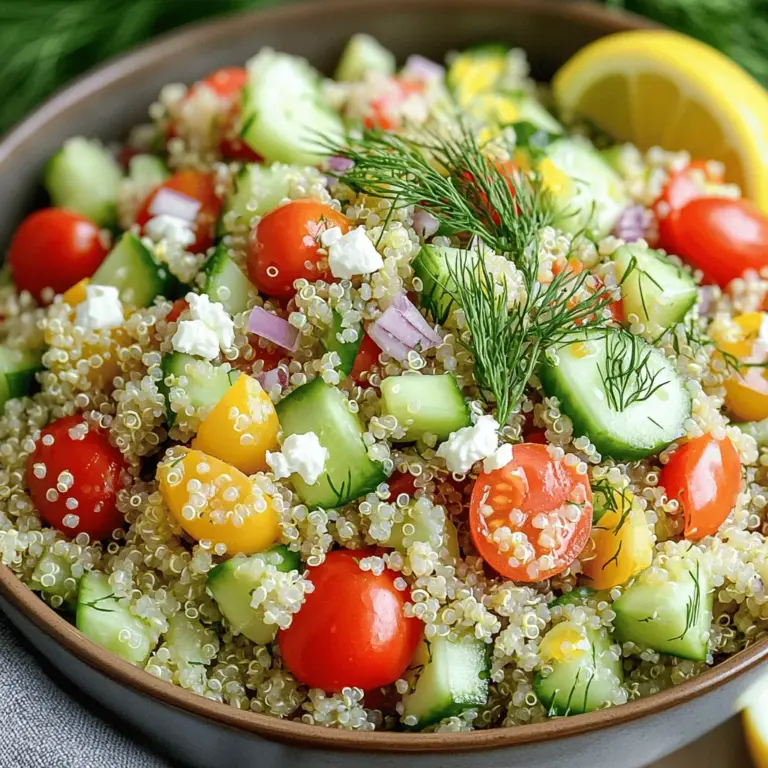 - 1 cup quinoa, rinsed - 2 cups water or vegetable broth - 1 cup cherry tomatoes, halved - 1 cucumber, diced - 1 red bell pepper, diced - 1/4 cup red onion, finely chopped - 1/4 cup fresh dill, chopped - 1/4 cup feta cheese, crumbled (optional) - 3 tablespoons olive oil - 2 tablespoons lemon juice - Zest of 1 lemon - Salt and pepper to taste Quinoa is a great source of protein. It has all nine amino acids. This makes it a complete protein. It is also high in fiber, which helps with digestion. Fresh vegetables add many key nutrients. They provide vitamins, minerals, and antioxidants. Cherry tomatoes are rich in vitamin C. Cucumbers add hydration and crunch. Red bell peppers bring sweetness and color. Olive oil is a healthy fat. It supports heart health. Lemon juice adds flavor and vitamin C. Together, they enhance the salad's taste and health benefits. For the full recipe, check out the complete Lemon Dill Quinoa Salad guide. First, get your ingredients ready. You need to combine 1 cup of rinsed quinoa with 2 cups of water or vegetable broth. This mix will bring out the best flavor. Next, bring the mixture to a boil over medium-high heat. Watch closely so it doesn't boil over. Once it bubbles, reduce the heat to low. Cover the pot and let it simmer for about 15 minutes. This step helps the quinoa absorb the liquid. After 15 minutes, check if the quinoa is fluffy. If all the liquid is gone, remove it from the heat. Let it cool for about 10 minutes. When it's cool, fluff it gently with a fork. Now, take your cooled quinoa and put it in a large mixing bowl. Add in your chopped vegetables: 1 cup of halved cherry tomatoes, 1 diced cucumber, 1 diced red bell pepper, 1/4 cup of finely chopped red onion, and 1/4 cup of fresh dill. In a separate bowl, make the dressing. Whisk together 3 tablespoons of olive oil, 2 tablespoons of lemon juice, and the zest of 1 lemon. Add salt and pepper to taste. Pour this dressing over the quinoa and veggies. Toss everything well until it’s all mixed. This blend of fresh ingredients will create a vibrant salad. Serve the salad in a large bowl for a beautiful display. You can garnish with extra sprigs of dill and a lemon wedge on the side. This adds color and freshness. For more flavor, consider serving it with grilled chicken or fish. This salad pairs well with many dishes. You can enjoy it for lunch, dinner, or as a side at a picnic. For a detailed guide, check the Full Recipe for exact steps and tips! To make the best quinoa, start by rinsing it. Rinsing removes the bitter coating called saponin. This simple step helps your quinoa taste great. After rinsing, cook the quinoa in broth instead of water. Broth adds a rich flavor that transforms the dish. To avoid mushy quinoa, use a 2:1 ratio of liquid to quinoa. Bring the liquid to a boil, then reduce the heat. Cover and let it simmer until the liquid is absorbed. Once done, let it cool and fluff it. Fluffing helps separate the grains, making it light and airy. You can boost the flavor by adding other herbs, like parsley or basil. A pinch of garlic powder can also enhance the taste. For protein, consider adding grilled chicken or chickpeas. Chickpeas make it vegan-friendly while adding a nice texture. Adjust the lemon and dill to suit your taste. If you like it zesty, add more lemon. For a stronger dill flavor, toss in a bit more chopped dill. Experiment until you find your perfect blend! Serve the salad cold for the freshest taste. It is best enjoyed right after you mix it. If you refrigerate the salad, the flavors deepen, but the texture can change. To keep it fresh, serve within a day or two. If you want to make it ahead of time, prepare the quinoa and veggies separately. Mix them just before serving. This keeps the salad crisp and delicious. Check out the Full Recipe for more tips and tricks! {{image_2}} You can change this salad for different diets. Here are some easy options: - Gluten-free adaptations: Quinoa is naturally gluten-free. Always check for cross-contamination if you need strict gluten-free options. - Vegan options without feta cheese: Just leave out the feta cheese. You can add extra veggies or nuts for flavor. - Low-carb alternatives: Use cauliflower rice instead of quinoa. This keeps the dish light and fresh. You can adapt this salad to fit the season. Here are some ideas: - Substituting seasonal vegetables: In summer, use fresh corn or zucchini. In fall, try roasted sweet potatoes or butternut squash. - Ideas for summer vs. fall salads: Summer salads can be light and crisp. Fall salads can be hearty and warm. - Adding fruits like avocado or berries: Avocado adds creaminess. Berries give a sweet burst. Both work great in this salad. You can switch up the dressing for new tastes. Here are some fun ideas: - Using yogurt-based dressing: Swap the olive oil with a yogurt dressing for a creamy touch. - Experimenting with different oils: Try avocado oil or sesame oil for a different flavor. - Flavor variations with different citrus: Lime or orange juice can change the salad's profile. Each adds a unique twist. For the full recipe, check out the Lemon Dill Quinoa Salad. To keep your Lemon Dill Quinoa Salad fresh, store leftovers in the fridge. Use airtight containers to prevent moisture loss. Glass containers work great, as they do not stain or absorb smells. Make sure to cool the salad to room temperature before sealing it. This helps keep it crisp and tasty. Enjoy the salad within three days for the best flavor and texture. You can freeze this salad, but be careful. Freezing changes the texture of fresh veggies. If you decide to freeze it, pack the salad tightly in a freezer-safe container. Label the container with the date. When ready to eat, thaw it in the fridge overnight. You can re-serve it cold or gently heat it. The quinoa will last up to three months in the freezer, but the veggies should be eaten sooner. Don’t let any of your salad go to waste! You can repurpose it in many tasty ways. Try stuffing bell peppers with the leftovers. This makes a colorful and fun dish. You can also use it in wraps for a quick lunch. Just add a bit of your favorite protein, and you've got a meal. Another idea is to mix it into soups for added texture and flavor. The possibilities are endless! You can find the full recipe above to start your cooking adventure. Lemon Dill Quinoa Salad stays fresh for about 3 to 5 days in the fridge. Store it in an airtight container to keep it safe. Always check for signs of spoilage. Look for changes in smell or color. If it smells sour or looks slimy, it’s time to toss it out. Yes, you can make this salad ahead of time! It tastes even better after a day in the fridge. Just follow these steps: Prepare the salad and keep the dressing separate until serving. This helps keep the salad crisp and fresh. Aim to eat it within 3 days for the best taste. If you want to swap quinoa, consider using rice, farro, or barley. Each grain adds its own flavor and texture. Rice is soft and mild, farro has a nutty taste, and barley is chewy. Choose based on what you like best! This blog post explored a fresh Lemon Dill Quinoa Salad, highlighting key ingredients and preparation steps. You learned how quinoa and veggies offer health perks and flavor. We discussed tips on perfecting quinoa and ways to mix it up with various ingredients. Remember, you can adapt the recipe to fit your taste and needs. Storing leftovers and exploring variations makes this salad versatile and fun. Enjoy your cooking and try new twists on this nutritious dish!