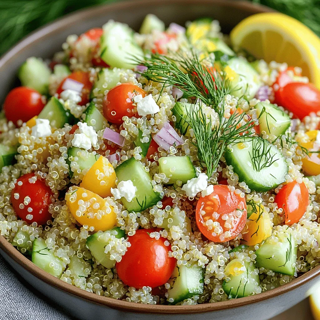 - 1 cup quinoa, rinsed - 2 cups water or vegetable broth - 1 cup cherry tomatoes, halved - 1 cucumber, diced - 1 red bell pepper, diced - 1/4 cup red onion, finely chopped - 1/4 cup fresh dill, chopped - 1/4 cup feta cheese, crumbled (optional) - 3 tablespoons olive oil - 2 tablespoons lemon juice - Zest of 1 lemon - Salt and pepper to taste Quinoa is a great source of protein. It has all nine amino acids. This makes it a complete protein. It is also high in fiber, which helps with digestion. Fresh vegetables add many key nutrients. They provide vitamins, minerals, and antioxidants. Cherry tomatoes are rich in vitamin C. Cucumbers add hydration and crunch. Red bell peppers bring sweetness and color. Olive oil is a healthy fat. It supports heart health. Lemon juice adds flavor and vitamin C. Together, they enhance the salad's taste and health benefits. For the full recipe, check out the complete Lemon Dill Quinoa Salad guide. First, get your ingredients ready. You need to combine 1 cup of rinsed quinoa with 2 cups of water or vegetable broth. This mix will bring out the best flavor. Next, bring the mixture to a boil over medium-high heat. Watch closely so it doesn't boil over. Once it bubbles, reduce the heat to low. Cover the pot and let it simmer for about 15 minutes. This step helps the quinoa absorb the liquid. After 15 minutes, check if the quinoa is fluffy. If all the liquid is gone, remove it from the heat. Let it cool for about 10 minutes. When it's cool, fluff it gently with a fork. Now, take your cooled quinoa and put it in a large mixing bowl. Add in your chopped vegetables: 1 cup of halved cherry tomatoes, 1 diced cucumber, 1 diced red bell pepper, 1/4 cup of finely chopped red onion, and 1/4 cup of fresh dill. In a separate bowl, make the dressing. Whisk together 3 tablespoons of olive oil, 2 tablespoons of lemon juice, and the zest of 1 lemon. Add salt and pepper to taste. Pour this dressing over the quinoa and veggies. Toss everything well until it’s all mixed. This blend of fresh ingredients will create a vibrant salad. Serve the salad in a large bowl for a beautiful display. You can garnish with extra sprigs of dill and a lemon wedge on the side. This adds color and freshness. For more flavor, consider serving it with grilled chicken or fish. This salad pairs well with many dishes. You can enjoy it for lunch, dinner, or as a side at a picnic. For a detailed guide, check the Full Recipe for exact steps and tips! To make the best quinoa, start by rinsing it. Rinsing removes the bitter coating called saponin. This simple step helps your quinoa taste great. After rinsing, cook the quinoa in broth instead of water. Broth adds a rich flavor that transforms the dish. To avoid mushy quinoa, use a 2:1 ratio of liquid to quinoa. Bring the liquid to a boil, then reduce the heat. Cover and let it simmer until the liquid is absorbed. Once done, let it cool and fluff it. Fluffing helps separate the grains, making it light and airy. You can boost the flavor by adding other herbs, like parsley or basil. A pinch of garlic powder can also enhance the taste. For protein, consider adding grilled chicken or chickpeas. Chickpeas make it vegan-friendly while adding a nice texture. Adjust the lemon and dill to suit your taste. If you like it zesty, add more lemon. For a stronger dill flavor, toss in a bit more chopped dill. Experiment until you find your perfect blend! Serve the salad cold for the freshest taste. It is best enjoyed right after you mix it. If you refrigerate the salad, the flavors deepen, but the texture can change. To keep it fresh, serve within a day or two. If you want to make it ahead of time, prepare the quinoa and veggies separately. Mix them just before serving. This keeps the salad crisp and delicious. Check out the Full Recipe for more tips and tricks! {{image_2}} You can change this salad for different diets. Here are some easy options: - Gluten-free adaptations: Quinoa is naturally gluten-free. Always check for cross-contamination if you need strict gluten-free options. - Vegan options without feta cheese: Just leave out the feta cheese. You can add extra veggies or nuts for flavor. - Low-carb alternatives: Use cauliflower rice instead of quinoa. This keeps the dish light and fresh. You can adapt this salad to fit the season. Here are some ideas: - Substituting seasonal vegetables: In summer, use fresh corn or zucchini. In fall, try roasted sweet potatoes or butternut squash. - Ideas for summer vs. fall salads: Summer salads can be light and crisp. Fall salads can be hearty and warm. - Adding fruits like avocado or berries: Avocado adds creaminess. Berries give a sweet burst. Both work great in this salad. You can switch up the dressing for new tastes. Here are some fun ideas: - Using yogurt-based dressing: Swap the olive oil with a yogurt dressing for a creamy touch. - Experimenting with different oils: Try avocado oil or sesame oil for a different flavor. - Flavor variations with different citrus: Lime or orange juice can change the salad's profile. Each adds a unique twist. For the full recipe, check out the Lemon Dill Quinoa Salad. To keep your Lemon Dill Quinoa Salad fresh, store leftovers in the fridge. Use airtight containers to prevent moisture loss. Glass containers work great, as they do not stain or absorb smells. Make sure to cool the salad to room temperature before sealing it. This helps keep it crisp and tasty. Enjoy the salad within three days for the best flavor and texture. You can freeze this salad, but be careful. Freezing changes the texture of fresh veggies. If you decide to freeze it, pack the salad tightly in a freezer-safe container. Label the container with the date. When ready to eat, thaw it in the fridge overnight. You can re-serve it cold or gently heat it. The quinoa will last up to three months in the freezer, but the veggies should be eaten sooner. Don’t let any of your salad go to waste! You can repurpose it in many tasty ways. Try stuffing bell peppers with the leftovers. This makes a colorful and fun dish. You can also use it in wraps for a quick lunch. Just add a bit of your favorite protein, and you've got a meal. Another idea is to mix it into soups for added texture and flavor. The possibilities are endless! You can find the full recipe above to start your cooking adventure. Lemon Dill Quinoa Salad stays fresh for about 3 to 5 days in the fridge. Store it in an airtight container to keep it safe. Always check for signs of spoilage. Look for changes in smell or color. If it smells sour or looks slimy, it’s time to toss it out. Yes, you can make this salad ahead of time! It tastes even better after a day in the fridge. Just follow these steps: Prepare the salad and keep the dressing separate until serving. This helps keep the salad crisp and fresh. Aim to eat it within 3 days for the best taste. If you want to swap quinoa, consider using rice, farro, or barley. Each grain adds its own flavor and texture. Rice is soft and mild, farro has a nutty taste, and barley is chewy. Choose based on what you like best! This blog post explored a fresh Lemon Dill Quinoa Salad, highlighting key ingredients and preparation steps. You learned how quinoa and veggies offer health perks and flavor. We discussed tips on perfecting quinoa and ways to mix it up with various ingredients. Remember, you can adapt the recipe to fit your taste and needs. Storing leftovers and exploring variations makes this salad versatile and fun. Enjoy your cooking and try new twists on this nutritious dish!