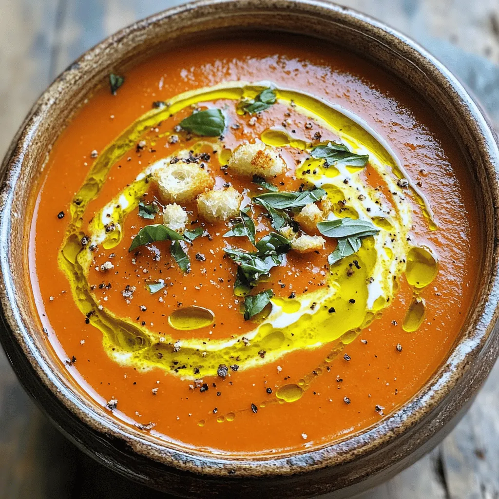 To make the best creamy tomato basil soup, you'll need some simple ingredients. Here is the complete list of ingredients: - 2 tablespoons olive oil - 1 medium onion, chopped - 3 cloves garlic, minced - 1 can (28 oz) crushed tomatoes - 2 cups vegetable broth - 1 teaspoon sugar - 1 teaspoon dried basil - 1/2 teaspoon salt - 1/4 teaspoon black pepper - 1 cup heavy cream (or coconut cream for a dairy-free option) - 1/4 cup fresh basil, chopped (plus extra for garnish) - Croutons for topping (optional) These ingredients create a warm and comforting soup. Each item plays an important role in flavor and texture. The olive oil adds richness, while onion and garlic give a savory base. Crushed tomatoes provide the main flavor, making it taste fresh and vibrant. The vegetable broth adds depth to the soup. Sugar helps balance the acidity of the tomatoes. Dried basil offers an herbaceous note that pairs perfectly with the tomatoes. Salt and pepper season the soup just right. Heavy cream (or coconut cream) makes it creamy and smooth. Fresh basil adds a pop of color and freshness. You can also top your soup with croutons for a nice crunch. This recipe is easy to follow and perfect for cozy days. Ready to cook? Check out the Full Recipe for more details! 1. In a large pot, heat the olive oil over medium heat. 2. Add the chopped onion to the pot. Sauté until it turns soft and clear, about 5 minutes. 3. Stir in the minced garlic and cook for an additional minute. You want it fragrant but not burnt. 1. Pour in the crushed tomatoes along with the vegetable broth. 2. Stir in the sugar, dried basil, salt, and pepper. 3. Bring the mixture to a gentle simmer. Let it cook for 20 minutes. This step helps all the flavors blend well together. 1. Remove the pot from heat. Use an immersion blender to puree the soup until it is smooth. 2. If you don’t have an immersion blender, carefully transfer the soup in batches to a countertop blender. 3. Return the pureed soup to the pot. Stir in the heavy cream (or coconut cream) until it is well combined. 4. Heat the soup on low until warmed through, but do not let it boil. 5. Finally, add the fresh chopped basil. Stir to mix everything well. Taste and adjust seasoning if needed. For the Full Recipe, check the ingredients list above. Enjoy your creamy tomato basil soup! Using fresh basil makes a big difference. It gives the soup a bright taste. Fresh basil has a stronger flavor than dried basil. You can add it at the end to keep its flavor intact. Dried basil works too, but add it earlier when you cook the soup. This allows the flavor to mix well. Adjusting seasoning is key. Start with the basic amounts in the recipe. After blending, taste the soup. If it needs more salt or pepper, add a pinch. You can also add a touch of sugar to balance the acidity of the tomatoes. Blending the soup well is very important. A smooth texture makes the soup feel creamy. I recommend using an immersion blender for ease. If you use a countertop blender, blend in small batches. This prevents spills and makes it easier to get a smooth blend. If you want a thicker soup, there are other methods. You can add more heavy cream or coconut cream. Another option is to mix in some cooked rice or blended beans. This adds creaminess and keeps it healthy. Pair the soup with a grilled cheese sandwich. The crispy bread and melted cheese complement the soup well. You can also serve it with a fresh salad for a light meal. For garnish, use fresh basil leaves and a drizzle of cream. This makes the soup look fancy. Croutons add a nice crunch, so sprinkle some on top if you like. For the full recipe, check out the detailed instructions. Enjoy your cooking! {{image_2}} If you want a dairy-free version, use coconut cream instead of heavy cream. It adds a nice sweetness and creaminess. You can also try cashew cream or almond milk. These options keep the soup rich while making it suitable for those who avoid dairy. To add some heat, sprinkle in red pepper flakes. Start with a pinch and taste as you go. You can also experiment with other herbs. Try adding thyme or oregano for a different flavor twist. Fresh herbs can brighten the soup and make it more exciting. You can use different types of tomatoes, such as whole peeled tomatoes or cherry tomatoes. These can change the taste and texture. If you don’t have vegetable broth, chicken broth works well too. It adds depth to the soup and makes it even more savory. For the complete recipe, refer to the [Full Recipe]. To store leftovers, let the soup cool first. Pour it into an airtight container. Keep it in the fridge for up to three days. If you want to enjoy it later, make sure to label the container with the date. This way, you won't forget when you made it! For long-term storage, freezing is the way to go. Pour the cooled soup into freezer-safe bags or containers. Leave some space at the top, as the soup expands when it freezes. You can freeze it for up to three months. When you're ready to enjoy the soup, take it out of the freezer. Thaw it in the fridge overnight. If you need it fast, you can also use the microwave. Reheat it gently on the stove over low heat. Stir well to ensure even heating. The soup lasts about three days in the fridge. In the freezer, it stays fresh for up to three months. Always check for any off smells or changes in texture before eating. If you notice anything strange, it’s best to throw it out. Enjoy your creamy tomato basil soup fresh and tasty! To make creamy tomato basil soup vegetarian, use vegetable broth instead of chicken broth. You can also swap heavy cream for coconut cream if you want a dairy-free option. Here are some vegetarian ingredients you might like: - Olive oil - Onion - Garlic - Crushed tomatoes - Vegetable broth - Sugar - Dried basil - Salt and pepper - Coconut cream - Fresh basil These ingredients give the soup a rich flavor without using meat. Yes, you can make this soup in advance. It tastes even better after the flavors meld! Here are some best practices for pre-preparing: - Cook the soup and let it cool completely. - Store it in an airtight container in the fridge for up to three days. - For longer storage, freeze the soup in portions for up to three months. - When ready to eat, thaw overnight in the fridge and reheat on low heat. Stir well before serving. Creamy tomato basil soup pairs well with many sides. I recommend: - Grilled cheese sandwiches for a classic combo - Garlic bread for a crunchy addition - A fresh green salad to balance the meal These sides enhance the soup's flavor and make your meal complete. For the full recipe, check the earlier section in this article. This blog post covered how to make creamy tomato basil soup. We discussed all the ingredients, steps, and helpful tips. You learned how to adjust flavors and textures. We explored tasty variations and smart storage tips. In closing, this soup is easy and fun to make. With simple tweaks, it fits your taste. Enjoy experimenting with this recipe and make it your own!