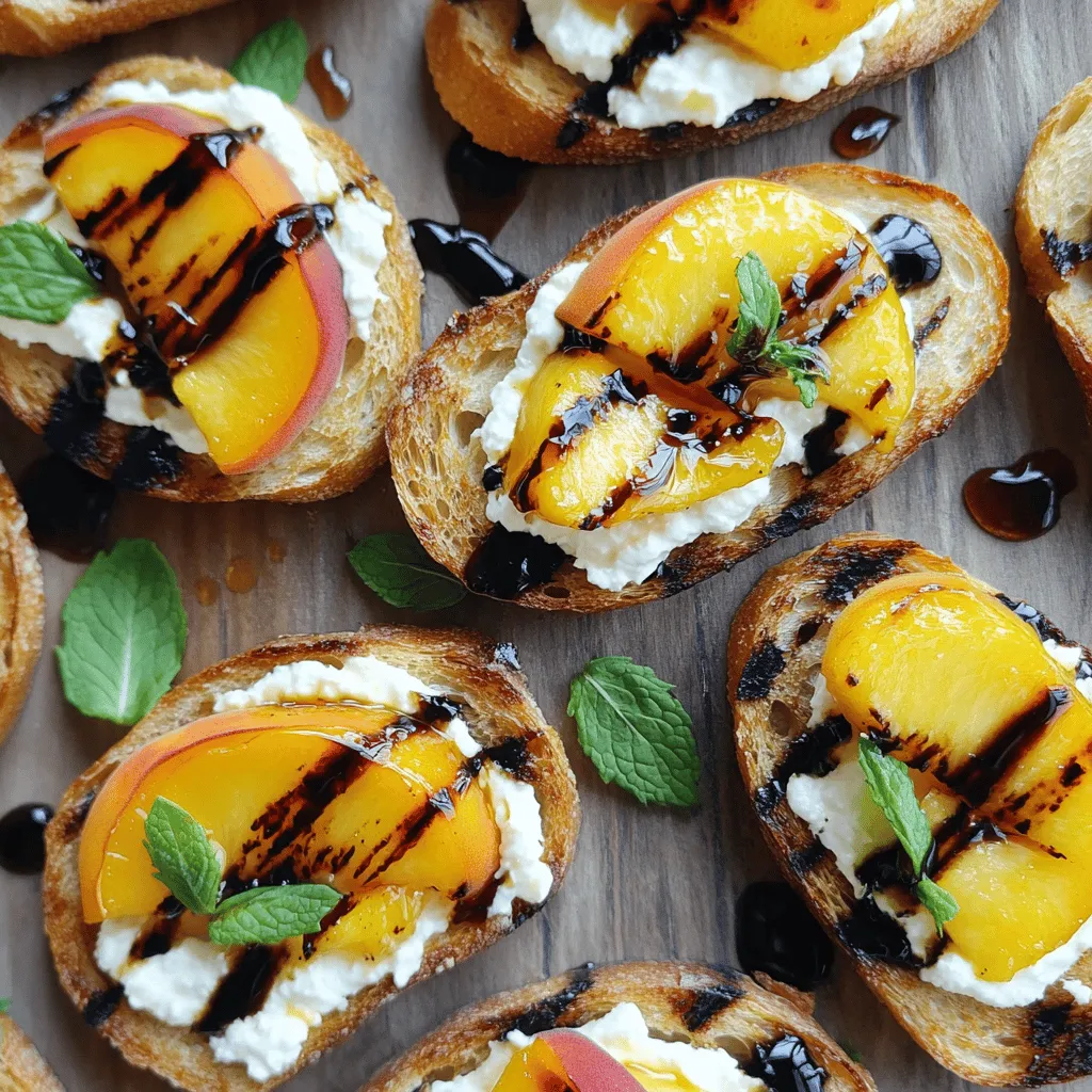 - 4 ripe peaches, halved and pitted - 1 tablespoon olive oil - Salt and pepper, to taste - 1 baguette, sliced into 1/2-inch thick pieces - 1 cup ricotta cheese - 2 tablespoons honey - Fresh mint leaves, for garnish To make grilled peach crostini, start with ripe peaches. They should be sweet and juicy. Halve and pit them for grilling. The baguette is key for a crisp base. Slice it thick for a hearty bite. Use high-quality ricotta cheese for creaminess. Honey adds a touch of sweetness. Fresh mint leaves give a bright finish. - Balsamic glaze, for drizzling - Salt and pepper - Additional toppings (e.g., nuts, herbs) You can add balsamic glaze for a sweet and tangy kick. A sprinkle of salt and pepper elevates the flavors. For extra texture, consider nuts or fresh herbs. They can add depth and crunch. These optional ingredients can enhance your crostini and make them unique. For the full recipe, check out the details above. Preheating the Grill First, turn your grill to medium heat. This step gets the grill hot enough for the peaches. A hot grill gives the best marks and flavor. Preparing and Grilling the Peaches While the grill heats, cut the peaches in half and remove the pits. Brush each half with olive oil. Sprinkle a bit of salt and pepper on them. Place the peaches cut side down on the grill. Grill for about 4-5 minutes. You want nice grill marks and soft peaches. After grilling, set them aside to cool. Olive Oil Application Slice your baguette into 1/2-inch thick pieces. Brush olive oil on both sides of each slice. This adds flavor and helps them crisp up. Grilling Time and Technique Now, place the baguette slices on the grill. Toast them for 2-3 minutes. Don't forget to flip them halfway through. They should turn golden brown and crisp. Mixing Ricotta with Honey In a small bowl, mix ricotta cheese with honey. Stir until it's creamy and smooth. This mixture adds sweetness and richness to your crostini. Layering Ingredients and Final Touches Spread a tablespoon of the honey-ricotta mix on each toasted baguette slice. Slice the grilled peaches into thin wedges. Place these atop the ricotta. Drizzle with balsamic glaze for a perfect touch. Finally, add fresh mint leaves for color and flavor. Enjoy your Grilled Peach Crostini as a delightful summer appetizer! For the complete recipe, check the full recipe section. Choosing the Right Peaches Pick ripe peaches for the best flavor. Look for peaches that are slightly soft when you press them. They should have a sweet scent. Avoid hard or overly mushy peaches. Achieving Ideal Grill Marks To get great grill marks, preheat your grill to medium heat. Brush the peaches with olive oil, and place them cut side down on the grill. Grill for about 4-5 minutes. Don't move them too soon; let them sit to get those perfect lines. Pairing Ingredients Effectively The sweet peaches pair well with creamy ricotta. Honey adds extra sweetness, while balsamic glaze gives a nice tang. Fresh mint leaves add a burst of freshness. Mix and match flavors to suit your taste. Serving Suggestions for Presentation Place the crostini on a nice platter. Drizzle balsamic glaze artfully on top. Scatter mint leaves for color. This makes your dish look as good as it tastes. Prepping Ingredients Ahead of Time You can slice the baguette and prepare the ricotta mixture a day in advance. Keep them in the fridge. This saves time on the day of your gathering. Efficient Grilling Technique Grill the peaches and baguette slices at the same time. While the peaches are grilling, toast the baguette. This way, you maximize your time and get everything done quickly. For a detailed recipe, check out the Full Recipe. {{image_2}} You can play with flavors in grilled peach crostini. For sweet versions, consider adding nuts or other fruits. Chopped walnuts or pecans add crunch. You can also mix in berries for a fruity twist. These add sweetness and texture to the dish. For savory twists, try adding prosciutto or cheese. Thin slices of prosciutto give a nice salty flavor. You can use goat cheese or feta for creamy richness. Both options offer a great balance against the sweet peaches. If you need gluten-free options, switch the baguette for gluten-free bread. There are many tasty choices available in stores. Just be sure to check the labels. For dairy-free alternatives, consider using a plant-based cream cheese instead of ricotta. Cashew or almond-based spreads work well. You can also skip the cheese altogether for a lighter crostini. Using seasonal fruits can elevate your grilled peach crostini. In summer, peaches shine, but in fall, try apples or pears. Both fruits grill nicely and bring unique flavors. You can also adapt ingredients based on what's fresh. For example, if you find ripe plums in summer, use those instead. Always choose fruits that are in season for the best taste. For the full recipe, check out the [Full Recipe] section. To keep your grilled peach crostini fresh, store leftovers in an airtight container. Place the crostini in the fridge right after eating. This helps keep them from going stale. Avoid stacking them to prevent sogginess. Reheating Tips for Optimal Taste: - Preheat your oven to 350°F (175°C). - Place the crostini on a baking sheet. - Heat for about 5-7 minutes. This method warms them without making them tough. Duration for Refrigeration: Grilled peach crostini stay good in the fridge for up to 3 days. After that, the peaches can lose their flavor and texture. Freezing Grilled Peach Crostini: Yes or No? I do not recommend freezing grilled peach crostini. Freezing can change the texture of the bread and peaches. It is best to enjoy them fresh for the best taste. For the full recipe, you can refer back to the main article. What type of peaches are best for grilling? I recommend using ripe, yellow peaches for grilling. They are sweet and juicy. Their flesh holds up well on the grill. You want peaches that give slightly when you press them. Avoid overly soft or bruised peaches. Can I make this recipe ahead of time? You can prepare some parts ahead of time. Grill the peaches and baguette slices a few hours before serving. Store them in an airtight container at room temperature. However, I suggest assembling the crostini just before serving. This keeps everything fresh and crisp. What drinks pair well with Grilled Peach Crostini? Light drinks work best with this dish. A crisp white wine like Sauvignon Blanc complements the sweetness of peaches. You can also serve sparkling water with a splash of lemon. For non-alcoholic options, try iced tea or lemonade. How to serve this dish for gatherings? Arrange the crostini on a large platter. This makes it easy for guests to grab one. You can also add a small bowl of balsamic glaze for dipping. This adds a fun, interactive element to your serving style. Caloric Content Per Serving Each serving of Grilled Peach Crostini has around 200 calories. This number can vary based on the amount of ricotta and honey used. It’s a light yet satisfying appetizer. Allergens and Dietary Considerations This recipe contains dairy from the ricotta cheese. If you have a dairy allergy, you can use a dairy-free cheese alternative. Also, the baguette contains gluten, so consider gluten-free bread if needed. Grilled peach crostini combines fresh, sweet peaches with creamy ricotta on crispy bread. You learned the key ingredients, step-by-step instructions, and helpful tips. I shared tasty variations and how to store leftovers properly. This dish is easy to make and fun to share. Enjoy the burst of flavors. Keep experimenting with toppings and flavors to make it your own. Simple changes can create exciting new twists. Get grilling and savor each bite!