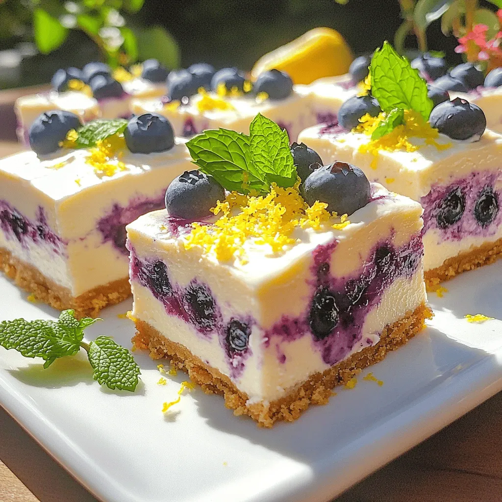 To make these lemon blueberry cheesecake bars, you need the following items: - 1 cup graham cracker crumbs - 1/4 cup unsalted butter, melted - 2 tablespoons sugar - 16 oz cream cheese, softened - 3/4 cup granulated sugar - 1/4 cup fresh lemon juice (about 2 lemons) - Zest of 1 lemon - 2 large eggs - 1 cup fresh blueberries - 1 teaspoon vanilla extract - Pinch of salt These ingredients blend perfectly to create a creamy, sweet, and tangy dessert. You can easily swap some ingredients to fit your needs. If you want a gluten-free option, use gluten-free graham crackers. For a lighter version, you can use low-fat cream cheese. If you don’t have fresh lemons, bottled lemon juice works too, but fresh is best for flavor. You can also replace fresh blueberries with raspberries or strawberries for a different taste. Each serving of these lemon blueberry cheesecake bars has about: - Calories: 290 - Total Fat: 18g - Saturated Fat: 10g - Cholesterol: 75mg - Sodium: 190mg - Total Carbohydrates: 30g - Dietary Fiber: 1g - Sugars: 18g - Protein: 4g This dessert offers a delightful mix of flavors and textures while keeping it a treat that fits into many diets. Enjoy making this easy and tasty treat with the full recipe! Start by preheating your oven to 350°F (175°C). Line an 8x8 inch baking pan with parchment paper. Let the paper hang over the edges for easy removal. Next, grab a medium bowl. Mix 1 cup of graham cracker crumbs, 1/4 cup of melted unsalted butter, and 2 tablespoons of sugar. Stir until everything is well combined. This mixture will form your crust. Press it firmly into the bottom of the pan. Make sure it’s even and compact. Bake your crust for about 10 minutes until it turns a light golden brown. Remove it from the oven and let it cool. In a large bowl, combine 16 oz of softened cream cheese and 3/4 cup of sugar. Beat them together with an electric mixer until the mix is smooth and creamy. Add 1/4 cup of fresh lemon juice, the zest of 1 lemon, 2 large eggs, 1 teaspoon of vanilla extract, and a pinch of salt. Mix on low speed until everything blends well. Now, gently fold in 1 cup of fresh blueberries. Be careful not to burst them. Pour this cheesecake mixture over the cooled crust, spreading it evenly. Bake in the oven for 25-30 minutes. The edges should be set, while the center has a slight jiggle. Once baked, turn off the oven. Leave the cheesecake bars inside for another 10 minutes with the door slightly ajar. This helps them cool gradually. After cooling, refrigerate for at least 4 hours or until firm. When you’re ready to serve, cut the bars into squares. For a beautiful presentation, use a white platter. You can garnish each bar with a sprinkle of lemon zest and a few extra blueberries. This adds a nice touch and makes them look fancy. Enjoy your lemon blueberry cheesecake bars as a sweet treat! You can find the full recipe above. To make the crust just right, use fresh graham cracker crumbs. You can crush whole crackers in a zip-top bag. Mix the crumbs with melted butter and sugar until it looks wet and sandy. Press this mixture firmly into the bottom of your pan. Make sure it’s even for a nice, crisp base. Bake it until golden to get a great flavor and texture. One common mistake is not letting the cream cheese soften. Soft cream cheese mixes easily and gives a smooth filling. If you forget, microwave it in short bursts. Avoid overmixing after adding eggs. This can cause cracks. Once you pour the filling into the crust, spread it gently. This helps keep the blueberries whole and pretty. For the best texture, bake the bars until just set. They should have a slight jiggle in the center. Letting them cool in the oven after baking helps them firm up without cracking. Refrigerate them for at least four hours. This step is key for a smooth, creamy cheesecake. For the perfect slice, use a sharp knife dipped in hot water. Clean it between cuts for neat pieces. {{image_2}} You can add fun flavors to lemon blueberry cheesecake bars. Try mixing in shredded coconut for a tropical twist. Just 1/2 cup of coconut will do. If you love chocolate, fold in 1/2 cup of mini chocolate chips. The sweet chocolate pairs well with the tart lemon. You can also swap blueberries for other berries like raspberries or strawberries. Each berry gives a new taste. If you need a gluten-free version, use gluten-free graham crackers. They work just like regular ones in the crust. You can use almond flour mixed with melted butter, too. For the filling, ensure your cream cheese is gluten-free. Most brands are, but check the label to be sure. These swaps keep your dessert tasty and safe for everyone. To make these bars vegan, you need to change a few ingredients. Replace cream cheese with a vegan cream cheese alternative. You can also use flax eggs instead of real eggs. Mix 2 tablespoons of ground flaxseed with 6 tablespoons of water. Let it sit until it thickens. Use maple syrup instead of sugar for a natural sweetener. These changes create a delicious vegan dessert that everyone can enjoy. For the full recipe, check out the details above. To keep your lemon blueberry cheesecake bars fresh, store them in the fridge. Use an airtight container for best results. Make sure they are fully cooled before you cover them. This prevents condensation from making the bars soggy. They will stay tasty for about 3 to 5 days. You can freeze these cheesecake bars for later. First, cut them into squares. Wrap each square in plastic wrap tightly. Then, place them in a sealed freezer bag. Label the bag with the date. They can last up to 2 months in the freezer. When ready to eat, thaw them in the fridge overnight. Lemon blueberry cheesecake bars taste best when fresh. If stored properly, they can last a few days in the fridge. Keep an eye on the blueberries; they may change texture over time. For the best flavor, enjoy them within the first few days. If you notice any off-smells or changes, it's best to toss them. Always trust your senses! Yes, you can use frozen blueberries. They work well in this recipe. Just make sure to thaw and drain them first. This keeps excess water out of your mix. Frozen berries may burst more easily, so fold them in gently. You still get that lovely blueberry flavor! The cheesecake bars are done when the edges are set. Look for a slight jiggle in the center. This means they will firm up as they cool. It's important not to overbake them. Overbaking makes the bars dry and tough. Trust me, you want them creamy and smooth! You can get creative with toppings! Try whipped cream for a light touch. A drizzle of honey adds sweetness. Fresh mint leaves give a nice pop of color and flavor. You could use more blueberries or even some lemon slices for zest. The options are endless! For more ideas, check out the Full Recipe. We covered the main ingredients and how to prepare lemon blueberry cheesecake bars. You learned about ingredient swaps and the nutrition details too. I shared tips for a perfect crust and how to avoid mistakes. You also explored fun flavor variations and storage tips to keep your bars fresh. Remember, you can make these treats your own. Enjoy experimenting with flavors and sharing them with friends! Happy baking!