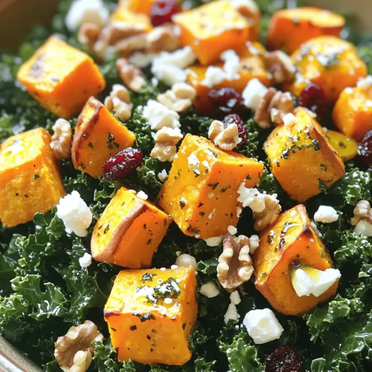 Cooking this sweet potato and kale salad makes me excited. The ingredients are simple but packed with flavor and nutrition. Let’s dive into what you need. - 2 medium sweet potatoes, peeled and diced - 1 bunch of kale, stems removed and chopped Fresh sweet potatoes bring a creamy texture. They also add a sweet taste. Kale is a great green. It adds crunch and nutrients to the salad. - 1/2 cup quinoa, rinsed - 1/4 cup dried cranberries - 1/4 cup feta cheese, crumbled (or a vegan alternative) - 1/4 cup walnuts or pecans, roughly chopped Quinoa is a fantastic grain. It adds protein and a nutty flavor. Dried cranberries offer a sweet burst. Feta cheese gives a salty touch. If you prefer vegan, use a plant-based cheese. Walnuts or pecans add a nice crunch. - 3 tablespoons olive oil - 1 tablespoon apple cider vinegar - 1 teaspoon maple syrup - Salt and pepper, to taste The dressing is key to this salad. Olive oil makes it rich. Apple cider vinegar adds tang. Maple syrup balances the flavors with sweetness. Don’t forget salt and pepper for seasoning. You can find the full details in the Full Recipe. Enjoy making this simple yet delicious power bowl! First, I preheat my oven to 400°F (200°C). This helps the sweet potatoes cook evenly. Next, I toss the diced sweet potatoes in a bowl with one tablespoon of olive oil, salt, and pepper. Mixing well ensures they are coated nicely. Then, I spread them out on a baking sheet. I roast the sweet potatoes for 25 to 30 minutes. I flip them halfway through to get that golden finish. They should be tender and delicious when done. While the sweet potatoes roast, I prepare the quinoa. I start by bringing one cup of water to a boil in a small saucepan. Once boiling, I add the rinsed quinoa. I reduce the heat to low, cover the pot, and let it simmer. It takes about 15 minutes for the water to absorb fully. After cooking, I fluff the quinoa with a fork and set it aside. This creates a nice, fluffy texture for the salad. Now it’s time to work on the kale. I wash the leaves well and remove the tough stems. Then, I chop the kale into smaller pieces. In a large mixing bowl, I add the chopped kale with one tablespoon of olive oil and a pinch of salt. I use my hands to massage the kale for about one to two minutes. This makes the leaves tender and ready for mixing. Lastly, I combine the roasted sweet potatoes, cooked quinoa, dried cranberries, nuts, and feta cheese into the bowl with the kale. This mixture brings a burst of flavor and texture to the salad. How to avoid soggy kale: To keep your kale crisp, always wash it well and dry it thoroughly. After washing, use a salad spinner or a clean kitchen towel. You can massage the kale with a bit of olive oil and salt, which helps it soften without becoming soggy. Best roasting techniques for sweet potatoes: Roast your sweet potatoes at 400°F (200°C) for the best flavor. Cut them into even pieces, so they cook uniformly. Toss them with olive oil, salt, and pepper. Spread them out on a baking sheet without overcrowding. Seasoning adjustments for flavor enhancement: Feel free to play with seasonings! Adding garlic powder, paprika, or cumin can bring new flavors to your sweet potatoes. Try a squeeze of lemon juice or a dash of hot sauce to brighten the kale. Serving suggestions: Serve this salad in a large bowl or on a platter. You can layer the ingredients for a colorful display. This way, everyone can see the vibrant colors of sweet potatoes, kale, and cranberries. Garnishing tips for visual appeal: For a finishing touch, sprinkle extra cranberries and nuts on top. You can also add some fresh herbs, like parsley or cilantro, for a pop of color and freshness. Steps to prepare in advance: You can cook the quinoa and roast the sweet potatoes ahead of time. Store them separately in the fridge. This keeps the salad fresh and crunchy. Proper timing for assembling: Assemble the salad just before serving. This way, the dressing does not make the kale limp. If you have leftovers, store the dressing separately to keep it fresh. For the full recipe, check the [Full Recipe]. {{image_2}} Adding protein boosts flavor and makes the salad more filling. Here are two tasty options: - Grilled chicken: This adds a savory element. Simply season the chicken with your favorite spices and grill until cooked through. Slice it and toss it on top of the salad for a hearty meal. - Chickpeas or beans: These plant-based proteins are great for a vegetarian option. Rinse and drain canned chickpeas or beans. Mix them in for a delightful crunch and added texture. Adapting the salad to fit your diet is easy. Try these friendly swaps: - Vegan options: Use a vegan feta cheese instead of regular feta. This keeps the salad creamy while keeping it plant-based. You can also skip the cheese entirely, and the salad still tastes amazing. - Gluten-free considerations: Quinoa is naturally gluten-free, so you're already set here. Just ensure any other ingredients, like dressings, are gluten-free as well. Change up the ingredients based on the season. Consider these ideas: - Using different root vegetables: Swap sweet potatoes for roasted beets or carrots. Each brings its unique flavor and color, making the salad fun and fresh. - Incorporating seasonal greens or fruits: Add spinach in spring or roasted pumpkin in fall. Seasonal fruits like apples or pears can add a sweet touch, making your salad even more delightful. For the full recipe, check out the Sweet Potato & Kale Power Salad. To keep your sweet potato and kale salad fresh, store it in the fridge. Use an airtight container. This keeps moisture in and air out. It helps your salad last longer. In the fridge, this salad lasts about 3 to 5 days. Look for signs of spoilage. If the kale turns brown or the sweet potatoes smell off, it's time to toss it. Fresh ingredients ensure your salad stays tasty and safe. You can freeze parts of your salad for later. First, prepare the sweet potatoes and quinoa. Let them cool completely. Then, place them in freezer bags. Remove as much air as you can. For the kale, I recommend avoiding freezing. It loses its texture. When you’re ready to eat, thaw the sweet potatoes and quinoa in the fridge overnight. Mix them with fresh kale and dressing. Enjoy your salad with a burst of flavor! Yes, you can make this salad ahead of time. To keep it fresh, store the dressing separately. Mix the salad just before serving. This helps the kale stay crisp. You can roast the sweet potatoes and cook the quinoa in advance. Just cool them first before storing. If you don’t have quinoa, try brown rice or farro. Both grains add a different taste. Cook them like quinoa, using two parts water to one part grain. They will take longer to cook, so plan accordingly. Yes, this salad is vegan-friendly. Just use a vegan feta cheese or skip the cheese entirely. All other ingredients, like sweet potatoes and kale, are plant-based. This makes it great for vegan diets. To make the dressing creamier, add a tablespoon of tahini or yogurt. You can also try blending the olive oil and vinegar with an avocado. This gives a rich texture without losing flavor. This salad is packed with nutrients. Each serving has about 300 calories. It provides protein, fiber, and healthy fats. Sweet potatoes are high in vitamins A and C. Kale adds calcium and iron, making it a powerhouse of nutrition. Absolutely! You can add sliced apples or pears for sweetness. Roasted beets or bell peppers also work well. These additions boost flavor and nutrition. Just remember to keep the balance of sweet and savory. For the complete details on this tasty Sweet Potato and Kale Salad, check the Full Recipe. This blog covered how to make a tasty salad with sweet potatoes and kale. We looked at fresh ingredients, simple steps, and tips to perfect your dish. You can add proteins or tweak the recipe for dietary needs. Knowing how to store your salad keeps it fresh, too. Make this salad your own by using seasonal ingredients or personal favorites. Enjoy exploring flavors and textures while keeping your meals fun and healthy.