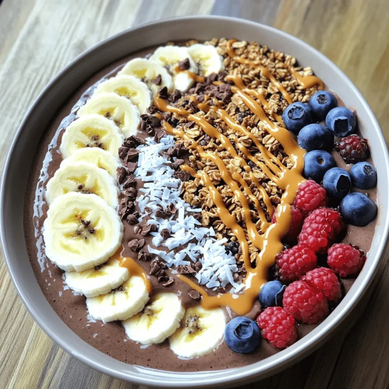 For a Chocolate Peanut Butter Smoothie Bowl, you need a few key ingredients. Here’s the detailed list: - 2 ripe bananas, frozen - 1 cup unsweetened almond milk (or any milk of your choice) - 2 tablespoons unsweetened cocoa powder - 2 tablespoons natural peanut butter - 1 tablespoon maple syrup (optional for extra sweetness) - A pinch of sea salt - Toppings: sliced bananas, granola, cacao nibs, shredded coconut, and fresh berries Let’s break these down. Ripe Bananas (Frozen): Choose bananas that are ripe. They should be sweet and soft. Freeze them to make your smoothie thick and cold. Unsweetened Almond Milk: This is my go-to choice. It gives a nice, creamy base. You can use any milk you like, such as oat or coconut milk. Unsweetened Cocoa Powder: This adds a rich chocolate flavor without any extra sugar. It's key for that deep chocolate taste. Natural Peanut Butter: Look for a brand with just peanuts and salt. This adds creaminess and a nutty flavor. Maple Syrup (Optional): If you want extra sweetness, add maple syrup. It balances the bitterness of cocoa. Sea Salt: Just a pinch enhances the flavors and makes everything taste better. Recommended Toppings: Get creative with toppings! Sliced bananas add freshness. Granola gives crunch. Cacao nibs add a chocolatey bite. Shredded coconut adds chewiness, and fresh berries bring a burst of color and flavor. For the full recipe, check the details above. Enjoy your smoothie bowl! To make the base, start by adding the frozen bananas to your blender. Next, pour in one cup of almond milk. Then, add two tablespoons of cocoa powder and two tablespoons of natural peanut butter. If you want it sweeter, add maple syrup. Lastly, sprinkle in a pinch of sea salt. Blend the ingredients on high speed until smooth. If the mix is too thick, add more milk to reach your desired texture. For a creamy finish, blend until no lumps remain. Scrape down the sides if needed to ensure everything mixes well. Once your smoothie is creamy, pour it into a bowl. Use a spatula to get every last bit from the blender. A clean bowl makes for a better look. Now comes the fun part: arranging your toppings! Start with sliced bananas for a fresh touch. Then, sprinkle some granola for crunch. Add cacao nibs for a bit of richness, and a little shredded coconut for a tropical twist. Finally, toss on some fresh berries for color and flavor. Serve the smoothie bowl right away. It tastes best when cold and fresh. Use a spoon to scoop up the deliciousness. Enjoy it with friends or family for a delightful treat! To get the right thickness, start with your frozen bananas. They make the base creamy. If it’s too thick, add more almond milk slowly. Blend it well until smooth. I like to scrape the sides of the blender to mix everything evenly. This helps create a velvety texture. You can change up the flavor easily! Try adding fresh berries, like strawberries or blueberries. They add a nice twist. You can also mix in some protein powder if you want a boost. Superfoods like chia seeds or flaxseeds are great too! They add nutrition without changing the taste much. For the full recipe, check out the detailed instructions above. {{image_2}} You can switch up the milk for your smoothie bowl. Almond milk is a great choice, but there are many others. Try oat milk, soy milk, or coconut milk. Each option brings its own flavor. If you want a thicker smoothie, choose a creamier nut milk like cashew. If you follow a vegan diet, it’s easy to enjoy this treat. All the ingredients in the Chocolate Peanut Butter Smoothie Bowl are plant-based. This means you can savor it while sticking to your values. You can also skip the maple syrup if you want to lower sugar. Seasonal fruits can add fun and new tastes to your bowl. In summer, add fresh berries like strawberries or blueberries. They brighten the dish and add color. In the fall, consider adding sliced apples or pears. They pair well with the chocolate and peanut butter. You can also change the nut butter for new flavors. Almond butter or cashew butter will make the bowl unique. Each nut butter brings its own charm and taste. This way, you can enjoy a new version of your favorite treat every time! For more ideas, check out the Full Recipe. To store leftover chocolate peanut butter smoothie bowl, use an airtight container. Make sure the container seals well to keep the smoothie fresh. Place it in the fridge. It will stay good for about one day. When you want to enjoy it again, give it a good stir. You may need to add a splash of milk to help it blend. Can you freeze the smoothie? Yes, you can! Freezing is a great way to keep extra smoothie for later. Pour the smoothie into ice cube trays or silicone molds. Once frozen, pop the cubes into a zip-top bag. This way, you can make smoothie pops or blend them later. For reheating or repurposing, thaw the smoothie cubes in the fridge overnight. Then, blend them with fresh milk or fruits for a quick treat. You can also add yogurt to create a thicker texture. Enjoy your smooth and creamy chocolate peanut butter goodness anytime! What can I substitute for bananas? You can use avocado or frozen mango. Both add creaminess. Applesauce also works well but gives a different taste. If you want a thicker bowl, frozen cauliflower is a great choice too. Experiment with these options to find your favorite flavor! Can I make this smoothie bowl ahead of time? Yes, you can prepare the smoothie base in advance. Blend the ingredients, then store in the fridge. It stays fresh for up to 24 hours. When you're ready to eat, stir well and add toppings. If the mixture thickens too much, add a splash of almond milk. Caloric values and health benefits This smoothie bowl is a tasty and healthy choice. One serving has about 300 calories. The bananas provide potassium, while peanut butter offers protein and healthy fats. Cocoa powder adds antioxidants, making it nutritious and delicious. Dietary restrictions and considerations This recipe is dairy-free if you use almond milk. It can fit vegan diets by skipping the optional maple syrup. Check labels on your peanut butter to ensure there are no added sugars or oils. Feel free to adjust toppings to match your dietary needs. For the full recipe, check out the Chocolate Peanut Butter Smoothie Bowl. In this blog post, I shared how to make a delicious smoothie bowl. I covered the ingredients needed and detailed preparation steps for a creamy base. You learned about serving and plating ideas to boost visual appeal. I also shared tips for perfect texture and flavor variations to explore. Lastly, I explained storage methods for any leftover smoothie. Enjoy making your smoothie bowl. Get creative with your flavors and toppings!
