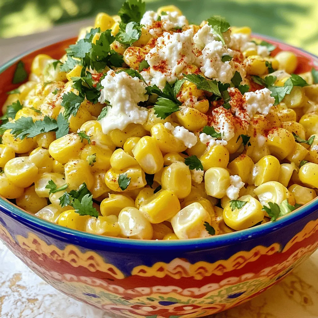 To make this tasty Mexican street corn salad, you'll need the following ingredients: - 4 ears of sweet corn, husked and cleaned - 1/2 cup crumbled queso fresco (or feta cheese) - 1/4 cup mayonnaise (preferably Mexican crema) - 2 tablespoons lime juice - 1 teaspoon chili powder - 1/4 teaspoon garlic powder - 1/4 teaspoon paprika - Salt and pepper to taste - 1/4 cup fresh cilantro, chopped - 1 jalapeño, diced (optional for extra heat) These ingredients come together to create a vibrant dish packed with flavor. The sweet corn shines through, while the cheese adds a creamy texture. The lime juice and spices give it a kick. You can add some optional ingredients to make your salad even more special. Here are a few ideas: - Avocado, diced for creaminess - Black beans for protein - Cherry tomatoes, halved for sweetness - Red onion, finely chopped for crunch - Cotija cheese instead of queso fresco Feel free to mix and match these to suit your taste. Each addition brings a new layer of flavor. This Mexican street corn salad is not just delicious; it’s also nutritious. Here’s a quick look at what you get per serving: - Calories: Approximately 210 - Protein: 6g - Carbohydrates: 25g - Fat: 10g - Fiber: 3g This salad is a good source of vitamins and minerals. Corn provides fiber, while cheese adds calcium. You can enjoy it knowing you’re making a healthy choice at your next BBQ. Check out the full recipe for more details! Grilling corn is simple and fun. Start by preheating your grill to medium-high heat. Place the corn right on the grill grates. Grill the corn for about 10 to 15 minutes. Be sure to turn it often. You want it to be charred and cooked through. Once done, take it off the grill and let it cool. This step adds a smoky flavor that makes the salad shine. The dressing for this salad is easy to make. In a small bowl, mix together the mayonnaise, lime juice, chili powder, garlic powder, and paprika. Whisk it well until it is smooth. Season it with salt and pepper to taste. This dressing brings all the flavors together. You can adjust the lime juice based on your taste. If you like it tangy, add a little more! Now, it's time to mix everything! First, carefully cut the kernels off the cooled corn cobs into a large mixing bowl. Pour the dressing over the corn kernels. Next, add the crumbled queso fresco, chopped cilantro, and diced jalapeño if you want some heat. Gently toss all the ingredients together. This step is key to ensuring every bite is filled with flavor. Taste it and adjust the seasoning if needed. Chill in the fridge for at least 30 minutes before serving. This lets the flavors meld together beautifully. Enjoy this dish at your next BBQ! For the full recipe, check the section above. When making Mexican Street Corn Salad, a few mistakes can ruin your dish. First, don’t skip grilling the corn. Grilling gives it a smoky flavor. Second, be careful with the chili powder. Too much can overwhelm the taste. Start with a little and add more if needed. Lastly, don’t forget to chill the salad. Allowing it to rest helps the flavors blend well. To make this salad even better, try adding lime zest. It brightens the taste and adds freshness. You can also mix in some diced red onion for crunch and a bit of sharpness. If you love heat, add more jalapeño. Consider using smoked paprika instead of regular paprika for a deeper flavor. Lastly, fresh herbs like mint or basil can offer a unique twist. Presentation makes a big difference in how your dish is received. Use a colorful bowl to serve your salad. This adds visual interest. Top with extra crumbled queso fresco and fresh cilantro for a pop of color. You can also sprinkle a bit of chili powder on top. This not only looks great but also hints at the flavors inside. For a fun touch, serve with lime wedges on the side. Your guests will love it! {{image_2}} If you want a vegetarian or vegan version of this salad, it’s easy. Start by swapping the mayonnaise for a vegan option. You can use cashew cream or a store-bought vegan mayo. For cheese, use a vegan cheese alternative. This keeps the creamy texture without dairy. You still get that rich flavor everyone loves. Want a kick? Add more jalapeños! You can use fresh or pickled jalapeños for heat. If you’re feeling bold, toss in some diced serrano peppers. For a smoky flavor, try adding chipotle powder instead of chili powder. This gives your salad a nice depth. You can change up the ingredients to fit your taste. For a sweeter touch, add diced bell peppers or cherry tomatoes. Want more crunch? Toss in some chopped red onion or even cucumbers. If you prefer a nutty flavor, sprinkle in some toasted pumpkin seeds. This gives your salad a fun twist. For the full recipe, check out the detailed instructions above. To keep your Mexican street corn salad fresh, store it in an airtight container. Make sure to let it cool before sealing. This helps prevent moisture build-up. If you have any toppings, like jalapeños or cilantro, store them separately. This keeps the salad crisp and flavorful. When stored properly, this salad lasts about 3 days in the fridge. After that, the corn may lose its crunch. If you notice any off smells or changes in texture, it’s best to toss it. Freshness is key to enjoying this dish. You typically do not need to reheat this salad. It tastes best cold. If you prefer it warm, heat it gently in a pan. Avoid the microwave, as it can make the corn soggy. Just warm it until it’s slightly heated, then serve immediately. For more details, check the Full Recipe. Mexican Street Corn Salad is a fresh, vibrant dish. It takes the classic flavors of elote, or Mexican street corn, and turns it into a salad. You get sweet corn, creamy dressing, and tangy lime all mixed together. The key is the grilled corn, which adds a smoky taste. You can enjoy this dish as a side or a light meal. Yes, you can make this salad ahead of time. I often prepare it a few hours before serving. Chilling it in the fridge helps the flavors blend. Just remember to wait until serving to add the fresh cilantro and queso fresco for the best taste. If you can't find queso fresco, feta cheese works well too. It has a similar crumbly texture and salty taste. You can also try goat cheese for a creamier option. Both will still give your salad a rich flavor. This blog post shared the complete guide to making Mexican Street Corn Salad. We covered key ingredients, cooking tips, and tasty variations. You learned how to grill corn, make a quick dressing, and combine flavors. I also shared common mistakes and storage tips to keep your salad fresh. Finally, embrace creativity with this dish. You can adjust ingredients to fit your taste, making it your own. Enjoy your cooking and impress your friends with this delicious salad.