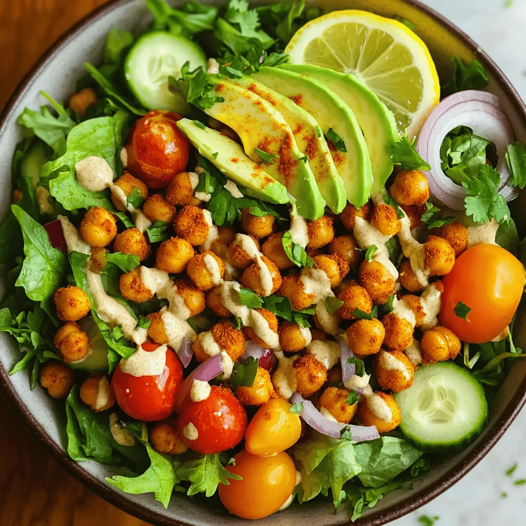 - 1 can (15 oz) chickpeas, rinsed and drained - 2 tablespoons olive oil - 1 tablespoon ground cumin - 1 tablespoon ground paprika - 1 teaspoon ground turmeric - 1/2 teaspoon chili powder - Salt and pepper to taste - 4 cups mixed greens (spinach, arugula, or your choice) - 1 cup cherry tomatoes, halved - 1 cucumber, diced - 1/4 red onion, thinly sliced - 1/2 cup parsley, chopped - 1 avocado, sliced - Juice of 1 lemon - Tahini dressing (store-bought or homemade) Chickpeas are the star of this salad. They provide protein, fiber, and iron. Chickpeas help you feel full and satisfied. Olive oil adds healthy fats and flavor. The spices like cumin and paprika bring warmth and depth. Now, let’s not forget the veggies! Mixed greens add vitamins and minerals. Cherry tomatoes burst with sweetness and color. Cucumbers bring crunch, while red onion adds a mild zing. Parsley not only tastes fresh but also packs nutrients. For extra creaminess, add avocado. Avocado contributes healthy fats and a buttery texture. Finally, a splash of lemon juice brightens the dish. It balances flavors and adds a refreshing touch. Feel free to explore with optional toppings. You can add nuts, seeds, or extra herbs. These will enhance texture and taste. You can also try different dressings for variety. This Chickpea Shawarma Salad is not just tasty; it’s a power-packed nutrient boost. You can find the full recipe earlier in this article. It’s a perfect way to enjoy a healthy meal! To start, we season the chickpeas for great flavor. First, preheat your oven to 400°F (200°C). In a mixing bowl, combine: - 1 can (15 oz) chickpeas, rinsed and drained - 2 tablespoons olive oil - 1 tablespoon ground cumin - 1 tablespoon ground paprika - 1 teaspoon ground turmeric - 1/2 teaspoon chili powder - Salt and pepper to taste Stir the chickpeas until they are well-coated. Next, spread the seasoned chickpeas on a baking sheet in a single layer. Bake for about 20-25 minutes. Stir them halfway through for even crispiness. To achieve the perfect crunch, let the chickpeas cool for a few minutes after baking. While the chickpeas bake, it’s time to mix the greens and veggies. In a large bowl, combine: - 4 cups mixed greens (spinach, arugula, or your choice) - 1 cup cherry tomatoes, halved - 1 cucumber, diced - 1/4 red onion, thinly sliced - 1/2 cup parsley, chopped Once the chickpeas are golden and crispy, add them to the salad bowl. Gently toss all the ingredients together to combine. This salad is colorful and packed with nutrients. Now, let’s prepare the tahini dressing. You can use store-bought tahini dressing, or make your own. To make a simple dressing, mix tahini, lemon juice, water, and salt until smooth. When ready, drizzle the dressing over the salad. Toss the salad gently again to coat all the ingredients evenly. This step ensures each bite bursts with flavor. Don’t forget to top with sliced avocado for extra creaminess. For the complete recipe, check out the [Full Recipe]. To get the best crispiness from your chickpeas, you should dry them well. Use a clean kitchen towel to pat them dry after rinsing. This step helps them crisp up in the oven. When you season your chickpeas, use olive oil and spices like cumin and paprika. These flavors create a warm and savory taste. Bake them at 400°F (200°C) for 20-25 minutes. Stir halfway to ensure they brown evenly. Balancing flavors is key for this salad. The zest of lemon juice adds brightness. Pair it with warm spices like turmeric and chili powder for depth. A sprinkle of salt brings all the flavors together. This mix makes each bite exciting. You can serve Chickpea Shawarma Salad in many ways. Use a large bowl for family-style meals or individual plates for a nice touch. Garnish with extra tahini dressing and parsley for a pop of color. For a complete meal, consider pairing it with grilled chicken or fish. This adds protein and makes for a filling plate. If you want a light lunch, serve the salad with whole-grain pita or hummus. These sides complement the flavors and make the meal more satisfying. Chickpea Shawarma Salad is packed with nutrients. Chickpeas provide protein and fiber, which help keep you full. They also contain iron, magnesium, and B vitamins. Mixed greens add vitamins A and C, while tomatoes and cucumbers give hydration and crunch. This salad fits many dietary needs. It is vegan and gluten-free, making it perfect for various diets. You can enjoy it guilt-free, knowing you’re fueling your body with wholesome ingredients. Plus, using fresh vegetables boosts overall health. Enjoy your meal while feeling good about what you eat! For the complete recipe, check out the [Full Recipe]. {{image_2}} You can swap chickpeas for other beans like black beans or lentils. If you want a different green, try kale or romaine. These changes keep the salad fun and fresh. For toppings, consider adding nuts like almonds or seeds like pumpkin. They boost your meal’s nutrition and add a nice crunch. You can give your salad a Mediterranean twist. Add olives, feta cheese, or roasted red peppers for extra flavor. Using local seasonal ingredients is also a great idea. If you have fresh herbs or veggies available, throw them in. They will enhance the taste and make your dish even more special. For a low-calorie version, use less olive oil or skip the avocado. You can still enjoy all the flavors without adding too many calories. If you want a high-protein option, add grilled chicken or tofu. This makes the salad filling and packed with nutrients. For more details, check the Full Recipe to create your own power-packed Chickpea Shawarma Salad! To keep your Chickpea Shawarma Salad fresh, use airtight containers. Glass or plastic containers work well. Make sure the salad cools down before sealing it. This step stops moisture from building up. Keep the salad in the fridge for the best taste. If you have extra tahini dressing, store it separately. This keeps the greens crisp and prevents sogginess. If you want to enjoy your salad warm, heat the chickpeas only. Use a pan on low heat to warm them. This way, they stay crispy. Do not heat the entire salad. Serving the salad chilled is also delightful. The cool veggies and chickpeas mix well with the dressing. You can try it both ways to see what you prefer! In the fridge, your salad lasts about 3 to 5 days. Always check for signs of spoilage. If the greens look wilted or the salad smells off, it’s best to throw it away. Freshness is key for great taste and health! Chickpea Shawarma Salad is a fresh and tasty dish. It features roasted chickpeas, mixed greens, and bright veggies. The chickpeas get a spice mix that makes them crisp and flavorful. This salad is a great way to enjoy plant-based protein. Plus, it's colorful and full of nutrients. Yes, you can! Meal prep makes this salad easy to enjoy. Roasted chickpeas can stay fresh for about four days. Store them in an airtight container. You can prepare the salad greens and veggies ahead too. Just keep them in the fridge. Mix everything together when you're ready to eat. This keeps the salad fresh and crunchy. If you don't have tahini, don't worry! You can use peanut butter or almond butter. These nut butters give a creamy texture and nutty flavor. Another option is using yogurt for a different taste. You can also blend sesame seeds with olive oil for a quick homemade tahini. Each choice adds its own twist while keeping the salad delicious. For the full recipe, check out the Chickpea Shawarma Salad details. This Chickpea Shawarma Salad is easy to make and packed with flavor. We explored key ingredients like chickpeas, spices, and fresh veggies. I shared tips for perfecting texture and flavor, along with serving suggestions. You can even adapt it for special diets. In conclusion, enjoy this salad as a flavorful meal or a side. It’s healthy, versatile, and can be customized to your taste. Make it ahead for quick meals, and savor the delicious benefits!
