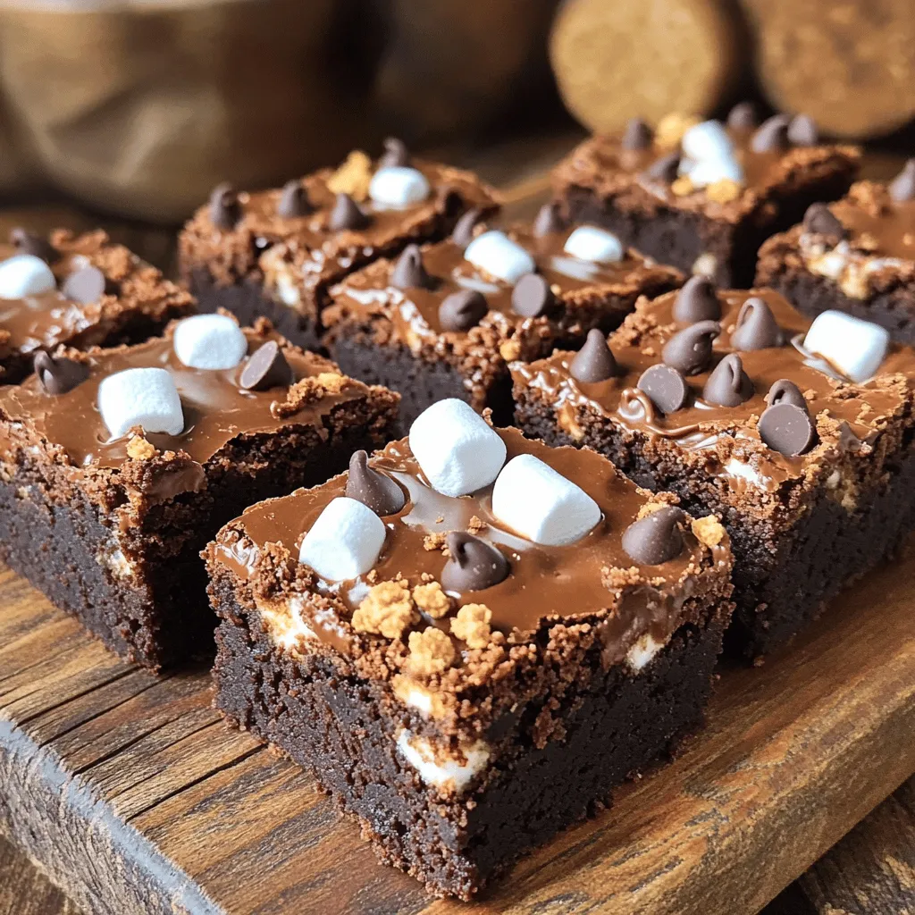 To make S'mores Brownie Bites, you will need: - 1 cup semi-sweet chocolate chips - ½ cup unsalted butter - 1 cup granulated sugar - 2 large eggs - 1 teaspoon vanilla extract - 1 cup all-purpose flour - ¼ cup unsweetened cocoa powder - ½ teaspoon baking powder - ¼ teaspoon salt - ½ cup mini marshmallows - ½ cup graham cracker crumbs - Extra chocolate chips for topping Gather these tools for a smooth cooking process: - A microwave-safe bowl - A mini muffin tin - Paper liners or non-stick spray - Mixing bowls - A whisk or spoon - Measuring cups and spoons - A toothpick for testing Using fresh ingredients makes a big difference. Here are my best tips: - Choose high-quality chocolate chips for rich flavor. - Use unsalted butter for better control over salt. - Check the eggs for freshness; they should be clean and uncracked. - Store flour in a cool, dry place to keep it fresh. - For marshmallows, look for soft, plump ones for the best texture. These tips will help your S'mores Brownie Bites taste amazing! For the full recipe, check the earlier section. To start, gather all your ingredients. You need chocolate chips, butter, sugar, eggs, and more. Make sure you have a mini muffin tin ready. Preheat your oven to 350°F (175°C). Line your muffin tin with paper liners or grease it with non-stick spray. This step keeps your brownie bites from sticking. Next, melt your butter and chocolate chips together. Use a microwave-safe bowl and heat in 30-second intervals. Stir in between to get a smooth mix. After that, stir in the sugar until combined. Add your eggs one at a time, mixing well. Then, pour in the vanilla extract. In another bowl, mix your flour, cocoa powder, baking powder, and salt. Slowly add these dry ingredients to your wet mix. Stir until just combined. Finally, fold in the graham cracker crumbs and mini marshmallows. Spoon your batter into the muffin tin, filling each cup about ¾ full. Top with extra chocolate chips to make them extra tasty. Bake for 12-15 minutes. Check with a toothpick; it should come out with a few moist crumbs. Once baked, take the tin out of the oven. Let it cool for 5 minutes in the pan. Then, transfer the brownie bites to a wire rack. This helps them cool evenly. Enjoy the delightful flavors of your homemade s'mores brownie bites! For the full recipe, check out the complete instructions earlier in this article. To melt chocolate, use a microwave-safe bowl. Combine the chocolate chips and butter. Heat in 30-second bursts. Stir after each burst until smooth. This keeps chocolate from burning. If you do not have a microwave, you can use a double boiler. This involves placing a bowl over boiling water. The steam will gently melt the chocolate. If your brownies are too dry, you might have baked them too long. Check them with a toothpick after 12 minutes. If there are too many crumbs, they are done. Another issue is if they stick to the liners. Make sure to use non-stick spray or liners. If your brownies overflow, do not fill the muffin tin too high. Aim for about ¾ full. For fun party vibes, serve S’mores brownie bites on a wooden board. You can sprinkle graham cracker crumbs on top for a nice look. For extra excitement, offer mini marshmallows on toothpicks. Guests can toast them over a small flame. This adds a great s’mores experience to your dessert table. You can find the full recipe to make these treats easy and quick! {{image_2}} You can switch up the flavors of your S'mores Brownie Bites easily. Try using different types of chocolate chips. For a fun twist, use white chocolate or dark chocolate. You can also add a pinch of cinnamon to the batter for warmth. This gives the bites a unique taste that pairs well with the s'mores theme. Add peanut butter chips or butterscotch chips for a sweet surprise. These small changes can make your treats stand out. If you need a gluten-free version, it is simple to adapt. Replace the all-purpose flour with a gluten-free flour blend. This blend often works well in baking. Make sure to check that the graham cracker crumbs are also gluten-free. You can find many brands that offer gluten-free options. With these swaps, you still get that chewy, gooey goodness in every bite. Everyone can enjoy these treats, regardless of dietary needs. To make vegan S'mores Brownie Bites, swap out a few key ingredients. Use plant-based butter instead of regular butter. Replace the eggs with flaxseed meal or applesauce. For the chocolate, choose dairy-free chocolate chips. These changes keep the flavor rich and delicious. You won’t miss the eggs or butter at all. Now, everyone can enjoy a tasty treat without animal products. Making these vegan is just as easy and fun! For the full recipe, check out the details above. To keep your S’mores Brownie Bites fresh, place them in an airtight container. Line the bottom with parchment paper. This helps to absorb moisture and keeps the bites from sticking. Store them at room temperature for up to three days. If you want them to last longer, refrigerate them for up to a week. Just make sure to bring them back to room temperature before serving. These brownie bites freeze very well. To freeze, first let them cool completely. Then, wrap each one in plastic wrap. Place the wrapped bites in a freezer-safe bag or container. They can stay in the freezer for up to three months. When you're ready to enjoy them, you can thaw them in the fridge overnight. To reheat, preheat your oven to 350°F (175°C). Place the brownie bites on a baking sheet. Warm them for about 5 to 7 minutes. This method keeps them soft and gooey, just like fresh out of the oven. For an extra treat, add a few mini marshmallows on top while reheating. Enjoy your warm, tasty bites! You can tell when they are done by using a toothpick. Insert it into the center of a brownie bite. If it comes out with a few moist crumbs, they are ready. If wet batter sticks to the toothpick, they need more time. Usually, they bake for 12 to 15 minutes. Keep an eye on them after 10 minutes to avoid overbaking. Yes, you can make these brownie bites ahead of time. Bake them and let them cool completely. Then, store them in an airtight container at room temperature. They stay fresh for about three days. For longer storage, you can freeze them. Wrap each bite in plastic wrap and store them in a freezer bag. They can last up to three months in the freezer. Just thaw and enjoy! You can get creative with toppings! Try adding a drizzle of caramel sauce or peanut butter. Chopped nuts like walnuts or pecans add crunch. You can also use crushed candy bars for extra flavor. For a fun twist, sprinkle on some toasty coconut flakes. Each topping gives a new flavor and look to your bites. Mix and match to find your favorite! Check out the Full Recipe for more details. This post covered all the steps to make tasty S'mores Brownie Bites. You learned about needed ingredients, kitchen tools, and top tips for freshness. I shared step-by-step instructions, baking tips, and fun serving ideas. We explored variations, storage strategies, and answered common questions. Now, you have all the tools to whip these up. Enjoy making and sharing these treats at your next gathering!