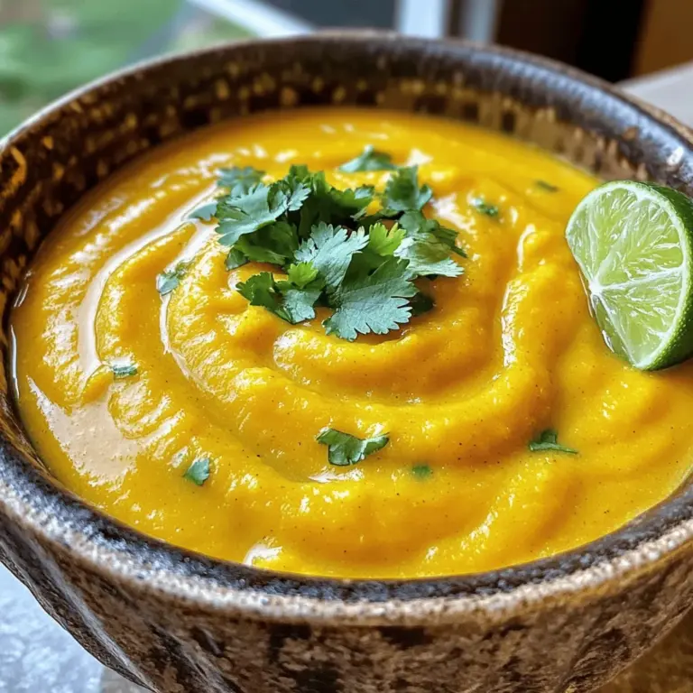 For this rich soup, you need a few key ingredients: - 1 medium butternut squash, peeled, seeded, and cubed - 1 tablespoon coconut oil - 1 onion, diced - 2 garlic cloves, minced - 1 tablespoon fresh ginger, minced - 2 tablespoons curry powder - 1 teaspoon turmeric - 1 can (13.5 oz) coconut milk - 4 cups vegetable broth - Salt and pepper to taste - Fresh cilantro, for garnish - Lime wedges, for serving Each component plays a big role in making this soup flavorful. The butternut squash adds sweetness and creaminess. The coconut milk gives it a rich texture. The spices bring warmth and depth. You can add a few optional ingredients to enhance the taste: - A splash of lime juice for brightness - A pinch of red pepper flakes for heat - Chopped green onions for freshness - Toasted pumpkin seeds for a crunchy topping Using these optional items can change the soup's flavor profile. Feel free to experiment based on your taste. If you have dietary needs, here are some easy swaps: - Use olive oil instead of coconut oil for a different fat. - Swap vegetable broth for chicken broth if you prefer. - For a nut-free option, skip the coconut milk and use oat milk. - If you're avoiding gluten, ensure your broth is gluten-free. These substitutions help you enjoy the soup without worry. It remains delicious and satisfying. For the full recipe, check out the complete guide. First, grab a medium butternut squash. Peel it, cut it in half, and scoop out the seeds. Next, cube the squash into 1-inch pieces. This size helps it cook evenly. Set the squash aside while you work on the next steps. In a large pot, heat 1 tablespoon of coconut oil over medium heat. Once hot, add 1 diced onion. Sauté for about 5 minutes until it becomes soft and clear. Then, add 2 minced garlic cloves and 1 tablespoon of minced ginger. Stir these for another minute until you smell their lovely aroma. Now it’s time for flavor! Sprinkle in 2 tablespoons of curry powder and 1 teaspoon of turmeric. Stir constantly for 1 to 2 minutes. This toasting step makes the spices even tastier and adds depth to your soup. Add the cubed butternut squash to your pot. Stir well to coat the squash with the spices and aromatics. Cook for another 5 minutes. Next, pour in 1 can of coconut milk and 4 cups of vegetable broth. Bring this mixture to a boil. Once boiling, reduce the heat and let it simmer for 20 to 25 minutes. When the squash is fork-tender, it’s ready to blend. Use an immersion blender to puree the soup until it’s smooth. If you don’t have one, carefully transfer the soup to a regular blender in batches. Return the blended soup to the pot and season with salt and pepper. If it’s too thick, add more broth or water to your liking. Now, your Coconut Curry Butternut Squash Soup is ready to enjoy! To get the right texture in your soup, pick a ripe butternut squash. Make sure you cut the squash into even pieces. This helps it cook evenly. When blending, ensure there are no lumps. A smooth soup feels creamy and rich. If your soup is too thick, add more broth. This keeps it light and enjoyable. Adding a swirl of coconut milk on top makes your soup look fancy. After pouring the soup into bowls, take a spoonful of coconut milk. Drizzle it in a circular motion. This adds a nice contrast to the bright orange soup. It’s simple but adds a touch of elegance. Plus, it enhances the coconut flavor. Serve your soup with fresh lime wedges on the side. The lime juice adds a zesty kick. It brightens the flavors and balances the creaminess. You can also pair it with crusty bread or warm naan. This gives a nice texture and makes each bite more filling. For a special touch, sprinkle fresh cilantro on top. It adds color and freshness that everyone will love. To find the full recipe, check out the Full Recipe section above. {{image_2}} You can easily make this soup vegan and gluten-free. The ingredients I use are already vegan. The coconut milk adds creaminess without dairy. Always check labels on vegetable broth to confirm it is gluten-free. This way, you can enjoy a rich flavor without worry. For extra protein, add chickpeas or lentils. They blend well with the soup's flavor. If you choose chickpeas, use one can, drained and rinsed. For lentils, add about one cup and cook them with the squash. They will soften and enrich the soup. If you love heat, add chili peppers. Slice fresh jalapeños or Thai chilies and sauté them with the onions. You can adjust the amount based on your spice preference. This twist will elevate the soup and add a kick. After you enjoy your Coconut Curry Butternut Squash Soup, store leftovers in an airtight container. Let the soup cool down first. Once cool, seal it tightly and place it in the fridge. It will stay fresh for 3 to 5 days. If you want to keep it longer, freezing is a great option. When reheating, you want to keep the taste just right. Pour the soup into a pot over low heat. Stir it often to keep it from sticking. If the soup seems thick, add a splash of vegetable broth or water. This will bring back its creamy texture. You can also use a microwave. Just heat it in short bursts, stirring in between. Freezing is simple and great for meal prep. Pour the cooled soup into freezer-safe containers. Leave some space at the top for expansion. Label the containers with the date. The soup can last for up to 3 months in the freezer. To use it, move the container to the fridge a day before. Then, reheat it as advised above. Enjoy your delicious soup later! For the full recipe, check out the detailed instructions and tips to make this soup shine! Yes, you can use frozen butternut squash. It saves time and is convenient. Just add it directly to the pot. Frozen squash cooks quickly. You may need to adjust the cooking time slightly. Keep an eye on it while it simmers. This soup pairs well with many sides. Here are a few ideas: - Crusty bread for dipping - A fresh green salad - Coconut rice for a full meal - Roasted vegetables for added texture These options enhance the soup's flavors and make for a complete dish. Coconut curry butternut squash soup lasts about 4 to 5 days in the fridge. Store it in an airtight container. Always let it cool before sealing. If you notice any strange smells or colors, it’s best to discard it. Absolutely, making this soup in advance is a smart idea. It actually tastes better after resting. The flavors blend well as it sits. Just store it in the fridge and reheat when you’re ready to serve. For the best taste, reheat it gently on the stove. Coconut curry butternut squash soup shines with simple, tasty ingredients. You learned how to prep the squash, sauté aromatics, and blend flavors. I covered tips for perfect texture and served it well. You also found great variations and storage tips. This soup is not just delicious; it fits many diets too. Enjoy making your own version, adding your favorite twists. Each bowl warms your soul and sparks joy in your kitchen. Happy cooking!