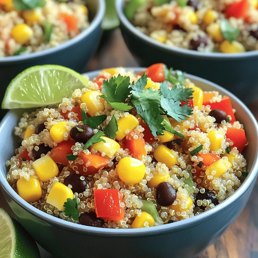 To create a tasty One-Pot Zesty Quinoa Fiesta, you'll need the following key ingredients: - 1 cup quinoa, rinsed - 2 cups vegetable broth - 1 can (15 oz) black beans, rinsed and drained - 1 cup corn kernels (fresh, frozen, or canned) - 1 red bell pepper, diced - 1 yellow bell pepper, diced - 1 small red onion, chopped - 2 cloves garlic, minced - 1 teaspoon ground cumin - 1 teaspoon smoked paprika - 1 teaspoon chili powder - 1 lime, juiced and zested - ¼ cup fresh cilantro, chopped - Salt and pepper to taste - 2 tablespoons olive oil These ingredients come together to give you a colorful, hearty dish. The quinoa serves as the base, while the beans and corn add protein and fiber. The bell peppers and onions bring crunch and sweetness. Spices like cumin and smoked paprika add depth, while lime juice gives a fresh zing. You can also add optional ingredients to make the dish your own: - Avocado slices for creaminess - Cherry tomatoes for a juicy bite - Jalapeños for heat - Cheese for richness Feel free to mix and match these extras. Adding a personal touch can enhance the flavor and texture of your meal. This dish is not only delicious but also packed with nutrition. Each serving provides: - Roughly 300 calories - 12 grams of protein - 8 grams of fiber - Healthy fats from olive oil and optional avocado Quinoa is a complete protein and is gluten-free, making it perfect for various diets. You can enjoy a filling meal that supports your health. For the full recipe, please refer to the earlier mentioned section. Before cooking, gather all your ingredients. This helps you stay organized. Rinse the quinoa under cold water until the water runs clear. This removes bitterness. Chop the red onion, bell peppers, and garlic. Set aside your canned black beans and corn. These add great flavor and nutrients. 1. Heat the Pot: In a large pot, put 2 tablespoons of olive oil over medium heat. 2. Sauté the Aromatics: Add the chopped onion. Cook for 2-3 minutes until soft. Add minced garlic, bell peppers, cumin, smoked paprika, and chili powder. Cook for another 2-3 minutes. 3. Toast the Quinoa: Stir in the rinsed quinoa. Toast it for about 1 minute. This adds a lovely nutty flavor. 4. Add Liquid: Pour in 2 cups of vegetable broth. Bring the mix to a boil. 5. Simmer: Once boiling, reduce heat to low. Cover the pot and let it simmer for 15 minutes until fluffy. 6. Mix in Extras: Fluff the quinoa with a fork. Add the black beans, corn, lime juice, and lime zest. Season with salt and pepper. 7. Finish with Freshness: Mix in chopped cilantro for that vibrant taste. Let it sit for a few minutes to cool. Serve your One-Pot Zesty Quinoa Fiesta in deep bowls. Garnish with extra lime wedges and cilantro. This makes it look bright and fresh. You can also pair it with avocado slices or tortilla chips for a crunchy touch. Enjoy your delicious meal! To boost flavor, use fresh herbs. Add cilantro at the end for a bright taste. You can also mix in lime juice for a zesty kick. For a crunch, top with crushed tortilla chips or avocado slices. This adds texture and richness to your meal. One common mistake is not rinsing quinoa. This can leave a bitter taste. Always rinse quinoa under cold water before cooking. Another mistake is cooking quinoa too long. This can turn it mushy. Keep an eye on it and follow the timing closely for the best results. Use a 2:1 ratio of liquid to quinoa. This helps ensure perfect cooking. For flavor, use vegetable broth instead of water. This adds depth to the dish. Let quinoa rest after cooking to absorb extra moisture. Fluff it gently with a fork to keep it light. For the full recipe, check out the One-Pot Zesty Quinoa Fiesta. {{image_2}} You can make One-Pot Zesty Quinoa Fiesta more vibrant with plant-based ingredients. Use vegetable broth for cooking. This dish is already vegan since it does not have meat or dairy. Add more veggies for color and taste. Try zucchini, mushrooms, or spinach to boost nutrition. You can also replace black beans with chickpeas. This keeps it fun and fresh. For meat lovers, you can add proteins to make this dish heartier. Cook diced chicken, shrimp, or tofu in the pot first. Sauté them until they are golden brown. This adds great flavor to the dish. Then, follow the regular steps in the Full Recipe. The proteins blend well with the spices and veggies. It makes each bite a delight. If you crave heat, add jalapeños or your favorite hot sauce. Chop fresh jalapeños and add them with the garlic. This gives a nice kick. For a milder taste, use pickled jalapeños instead. You can also drizzle hot sauce over the finished dish. It’s a simple way to customize the heat level. Adjust the spice to fit your taste buds. To keep your One-Pot Zesty Quinoa Fiesta fresh, store it in an airtight container. Let it cool down first. Once cool, place it in the fridge. It will last for about 3 to 5 days. Make sure to label the container with the date. This helps you track how long it has been stored. When you’re ready to enjoy your leftovers, reheat them gently. Use a microwave-safe bowl and cover it with a lid or a damp paper towel. Heat for 1 to 2 minutes, stirring halfway through. You can also reheat on the stove. Add a splash of vegetable broth or water to keep it moist. Heat over low until warm. If you want to freeze your dish, it’s simple! First, cool it completely. Then, portion it into freezer-safe bags or containers. Remove as much air as possible before sealing. It can stay in the freezer for up to 3 months. When you’re ready to eat, thaw it in the fridge overnight before reheating. Enjoy the flavors all over again! Cooking quinoa takes about 15 minutes. You boil it, then let it simmer. The heat should be low, and you cover the pot. When the quinoa is fluffy, it’s done. Yes, you can use other grains. Try rice, bulgur, or farro. Keep in mind, cooking times may change. Each grain has its own water ratio and cooking time. Quinoa is very healthy. It has lots of protein and fiber. It's also gluten-free, making it great for many diets. Quinoa offers vitamins and minerals, too, like magnesium and iron. To add spice, try using jalapeños or hot sauce. You can also increase the chili powder. Mix in red pepper flakes for more heat. Adjust to your taste. Yes, you can make this dish ahead of time. Cook it, then store it in the fridge. It stays good for about 3-4 days. Just reheat when you’re ready to eat. Check out the Full Recipe for all the details! This article shared a simple recipe for One-Pot Zesty Quinoa Fiesta. You learned about the key and optional ingredients. The step-by-step instructions guide you through cooking and serving. Tips and tricks help you enhance flavor and avoid mistakes. We explored fun variations, from vegetarian to spicy. Finally, we covered storage info to keep your dish fresh. This dish is easy to make and can suit your taste. Experiment with flavors and enjoy the process!
