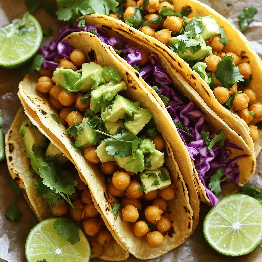 - 1 can (15 oz) chickpeas - 1 ripe avocado - 1 teaspoon olive oil - 1 teaspoon chili powder - 1/2 teaspoon cumin - 1/2 teaspoon garlic powder - Salt and pepper to taste - 8 small corn tortillas - 1 cup shredded purple cabbage - 1/2 cup fresh cilantro - Lime wedges - Optional: hot sauce When making crispy avocado chickpea tacos, choose high-quality ingredients for the best taste. For chickpeas, look for organic canned options without added salt. Fresh, ripe avocados make a big difference in flavor and texture. Use extra virgin olive oil for its rich taste. Select bright, vibrant spices like chili powder and cumin to enhance your dish. Fresh cilantro adds a burst of flavor; always choose organic if possible. These tacos are vegetarian and can be vegan if you skip the optional hot sauce. Chickpeas are high in protein and fiber, making them a great choice for a filling meal. If you have gluten sensitivities, ensure your corn tortillas are certified gluten-free. This dish is also nut-free, which is great for those with nut allergies. You can easily adapt the recipe to fit other dietary needs by swapping ingredients. For instance, swap chickpeas for black beans if you prefer. - Preheat the oven to 400°F (200°C). - In a baking dish, toss your chickpeas with olive oil, chili powder, cumin, garlic powder, salt, and pepper. Make sure they are well coated. - Bake the chickpeas for about 20-25 minutes. Stir them halfway for even crispiness. The chickpeas should be golden and crunchy. - While the chickpeas bake, toast the corn tortillas in a skillet over medium heat. Toast each side for about 30 seconds until warm and slightly charred. - Start layering the tacos by placing a generous spoonful of crispy chickpeas on each tortilla. - Top with diced avocado and a handful of shredded purple cabbage. - Garnish with fresh cilantro and a squeeze of lime juice. If you like heat, add hot sauce. To make the chickpeas really crispy, choose a good can. Rinse and drain them well. This helps remove extra moisture. Use a bit of olive oil to coat them lightly. Seasoning is key! I love to add chili powder, cumin, and garlic powder for great taste. Spread the chickpeas in a single layer on the baking dish. Bake them at 400°F (200°C) for about 20-25 minutes. Stir them halfway through for even crispiness. For the best avocado, pick one that is ripe but firm. It should yield slightly when you press it. Cut it into small cubes for easy topping. Adding the avocado right before serving keeps it fresh and green. You can also drizzle a bit of lime juice over it to prevent browning. Seasoning makes a big difference! I recommend salt and pepper to bring out flavors. If you want more heat, try adding a pinch of cayenne. Fresh herbs like cilantro can brighten up the dish. Squeeze fresh lime juice over the tacos before serving. This adds a zesty kick that makes each bite amazing. Enjoy these tips to make your tacos even better! For the full recipe, check out the details provided. {{image_2}} You can add more protein to your tacos. Black beans are a great choice. They add fiber and taste. Simply rinse and drain a can of black beans. Mix them with the chickpeas before baking. Tofu is another option. Press and cube firm tofu, then season it like the chickpeas. Bake until golden. Both options boost protein and make these tacos even more filling. Tacos can come in two main styles: soft and crunchy. Soft tacos use warm corn tortillas. They bend easily and hold filling well. Crunchy tacos use hard shells. They add a nice crunch to each bite. Choose what you like best. You could even mix both styles for fun. Feel free to get creative with toppings. You can add other vegetables like diced tomatoes, corn, or radishes. They add color and crunch. Different sauces can also change the flavor. Try salsa, guacamole, or a creamy dressing. Each topping brings a new taste to the tacos. Explore these ideas to make your meal special. For the full recipe, check the previous section. To store leftover tacos, place them in an airtight container. Keep the crispy chickpeas separate from the tortillas and toppings. This keeps them fresh and prevents sogginess. They will last in the fridge for up to three days. If you want to enjoy them later, avoid adding avocado until you are ready to eat. You can freeze the chickpeas for later use. Spread them on a baking sheet and freeze them. Once frozen, transfer them to a freezer-safe bag. They can stay in the freezer for up to three months. However, I don’t recommend freezing the tortillas or toppings. They won’t maintain their texture. To reheat, first, warm the chickpeas in the oven at 350°F (175°C) for about 10 minutes. This helps them regain their crispiness. For the tortillas, heat them in a dry skillet for about 30 seconds on each side. This makes them warm and soft again. Assemble your tacos fresh for the best taste. For the full recipe, check the previous section. To make chickpeas crispy, start with dry beans. Rinse and drain them well. Pat them dry with a towel. This helps remove moisture. Toss them with olive oil and spices. Spread the chickpeas in a single layer on a baking sheet. Bake at 400°F for 20 to 25 minutes. Stir them halfway for even cooking. Keep an eye on them. They should be golden brown and crunchy. Yes, you can prepare some parts ahead. Make the chickpeas a day in advance. Store them in an airtight container in the fridge. Warm them up before serving. You can also chop the avocado and veggies ahead. Just squeeze some lime juice on the avocado to prevent browning. Assemble the tacos just before serving. This keeps everything fresh and tasty. Tacos pair well with many sides. Consider serving a fresh salad with lime dressing. Guacamole and tortilla chips are always a hit. You can also offer Mexican rice or refried beans. For something light, try a corn salad. These sides complement the flavors of the tacos nicely. For the full recipe and more details, check the Crispy Avocado Chickpea Tacos section. You’ve learned how to make delicious tacos using simple ingredients. Remember to choose quality items for the best taste. Crispy chickpeas and ripe avocado add great flavor. Tacos can be soft or crunchy, depending on your preference. With the right storage tips, you can enjoy these tacos later. Experiment with different proteins and toppings to find your favorite. Tacos are fun and easy to make, so get creative! Enjoy your cooking journey and share these tasty treats with others.