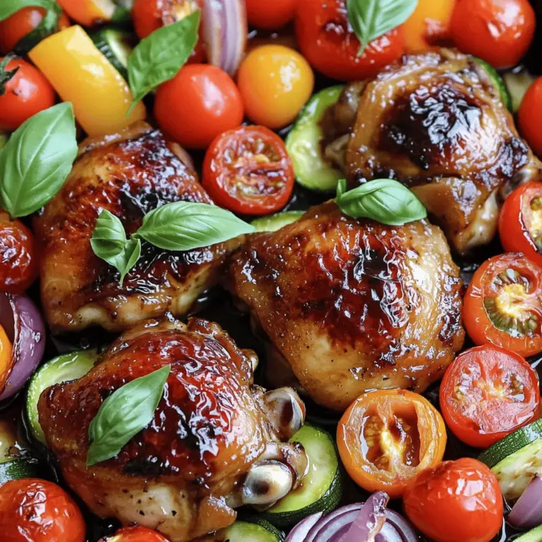 - 4 boneless, skinless chicken thighs - 2 cups cherry tomatoes, halved - 1 zucchini, sliced - 1 bell pepper (any color), chopped - 1 red onion, cut into wedges - 4 cloves garlic, minced - 1/4 cup balsamic vinegar - 3 tablespoons olive oil - 1 teaspoon dried oregano - Salt and pepper to taste - Fresh basil leaves for garnish The heart of this dish is the chicken thighs. They stay juicy and tender during cooking. The vegetables add color and crunch. Cherry tomatoes burst with flavor, while zucchini and bell pepper bring a nice texture. A red onion adds sweet notes. The garlic and balsamic vinegar unite everything with a tangy punch. - Additional herbs - Spices You can customize this dish easily. If you love herbs, add some thyme or rosemary. A pinch of red pepper flakes can spice things up. Feel free to experiment! Use what you have on hand to make it your own. - Fresh herbs - Cheese options To finish your dish, top it with fresh basil leaves. They add a bright flavor. You might also sprinkle some Parmesan cheese for richness. This added touch can elevate your meal, making it even more delicious. For the full recipe, check out the instructions above. Marinating the chicken Start by mixing balsamic vinegar, olive oil, garlic, oregano, salt, and pepper in a bowl. Whisk them together until they blend well. Next, place the chicken thighs in the bowl. Make sure each piece gets a good coating of the marinade. Set the chicken aside. It’s best to let it sit for at least 15 minutes. If you have more time, marinate it longer for even better flavor. Prepping the vegetables While the chicken marinates, it’s time to prep the veggies. Take your cherry tomatoes, zucchini, bell pepper, and red onion. Cut them into the right sizes. Halve the tomatoes, slice the zucchini, chop the bell pepper, and cut the red onion into wedges. Place all the veggies on a large baking sheet. Drizzle a bit of olive oil on them and sprinkle with salt and pepper. Toss everything to coat well. Baking the dish Preheat your oven to 400°F (200°C). This temperature helps cook the chicken and veggies evenly. Once preheated, make space in the center of the baking sheet for the chicken. Place the marinated chicken thighs in that spot. Pour any leftover marinade over the chicken, ensuring it stays moist. Bake the dish for 25 to 30 minutes. Ensuring proper cooking temperature To know when the chicken is done, check the internal temperature. It should reach 165°F (74°C). The veggies will also become tender and flavorful. This step is key to a safe and tasty meal. Plating the dish After baking, take the dish out of the oven. Let it rest for a few minutes. This helps the juices settle. When ready, plate the chicken and veggies together. Make it look nice by arranging them well. Pairing ideas This meal pairs great with rice, quinoa, or a fresh salad. You can also serve it with crusty bread. These sides balance the rich flavors of the chicken and veggies. For a special touch, add fresh basil leaves on top before serving. For the full recipe, check out One Pan Balsamic Chicken and Veggies. Marination time: Marinate the chicken for at least 15 minutes. This helps the flavors soak in. For even better taste, try marinating for up to 2 hours. This extra time makes the chicken juicy and flavorful. Oven settings: Preheat your oven to 400°F (200°C). A hot oven cooks the chicken well and makes the veggies tender. Use an oven thermometer to check the heat. This ensures even cooking. Cooking issues: If the chicken is not cooked through, check its temperature. It should reach 165°F (74°C). If you find it undercooked, put it back in the oven for a few more minutes. Cover it with foil to keep it moist. Flavor enhancements: If you want more flavor, try adding lemon juice to the marinade. Fresh herbs like thyme or rosemary can boost the taste too. A pinch of red pepper flakes adds a nice kick. How to store leftovers: Let the dish cool down first. Store leftovers in an airtight container. They will last in the fridge for 3-4 days. If you want to keep it longer, freeze it for up to 3 months. Best reheating methods: For the best results, reheat in the oven at 350°F (175°C) for about 10-15 minutes. This keeps the chicken juicy. If you're in a hurry, you can use the microwave, but be careful not to overheat it. {{image_2}} You can easily change the protein in this dish. Try using chicken breasts or turkey. For a vegetarian option, use chickpeas or tofu. Each protein brings its own flavor and texture. Seasonal vegetables can also change the dish. In summer, use fresh corn or green beans. In fall, try butternut squash or Brussels sprouts. These swaps keep the dish fresh and exciting. If you want to switch up the dressing, try lemon juice or honey mustard. These add a nice twist to the flavor. You can also use different herbs like thyme or rosemary for a new taste. Adjust the spice level to fit your taste. Add red pepper flakes for heat or leave them out for a milder dish. You can cater the spice to what you enjoy. Serving styles can make your dish pop. Try serving it family-style on a large platter. This invites everyone to dig in and share. For plating techniques, stack the chicken on the veggies for height. Add a drizzle of balsamic glaze on top for shine. Using fresh basil as a garnish adds a nice touch. For the full recipe, check out the One Pan Balsamic Chicken and Veggies section. One serving of One Pan Balsamic Chicken and Veggies has about 350 calories. The chicken thighs provide a good amount of protein. Each serving contains around 30 grams of protein. This protein helps build and repair muscles. The dish also has healthy fats, mainly from olive oil. Each serving has about 15 grams of fat. You also get around 20 grams of carbohydrates from the veggies. These carbs come from fiber-rich sources, making this dish filling and nutritious. This dish is full of health benefits. Chicken thighs are a great source of protein. They supply essential vitamins and minerals. Cherry tomatoes are high in antioxidants. They help boost your immune system. Zucchini and bell peppers add fiber and vitamins. These veggies keep your digestive system healthy. The balsamic vinegar has health benefits too. It can help control blood sugar levels. This meal also offers a good balance of protein, carbs, and fats. Eating a balanced meal can help you feel full and satisfied. This dish is gluten-free. You do not need to worry about gluten with this recipe. If you follow a low-carb diet, you can make some changes. You can use chicken breast instead of thighs. This swap lowers the fat content. You can also cut back on the amount of balsamic vinegar. You can add more veggies to keep it filling while reducing carbs. This recipe is flexible and can fit many diets. Can I use bone-in chicken? Yes, you can use bone-in chicken. It will take longer to cook. Cook until the internal temperature is 165°F (74°C). How do I know when chicken is cooked? Use a meat thermometer. The chicken should reach 165°F (74°C) in the thickest part. The juices should run clear, not pink. Can this recipe be made ahead? Absolutely! You can marinate the chicken and prep the veggies the night before. Store them in the fridge. What’s the best method for reheating? Reheat in the oven for the best texture. Set it to 350°F (175°C) and bake for 15 minutes. Can I use balsamic glaze instead of vinegar? Yes, you can substitute balsamic glaze. It will add a sweeter flavor. Adjust the quantity to taste. What are suitable vegetable alternatives? You can swap in broccoli, carrots, or asparagus. Use any veggies you enjoy or have on hand. In this article, we explored the key ingredients and steps for a delicious chicken dish. You learned how to prepare, cook, and serve it with tasty garnishes. I shared tips for marinating, cooking, and storing leftovers. You also discovered ways to customize the recipe and the nutritional benefits of the ingredients. Embrace these ideas to create a meal that suits your taste. Happy cooking!