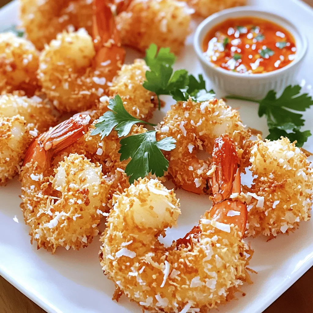 To make crispy coconut shrimp, you need some simple ingredients that pack a lot of flavor. Here’s what you will need: - 1 pound large shrimp, peeled and deveined - 1 cup all-purpose flour - 2 large eggs, beaten - 1 cup shredded coconut - 1 cup panko breadcrumbs - ½ teaspoon garlic powder - ½ teaspoon paprika - Salt and pepper to taste - Vegetable oil for frying These ingredients work together to create a crunchy outside and a juicy inside. The shrimp soak up the flavors from the garlic powder and paprika, giving each bite a tasty kick. The panko breadcrumbs add extra crunch, while the coconut gives a sweet touch. When you gather your ingredients, make sure the shrimp are fresh and the coconut is either sweetened or unsweetened, based on what you like. This recipe is all about balance and flavor. You can find the Full Recipe for more details on how to bring these ingredients together. Start by rinsing your shrimp under cold water. Pat them dry with paper towels. This step is key to getting crispy shrimp. Next, season the shrimp lightly with salt and pepper. This simple seasoning brings out the shrimp's natural flavor. Now, let’s set up your breading station. Grab three shallow dishes. In the first dish, add one cup of all-purpose flour. In the second dish, place two beaten eggs. In the third dish, mix together one cup of shredded coconut, one cup of panko breadcrumbs, half a teaspoon of garlic powder, half a teaspoon of paprika, and a pinch of salt and pepper. This mix gives your shrimp a tasty crunch. Take a shrimp and coat it in the flour first. Shake off any extra flour. Then, dip it into the beaten eggs, making sure it’s well covered. Finally, roll the shrimp in the coconut-panko mix. Press gently so the coating sticks well. Heat about one inch of vegetable oil in a large skillet over medium-high heat. The oil should reach around 350°F (175°C). Carefully add the coated shrimp to the hot oil in batches. Avoid overcrowding the pan. Fry each shrimp for about 2-3 minutes on each side. Look for a golden brown color and a crispy texture. Once they’re ready, remove the shrimp from the oil. Place them on a plate lined with paper towels to drain the excess oil. Serve your crispy coconut shrimp hot, perfect with a sweet chili dipping sauce. For the full recipe, check out the [Full Recipe]. To make your crispy coconut shrimp shine, follow these tips: - Keep everything dry: Ensure your shrimp are dry before breading. This helps the coating stick better. - Use three bowls: Set up one for flour, one for eggs, and one for the coconut mix. It makes breading easier. - Coat evenly: Make sure each shrimp gets a good coating of flour, egg, and coconut mix. This gives you a good crunch. Crispiness is key to great coconut shrimp. Here’s how to get it just right: - Hot oil is a must: Heat the oil to about 350°F (175°C). Test it by dropping a small piece of bread in the oil. If it bubbles, it's ready. - Don’t overcrowd the pan: Fry in small batches. This keeps the oil hot and helps each shrimp cook evenly. - Cook for the right time: Fry for 2-3 minutes on each side. Watch for a golden brown color, which means they are done. Now, let’s think about how to serve these tasty bites: - Dips: Serve with sweet chili sauce for a sweet kick. You can also try a tangy mango salsa. - Side Dishes: Pair your shrimp with rice or a fresh salad. Coleslaw also makes a great crunchy side. - Garnish: Add some lime wedges for a zesty touch. A sprinkle of fresh herbs can elevate the dish too. For the full recipe, check the section above. Enjoy your cooking adventure! {{image_2}} You can enjoy crispy coconut shrimp in two ways: baked or fried. Fried shrimp get a golden, crunchy coating that many love. The oil gives a rich flavor. However, baking offers a lighter option. To bake, preheat your oven to 400°F. Place the breaded shrimp on a baking sheet lined with parchment paper. Spray them lightly with cooking oil. Bake for 15-20 minutes, flipping halfway. They may not be as crispy, but they still taste great! Want to kick it up a notch? Make spicy coconut shrimp! Add cayenne pepper or chili powder to the coconut-panko mix. This adds heat that balances the sweetness of the coconut. You can also serve these shrimp with a spicy dipping sauce. Mix mayonnaise with Sriracha for a creamy kick. This variation is perfect for those who love bold flavors. Dipping sauces can change your shrimp experience. Instead of just sweet chili sauce, try different dips. Here are some fun ideas: - Mango salsa: Fresh mango, red onion, cilantro, and lime juice create a fruity dip. - Pineapple teriyaki sauce: This sweet and savory sauce pairs well with the shrimp. - Avocado lime crema: Blend avocado, yogurt, lime juice, and cilantro for a creamy dip. These sauces let you explore new tastes and make your meal more exciting! You can find the full recipe for crispy coconut shrimp above. After enjoying your crispy coconut shrimp, you may have some leftovers. To store them, let the shrimp cool completely. Place them in an airtight container. Keep the container in the fridge for up to three days. This keeps the shrimp fresh and tasty. If you have lots of shrimp, consider dividing them into smaller portions. When you are ready to eat your leftovers, reheating is key. The best way to keep them crispy is in the oven. Preheat your oven to 350°F (175°C). Place the shrimp on a baking sheet lined with foil. Bake for about 10 minutes, or until they are hot and crispy again. Avoid using the microwave, as it makes the shrimp soggy. If you want to save the shrimp for a longer time, freezing is a good option. After cooling, place them in a freezer-safe bag. Make sure to remove as much air as possible before sealing. You can freeze them for up to three months. To keep the shrimp crispy after freezing, flash freeze them first. Lay the shrimp on a baking sheet in a single layer. Freeze for about an hour. Then, transfer them to a bag. This method helps maintain their texture when you reheat them later. Enjoy your crispy coconut shrimp whenever you want! For the full recipe, check out the details above. The best way to cook crispy coconut shrimp is to fry them. Frying gives them a nice crunch. Heat oil in a skillet until hot. Then, add the shrimp in batches. Cook them for 2-3 minutes on each side. This method makes them golden and crispy. Yes, you can use frozen shrimp for this recipe. Just make sure to thaw them first. Rinse them under cold water. Pat them dry with paper towels. Thawed shrimp work just as well as fresh shrimp. To make coconut shrimp healthier, try these tips: - Use whole wheat flour instead of all-purpose flour. - Bake instead of fry. This cuts down on oil and calories. - Use less sweetened coconut. Unsweetened coconut is a better choice. You can also serve the shrimp with a fresh salad instead of fries. This adds more nutrients. - Full Recipe: Crispy Coconut Shrimp 🥥 Now you have all you need for delicious crispy coconut shrimp. We covered the ingredients, step-by-step instructions, and helpful tips. You learned about different cooking methods and how to store leftovers for later. Enjoy making this dish your own with fun variations and tasty dips. Cooking can be easy and fun! Get in the kitchen and impress your family and friends with your tasty coconut shrimp.