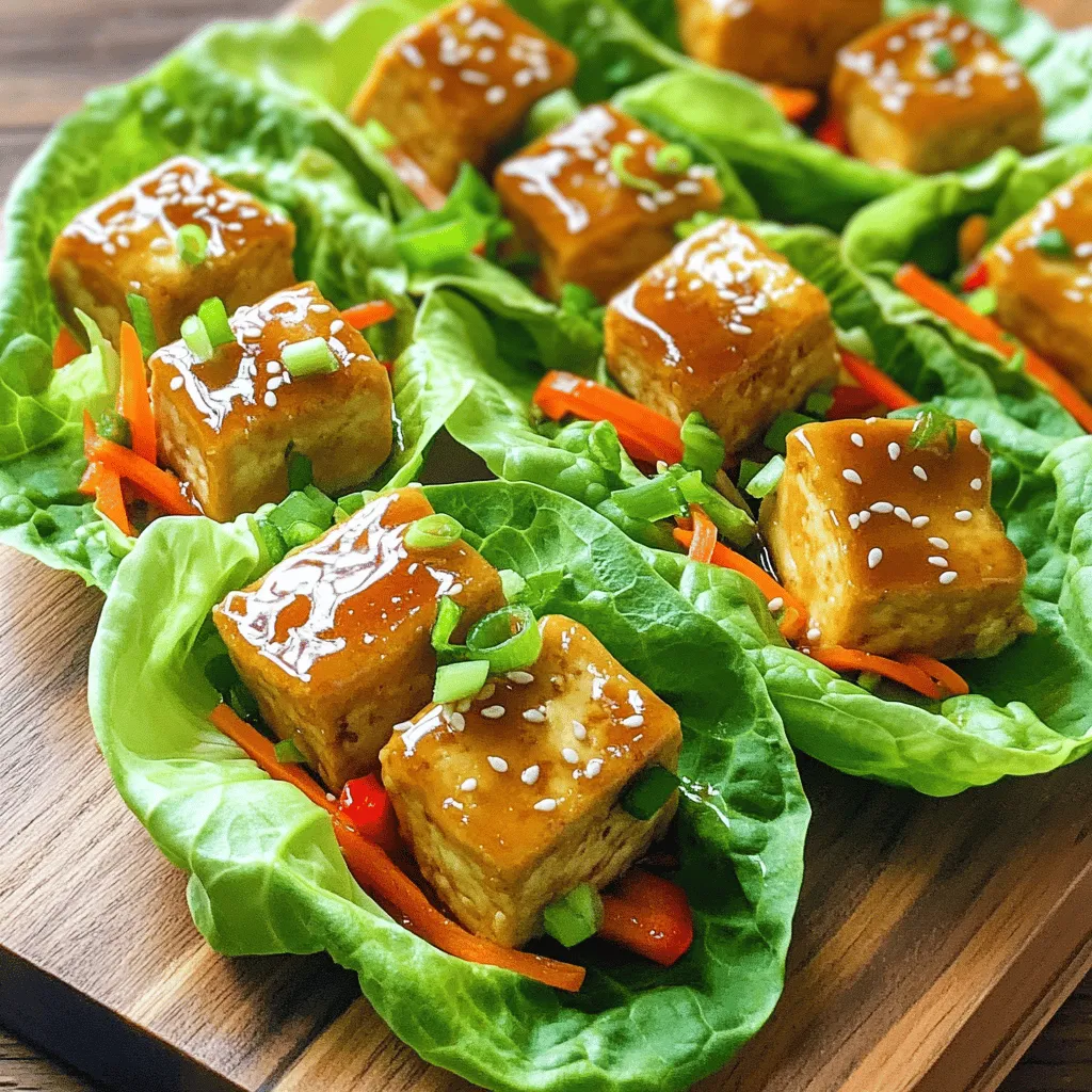 For these tasty wraps, you need a few basic items. Here’s the list: - 1 block (14 oz) firm tofu, pressed and cubed - 2 tablespoons cornstarch - 3 tablespoons vegetable oil - 3 tablespoons honey - 2 tablespoons soy sauce - 1 tablespoon lime juice - 1 teaspoon lime zest - 1/2 teaspoon garlic powder - 1 cup shredded carrots - 1 cup red bell pepper, diced - 1/4 cup green onions, sliced - 1 head of Romaine lettuce, leaves separated These ingredients make the tofu crispy and sweet with a zesty kick from lime. The tofu absorbs the honey-lime sauce, giving it a special taste. You can make your wraps even better with some fun toppings. Consider adding: - Sesame seeds for a nice crunch - Fresh cilantro for a burst of flavor These garnishes not only add taste but also make your dish look pretty and inviting. If you can’t find some ingredients, here are a few swaps: - Use maple syrup instead of honey for a vegan option. - Try tamari if you need a gluten-free soy sauce. - Swap in any colorful veggies you have on hand, like cucumbers or snap peas. These options keep the recipe flexible and allow you to use what you have in your kitchen. For the full recipe, check out the details included above. To start, you need to press the tofu. This step is key for crispiness. Wrap the tofu in a clean towel. Place a heavy object on top. Let it sit for about 30 minutes. This helps remove extra moisture. After pressing, cut the tofu into small cubes. Smaller pieces cook better and get crispier. Next, coat the cubed tofu with cornstarch. Toss the cubes in a bowl until they are evenly coated. This will help create a crunchy outer layer. In a large skillet, heat vegetable oil over medium-high heat. Add the tofu cubes to the hot oil. Cook them for about 8-10 minutes. You want them to turn golden and crispy on all sides. Keep an eye on them to prevent burning. While the tofu cooks, mix the sauce in a bowl. Combine honey, soy sauce, lime juice, lime zest, and garlic powder. Stir until everything is well blended. Once the tofu is crispy, pour the honey-lime mixture over it in the skillet. Toss gently to coat the tofu. Let the mixture bubble and caramelize for 2-3 minutes. After that, add in shredded carrots and diced red bell pepper. Stir until the veggies mix well with the tofu. Now your filling is ready for the lettuce wraps. For the full recipe, check the detailed steps above! To get crispy tofu, start by pressing it well. This removes moisture, which helps it crisp up. After pressing, coat the tofu cubes with cornstarch. This adds a nice crunch when you cook it. Use a hot skillet with oil to fry the tofu. Cook until golden brown, around 8-10 minutes. Remember, the key is high heat and patience. When handling tofu, use a clean towel to press it. Wrap the tofu tightly and place a heavy object on top. Let it sit for about 30 minutes. This simple step makes a big difference. Once pressed, cut it into even cubes. Try to keep them the same size. This ensures they cook evenly. For the best taste, serve the crispy tofu in fresh lettuce leaves. Romaine works great, as it adds a nice crunch. Top with shredded carrots and diced bell peppers for color and texture. Green onions add a fresh bite. If you enjoy herbs, sprinkle fresh cilantro on top. You can also add sesame seeds for a nutty flavor. For the full recipe, check out the detailed instructions on how to make these delicious wraps! {{image_2}} These wraps shine in their plant-based form. You can swap the tofu for tempeh. Tempeh gives a nutty taste and firm texture. Another option is using chickpeas. Just roast them until crispy, and you’re set. You can also add sautéed mushrooms for a savory twist. They bring umami flavors that everyone loves. If you want to switch it up, try chicken or shrimp. For chicken, use grilled strips for a smoky flavor. For shrimp, sauté them quickly in the same pan. They cook fast and soak up the sauce well. You can also try ground turkey or beef. Cook it in the same honey-lime sauce for a tasty twist. You can play with sauces to change the wraps. Try a spicy sriracha sauce for heat. Mix it in with the honey-lime sauce. You can also use hoisin sauce for a sweet and savory mix. For a fresh taste, use a peanut sauce. It adds richness and pairs well with the tofu. Feel free to experiment and find your favorite flavor! To keep your crispy honey lime tofu fresh, store it in an airtight container. Use a shallow container to avoid squishing the tofu. Separate the tofu from the lettuce leaves. Wrap the lettuce in a damp paper towel and keep it in a zip-top bag. This way, the lettuce stays crisp. When reheating, avoid the microwave. Instead, use a skillet. Heat the skillet on medium heat and add a bit of oil. Add the tofu and cook until crispy again, about 3-5 minutes. You can also use an oven. Preheat to 350°F (175°C) and warm the tofu for about 10 minutes. This keeps it crunchy. The prepared tofu can last for about 3-4 days in the fridge when stored properly. The lettuce should be eaten within 1-2 days for the best texture. If you have leftover sauce, it can last up to a week in the fridge. Always check for any signs of spoilage before eating. For the full recipe, check out the Crispy Honey Lime Tofu Lettuce Wraps. The best type of tofu for Crispy Honey Lime Tofu Lettuce Wraps is firm tofu. Firm tofu holds its shape well and crisps up nicely when cooked. Soft or silken tofu will not give you the crunch you want. Look for a block that feels dense and has low moisture. Press it before cooking to remove excess water. This step is key to achieving a crispy texture. Yes, you can easily make this recipe gluten-free. To do this, simply replace soy sauce with tamari or coconut aminos. Both options are gluten-free and will not change the flavor much. Always check the labels to ensure ingredients are certified gluten-free. This way, everyone can enjoy these tasty wraps without worry. Adding more vegetables to your wraps is simple and fun. You can mix in ingredients like cucumber, avocado, or shredded cabbage. These veggies add crunch and flavor. Feel free to use any fresh vegetables you love. Just chop them into small pieces so they fit well in the lettuce wraps. This way, you make your meal even healthier and colorful. Crispy Honey Lime Tofu Lettuce Wraps are easy to make and delicious. We covered essential ingredients, cooking steps, and helpful tips. You can customize them with different proteins and sauces. Storing leftovers properly keeps your meals fresh. With this guide, you can enjoy tasty wraps that fit your diet. Try these wraps today, and enjoy the great flavors!