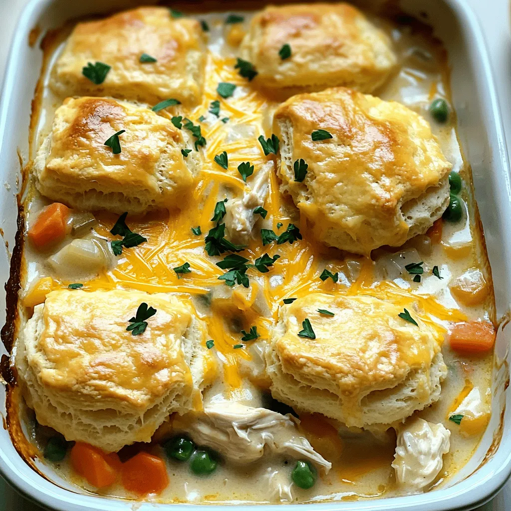 You will need the following for the chicken pot pie casserole: - 2 cups cooked chicken, shredded or diced - 1 cup frozen mixed vegetables (peas, carrots, corn) - 1 can (10.5 oz) cream of chicken soup - 1 cup chicken broth - 1 teaspoon garlic powder - 1 teaspoon onion powder - 1/2 teaspoon thyme - 1/2 teaspoon black pepper - 1 cup biscuit mix - 2/3 cup milk - 1 cup shredded cheddar cheese - Fresh parsley, chopped (for garnish) You can swap out some ingredients based on what you have at home. Here are some ideas: - Use leftover turkey instead of chicken for a tasty twist. - For a vegetarian option, replace chicken with chickpeas or tofu. - If you don’t have cream of chicken soup, use cream of mushroom soup. - Fresh vegetables can replace frozen ones; just chop them small. When picking fresh produce, focus on these tips: - Look for vegetables that are bright in color and firm to the touch. - Check for any brown spots or wilting; avoid those. - Fresh parsley should be vibrant green and fragrant. - If using frozen veggies, choose brands with no added ingredients for better flavor. Following these tips and suggestions will help you create a delicious chicken pot pie casserole. For more guidance, check the Full Recipe. First, set your oven to 350°F (175°C). This helps cook the casserole evenly. Next, take a 9x13 inch baking dish and lightly grease it. You can use cooking spray or a bit of butter. This keeps the dish from sticking while baking. In a large bowl, add 2 cups of cooked chicken. You can shred or dice it. Then, mix in 1 cup of frozen mixed vegetables, like peas, carrots, and corn. These add color and flavor. Next, pour in 1 can of cream of chicken soup and 1 cup of chicken broth. This gives the base a creamy texture. Add 1 teaspoon of garlic powder, 1 teaspoon of onion powder, 1/2 teaspoon of thyme, and 1/2 teaspoon of black pepper. Stir all these ingredients until they blend well. Once mixed, pour this chicken mixture into your greased baking dish. In another bowl, take 1 cup of biscuit mix. Slowly whisk in 2/3 cup of milk. Keep mixing until you get a smooth batter. Spoon this batter over the chicken mixture. Spread it out evenly to form a nice topping. Finally, sprinkle 1 cup of shredded cheddar cheese on top. This adds a rich flavor and a lovely golden color when baked. Now, you are ready to bake! Place the dish in the oven and cook for 30-35 minutes. The topping should be golden brown and fully cooked. Once done, let it sit for 5 minutes before serving. You can garnish with fresh parsley for a nice touch. For the full recipe, check the details above. To make the biscuit topping shine, stick to a few key steps. First, use cold milk when mixing the biscuit dough. Cold ingredients create a flaky texture. Also, don’t overmix the dough. Stir just until blended for the best rise. When you spoon the batter over the chicken mix, spread it gently. This helps it bake evenly. One common mistake is using too much liquid. Keep the chicken and vegetable mix thick. If it's too runny, the biscuit topping may not cook right. Another mistake is not letting the casserole rest after baking. Letting it sit for five minutes helps the layers set. This way, each slice holds together nicely. Serve this dish warm and fresh from the oven. Use a spatula to scoop out portions. For a nice touch, sprinkle more parsley on top. You can also drizzle a little olive oil for added flavor. Pair this casserole with a simple side salad or crusty bread. These sides balance the rich flavors and make the meal complete. For more details, check the Full Recipe. {{image_2}} You can easily swap chicken for turkey in this recipe. Turkey gives a nice, rich flavor. It works best with cooked turkey, just like the chicken. You can also make this dish vegetarian. Use beans or lentils instead of meat. This change adds protein while keeping the dish hearty. Feel free to mix up the veggies! You can use broccoli, green beans, or even mushrooms. Fresh vegetables are great too. Just chop them small so they cook well. The key is to use what you have on hand. This flexibility makes the dish fun and colorful. Cheese adds a creamy touch to your casserole. Cheddar is classic, but you can try others. Mozzarella melts well and gives a nice stretch. You might even like a mix of cheeses. Experimentation is what makes cooking exciting! Just remember to keep the cheese mild if you use strong-flavored veggies. For the full recipe, check out the complete instructions in the Comforting Chicken Pot Pie Casserole section. After enjoying your chicken pot pie casserole, let it cool. Once it's cool, transfer the leftovers to an airtight container. This helps keep the flavors fresh. You can store the casserole in the fridge for up to three days. If you have a lot left, consider dividing it into smaller containers for easy meals. When you're ready to eat your leftovers, reheat them in the oven. Preheat your oven to 350°F (175°C). Place the casserole in an oven-safe dish. Cover it with aluminum foil to keep it moist. Heat for about 20 minutes. You can also microwave individual portions. Just cover them to avoid drying out. Heat for one to two minutes, checking often. If you want to save your casserole for later, freezing is a great option. First, let it cool completely. Cut it into serving sizes and wrap each piece in plastic wrap. Then, place the wrapped pieces in a freezer bag. Squeeze out the air and seal it well. You can freeze it for up to three months. To eat, thaw it in the fridge overnight and reheat as mentioned above. For the full recipe, check out the Comforting Chicken Pot Pie Casserole. To make this casserole gluten-free, use gluten-free biscuit mix. Check the label to ensure it is safe for your diet. You can also use a gluten-free all-purpose flour blend in place of the biscuit mix. Combine it with milk as you would with regular biscuit mix. This keeps the texture light and fluffy. Yes, rotisserie chicken works great in this recipe. It saves time, and it adds flavor. Simply shred or chop the chicken, and add it to your mix. This shortcut makes your casserole quick and easy, perfect for busy nights. You can keep leftovers in the fridge for about three to four days. Store them in an airtight container to keep them fresh. Make sure to let the casserole cool completely before sealing it up. When you’re ready to eat, just reheat in the microwave or oven until warm. For the full recipe, check the earlier section. In this post, we covered key points to make a delicious casserole. You learned about ingredients, substitutions, and how to pick fresh produce. We discussed step-by-step instructions for preparing the dish, perfecting the biscuit topping, and avoiding common mistakes. You can also try variations with different proteins and vegetables. Finally, we shared storage tips and answered important questions. Now, you have all you need to create a tasty, comforting casserole that fits your needs. Enjoy making it your own!