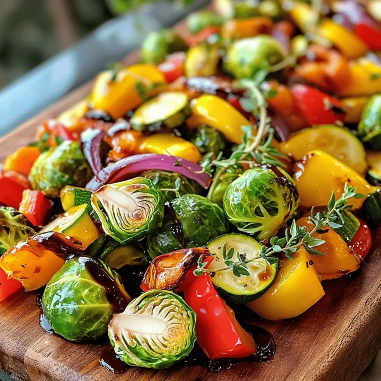 - 2 cups Brussels sprouts, halved - 1 red bell pepper, sliced - 1 yellow bell pepper, sliced - 1 zucchini, sliced - 1 red onion, cut into wedges - 2 tablespoons olive oil - 3 tablespoons balsamic vinegar - 1 tablespoon honey or maple syrup - 2 cloves garlic, minced - Salt and black pepper, to taste - Fresh thyme - Fresh rosemary When choosing your veggies, I like to focus on color and texture. Brussels sprouts add a nice crunch, while bell peppers bring sweetness. Zucchini adds moisture, and red onion gives a bold flavor. For the dressing, the balance of balsamic vinegar and honey (or maple syrup) creates a sweet and tangy taste. Garlic enhances the mix with its strong aroma. Don't forget to season with salt and pepper. Garnishes like fresh thyme or rosemary can brighten the dish. They add a lovely touch and more flavor. This simple list makes creating balsamic roasted veggies fun and easy. For the full recipe, check out the details I shared earlier. Start by halving the Brussels sprouts. This helps them roast evenly and become tender. Next, slice the red and yellow bell peppers into strips. Then, slice the zucchini into rounds. Lastly, cut the red onion into wedges. Make sure all the pieces are similar in size. This ensures they cook at the same rate. In a small bowl, whisk together the olive oil, balsamic vinegar, and honey or maple syrup. Add minced garlic, salt, and black pepper to taste. Whisk until everything is well combined. This mixture adds a lovely sweet and tangy flavor to the veggies. Spread the prepped veggies on a baking sheet lined with parchment paper. Pour the balsamic mixture over the veggies, ensuring all pieces are coated. Roast in the preheated oven at 425°F for 25-30 minutes. Stir the veggies halfway through cooking. This helps them brown evenly. When they are done, they should be tender and caramelized. For the full recipe, check out the detailed instructions above. To get that sweet caramelization, roast your veggies at a high heat. I recommend 425°F. This heat helps the natural sugars in the veggies caramelize. Cut your veggies into even pieces. This way, they cook at the same rate. If you have large pieces, they will take longer to cook. Small pieces will burn, so size matters! Always taste your veggies before serving. This helps you know if they need more salt or seasoning. If they taste a bit flat, add a pinch of salt. You can sweeten them with honey, maple syrup, or even brown sugar. Each option gives a nice touch to the balsamic flavor. When serving, use a bright platter to show off your colorful veggies. A simple drizzle of balsamic glaze on top adds flair. For a fresh look, garnish with thyme or rosemary. These herbs not only taste great but also make your dish look beautiful. Enjoy serving Balsamic Roasted Veggies to impress your guests! {{image_2}} You can mix and match your veggies. Use what you find fresh. Seasonal veggies add great taste. Try asparagus in spring or sweet potatoes in fall. Root veggies like carrots and parsnips also work well. They bring a nice sweetness. Want to keep it vegan? Skip the honey and use maple syrup instead. This keeps the recipe plant-based and tasty. For gluten-free needs, this recipe is naturally free of gluten. Just watch for any sauces you pair with it. Spice it up! Try adding paprika or cumin for a warm kick. A dash of these spices can change the whole dish. You can also add citrus juice for a bright twist. Lemon or orange juice can lift the flavors. After making balsamic roasted veggies, let them cool first. Place leftovers in an airtight container. This keeps them fresh and tasty. They last about 3 to 5 days in the fridge. Make sure to label the container with the date. This helps you keep track of how long they’ve been stored. When reheating, the oven works best. Preheat it to 350°F (175°C). Spread the veggies on a baking sheet. Heat for about 10-15 minutes. This brings back their crispness. If you use a microwave, place them on a microwave-safe plate. Heat in short bursts of 1 to 2 minutes. Stir in between to heat evenly. The veggies may not be as crispy in the microwave, but they still taste great. Yes, you can freeze roasted veggies! To do this, let them cool completely. Then, place them in a freezer-safe bag. Remove as much air as possible before sealing. This helps prevent freezer burn. Roasted veggies can be stored for up to 3 months. When you're ready to eat, thaw them overnight in the fridge. Reheat them in the oven for the best texture. Enjoy your tasty, homemade balsamic roasted veggies any time! For the full recipe, check out the details above. Yes, you can use other vinegars. Each has its own taste. Here are some good options: - Red wine vinegar: This has a fruity and tangy flavor. - Apple cider vinegar: This adds a mild sweetness. - White wine vinegar: This is sharper and works well too. These vinegars can change the dish's taste, so pick one that you like. Balsamic roasted veggies pair well with many foods. Here are some ideas: - Grilled chicken or fish: The light flavors complement each other. - Quinoa or rice: These grains soak up the balsamic glaze. - Pasta: Mix veggies into pasta for a filling meal. These options make a complete dish that's both tasty and healthy. To make more servings, simply scale up the ingredients. Here’s how: - Double or triple each ingredient: Keep the same ratios for taste. - Use a bigger baking sheet: This allows for even roasting. - Check cooking time: Larger batches may need a few extra minutes. Adjusting the recipe is easy, and it gives you more delicious roasted veggies to enjoy! In this post, I shared how to make balsamic roasted veggies. We covered the best ingredients, step-by-step cooking instructions, and tips for perfecting flavors. You learned how to store and reheat leftovers, plus various ways to adjust this dish. Feel free to experiment with seasonings and vegetables that you enjoy. Remember, the key is to make it your own. Roasting veggies brings out their natural sweetness and flavor. Enjoy your tasty creation and share it with others!