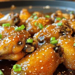 - 2 lbs chicken wings - 1/2 cup honey - 1/4 cup soy sauce (low sodium) - 4 cloves garlic, minced - 1 tablespoon fresh ginger, grated - 2 tablespoons sesame oil - 1 tablespoon rice vinegar - 1/2 teaspoon red pepper flakes (optional) - 2 green onions, sliced (for garnish) - Sesame seeds (for garnish) To make honey garlic chicken wings, gather all your ingredients first. This helps keep your cooking smooth and fun. I love using fresh garlic and ginger. They add a bright kick to the wings. Honey gives the dish its sweet charm. Soy sauce adds saltiness, balancing the flavors. - Calories per serving: About 350 calories - Protein content: 24 grams - Carbohydrates and sugars: 30 grams, with 26 grams from sugar - Fats and cholesterol: 20 grams of fat, 80 mg cholesterol Knowing the nutritional info helps you enjoy these wings guilt-free. Each serving packs a punch of protein, making it a filling snack. - Baking sheet - Wire rack - Mixing bowls - Whisk - Saucepan Having the right tools makes cooking easier. A wire rack helps wings stay crispy as they bake. A mixing bowl is great for combining the tasty honey garlic sauce. Using a whisk helps mix everything smoothly. Check out the Full Recipe for more tips on making these wings shine! - Preheating the oven Start by preheating your oven to 400°F (200°C). This ensures even cooking. - Preparing the baking sheet and wire rack Line a baking sheet with aluminum foil. This makes cleanup easy. Place a wire rack on top. The rack helps air flow around the wings. - Drying and coating the wings Pat the chicken wings dry using paper towels. This step is key for crispiness. In a large bowl, add the wings. Pour half of the honey garlic mixture over them. Toss the wings to coat them well. - Combining ingredients in a mixing bowl In a mixing bowl, combine honey, soy sauce, minced garlic, grated ginger, sesame oil, rice vinegar, and red pepper flakes if you like heat. Whisk the mixture until it blends well. - Simmering the sauce for thickening Pour the remaining honey garlic mixture into a small saucepan. Heat it over medium heat and let it simmer. Cook it for 5-7 minutes. This makes the sauce thicker and richer. - Baking time and flipping instructions Arrange the coated wings on the wire rack in a single layer. Bake them for 25-30 minutes. Flip them halfway through for even cooking. Look for a golden color. - Tossing wings in the sauce When the wings are done, take them out of the oven. Transfer them to a large bowl. Drizzle the thickened honey garlic sauce over the wings and toss them to coat evenly. - Plating and garnishing Serve the wings hot. Garnish with sliced green onions and sesame seeds for a nice touch. Enjoy your sweet and sticky honey garlic chicken wings! For the full recipe, check the details above. To get crispy wings, you need to dry them well. Moisture will make them soggy. Use paper towels to pat the wings dry before cooking. This simple step helps them crisp up nicely. Baking them on a wire rack is key. It lets hot air circulate around the wings. This method ensures even cooking and crispiness. Bake them at 400°F (200°C) for 25-30 minutes. Don’t forget to flip them halfway for uniform browning. You can jazz up your honey garlic chicken wings. Try adding spices like paprika or cayenne for heat. Fresh herbs, like thyme or cilantro, can add a new twist, too. Just mix them into the honey garlic sauce before coating the wings. Dipping sauces can elevate your wings even more. Serve them with ranch or blue cheese dressing. A spicy sriracha mayo also makes a great choice. These options will keep your guests coming back for more. If you want a faster way, use an air fryer. Preheat it to 375°F (190°C). Place the wings in a single layer and cook for 25 minutes. Shake the basket halfway through for the best results. Grilling is another fun option. Preheat your grill to medium heat. Cook the wings for about 20-25 minutes, turning often. This method adds a smoky flavor that pairs well with the sweet sauce. For the full recipe, check out the details above. Enjoy your cooking! {{image_2}} You can switch up the flavor of honey garlic chicken wings with different sauces. Here are three tasty options: - Teriyaki sauce: This sauce adds a sweet and savory flavor. It pairs well with the chicken wings. - Spicy barbecue sauce: If you like heat, this sauce gives a nice kick. It adds bold flavors to the wings. - Sweet chili sauce: This sauce brings a sweet and tangy taste. It’s great for those who enjoy a bit of spice without too much heat. You can also change how you cook your wings. Here are two easy methods: - Slow cooker recipe adaptation: For a set-and-forget option, use a slow cooker. Mix the wings with the sauce, and cook on low for 4-6 hours. This method makes the wings tender and flavorful. - Instant Pot method: For a quick cook, use an Instant Pot. Cook the wings on high pressure for about 10 minutes. After cooking, use the sauté function to crisp them up. Pair your honey garlic chicken wings with tasty sides and drinks. Here are some ideas: - Pairing with side dishes: Serve the wings with carrot sticks, celery, or a fresh salad. You can also try a creamy dip, like ranch or blue cheese. - Suggested beverages: Enjoy these wings with a cold beer or a sweet iced tea. Lemonade also makes a refreshing drink choice. For the full recipe, you can dive into all the details to make these flavorful wings! To keep your honey garlic chicken wings fresh, follow these steps. First, let the wings cool to room temperature. Then, place them in an airtight container. This helps prevent moisture loss and keeps them tasty. You can store them in the fridge for up to four days. If you want to keep them longer, freeze them. They can last up to three months in the freezer. Just make sure to use a freezer-safe container or bag. For the best flavor, reheat your wings in the oven. Preheat your oven to 350°F (175°C). Place the wings on a baking sheet lined with foil. Bake for about 10-15 minutes. This method keeps the wings crispy and delicious. If you need a quicker option, use the microwave. Place the wings on a microwave-safe plate. Cover them with a damp paper towel to keep them moist. Heat in short bursts of 30 seconds. Check often to avoid overcooking. Bake chicken wings at 400°F for 25 to 30 minutes. Flip them halfway to ensure even cooking. The wings should turn golden and crispy. Cooking times may vary based on the size of the wings. Yes, you can use frozen chicken wings. Just add about 5 to 10 extra minutes to the baking time. Make sure they are fully cooked through and reach the safe internal temperature of 165°F. Honey garlic chicken wings pair great with several sides. You can serve them with: - Celery sticks - Carrot sticks - Ranch or blue cheese dressing - Potato wedges - A fresh salad These sides add freshness and crunch to your meal. To spice up the honey garlic chicken wings, simply add red pepper flakes. You can also mix in some hot sauce or cayenne pepper. Start with a small amount and adjust to your taste. Enjoy the kick! For the full recipe, check out the section above. In this post, we explored how to make delicious honey garlic chicken wings. We covered the key ingredients, nutritional facts, and the recommended tools you need. You learned step-by-step instructions from preparation to baking and garnishing. Plus, we shared tips for crispy wings and ideas for variations. Enjoy creating these flavors and sharing them with loved ones. With practice, you'll perfect your cooking skills and impress your guests. Don’t hesitate to experiment with sauces and cooking methods. Happy cooking!