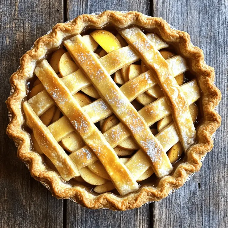 For this delightful apple pie, gather these items: - 6 cups of mixed apples (Granny Smith, Honeycrisp, and Fuji), peeled, cored, and sliced - 1 cup granulated sugar - 1 teaspoon cinnamon - 1/4 teaspoon nutmeg - 1 tablespoon lemon juice - 1 tablespoon cornstarch - 1 tablespoon unsalted butter, diced - 1 egg, beaten (for egg wash) - 2 tablespoons milk (for egg wash) - 2 pie crusts (homemade or store-bought) You can swap some ingredients if needed. Here are a few ideas: - Use brown sugar instead of granulated sugar for a deeper flavor. - Substitute maple syrup for sugar for a unique twist. - Add a pinch of ginger for extra spice. - Use a pre-made crust to save time if you're in a hurry. Selecting the right apples is key. Here’s how to pick the best ones: - Mix different types: Blend tart and sweet apples for a balanced flavor. - Go for firmness: Look for firm apples with smooth skin. Avoid soft spots. - Freshness matters: Choose apples from local farms or farmers' markets if possible. - Seasonal is best: Fall is prime apple season, so stock up during this time. These tips help ensure your homemade apple pie tastes amazing! For the complete recipe, check out the Full Recipe. Start by gathering your apples. I like to use a mix of Granny Smith, Honeycrisp, and Fuji apples. Each type adds its own flavor. Peel, core, and slice the apples into thin pieces. This helps them cook evenly. In a large bowl, combine the sliced apples with sugar, cinnamon, nutmeg, lemon juice, and cornstarch. Toss gently until the apples are well coated. Let this sit for about 15 minutes. This allows the flavors to blend nicely. First, preheat your oven to 425°F (220°C). Roll out one pie crust and fit it into a 9-inch pie plate. Be sure to trim any extra crust around the edges. Pour the apple mixture into the pie crust. Spread it out evenly. Dot the top of the filling with diced butter. This makes the apples even richer in flavor. Now, roll out the second pie crust and place it over the apples. Seal the edges by crimping them with your fingers or using a fork. Cut small slits in the top crust to let steam escape. In a small bowl, whisk together the beaten egg and milk. Brush this mixture over the top crust. This will give your pie a lovely golden color. Bake the pie for 15 minutes in the preheated oven. After that, lower the temperature to 350°F (175°C) and bake for an additional 35-45 minutes. You want the apples to be soft and the crust to be golden brown. Remove the pie from the oven and let it cool for at least 30 minutes before slicing. This cooling time helps the filling set up nicely. For the full recipe, you can refer to the section above. To get a great crust, use cold ingredients. Cold butter and water help keep it flaky. Work quickly and handle the dough less. This keeps it tender. Roll the dough gently and don’t stretch it. Make sure you chill the crust for at least 30 minutes before baking. This helps maintain its shape. A soggy bottom can ruin your pie. To stop this, use cornstarch in your filling. It thickens the juices from the apples. You can also pre-bake the bottom crust slightly. This helps it stay crisp. Make sure to slice the top crust. This allows steam to escape. Serve your pie warm or at room temperature. I love adding a scoop of vanilla ice cream on top. It melts into the pie and adds a nice creaminess. You can also sprinkle some cinnamon on each slice. For an extra touch, drizzle caramel sauce over the ice cream. These simple ideas can make your pie even better! {{image_2}} You can make a gluten-free apple pie easily. Use gluten-free flour for the crust. You can find blends at most stores. Check labels to ensure they are truly gluten-free. Mix the flour with cold butter and water like regular pie crust. This way, you get the same great taste! For a vegan pie crust, substitute butter with coconut oil or vegan margarine. Mix it with flour and a bit of cold water. This keeps the crust flaky and tasty. You can also use store-bought vegan crusts if you want to save time. Try adding new flavors to your pie. Caramel sauce can add a rich sweetness. Just drizzle it on top of the apples before you add the crust. Chopped nuts like walnuts or pecans give a nice crunch. You can also add raisins or dried cranberries for a fruity twist. These small changes make your pie unique and fun! For more details on the classic recipe, check out the Full Recipe. To keep your apple pie fresh, store it at room temperature. Cover it with a clean kitchen towel. This will help it breathe while keeping dust away. If you have leftovers, place them in an airtight container. This helps keep the pie moist and tasty. Avoid putting the pie in the fridge unless you need to. Refrigerating can make the crust soggy. When it’s time to enjoy your pie again, you want it warm. Preheat your oven to 350°F (175°C). Place the pie on a baking sheet to catch any drips. Heat it for about 15 to 20 minutes. This will warm the filling and crisp the crust. You can also use a microwave for quick reheating. But, the crust will not be as crisp. If you want to save your pie for later, freezing is a great option. First, let the pie cool completely. Wrap it tightly in plastic wrap, then in aluminum foil. This helps prevent freezer burn. You can freeze the pie for up to three months. When you are ready to eat it, thaw overnight in the fridge. Then, reheat it in the oven for the best taste. For more details, check the Full Recipe. Baking an apple pie takes about 1 hour. Start with 15 minutes at 425°F, then lower to 350°F for another 35-45 minutes. This method gives you a nice, golden crust and soft apples. Yes, you can use frozen apples. Thaw them first and drain excess liquid. This step helps avoid a soggy pie. If you decide to use frozen apples, add a bit more cornstarch to help thicken the filling. If your crust cracks, don’t worry! You can patch it up with a small piece of dough. Just wet the edges with a bit of water and press the patch down gently. It will bake together nicely. You’ll know your pie is done when the crust is golden brown and the apples bubble. You can also check the apples with a fork; they should be soft. For detailed guidance, refer to the Full Recipe. This article walked you through making a great apple pie. We covered ingredients, baking steps, and tips for success. You learned how to choose the best apples and avoid a soggy bottom. I shared ways to customize your pie and store it. Now, you can impress friends and family with your baking skills. Enjoy making your perfect apple pie!