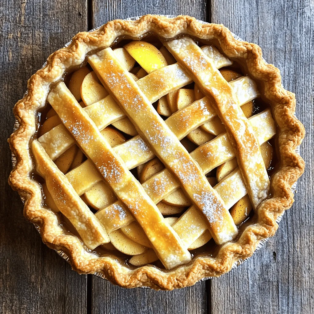 For this delightful apple pie, gather these items: - 6 cups of mixed apples (Granny Smith, Honeycrisp, and Fuji), peeled, cored, and sliced - 1 cup granulated sugar - 1 teaspoon cinnamon - 1/4 teaspoon nutmeg - 1 tablespoon lemon juice - 1 tablespoon cornstarch - 1 tablespoon unsalted butter, diced - 1 egg, beaten (for egg wash) - 2 tablespoons milk (for egg wash) - 2 pie crusts (homemade or store-bought) You can swap some ingredients if needed. Here are a few ideas: - Use brown sugar instead of granulated sugar for a deeper flavor. - Substitute maple syrup for sugar for a unique twist. - Add a pinch of ginger for extra spice. - Use a pre-made crust to save time if you're in a hurry. Selecting the right apples is key. Here’s how to pick the best ones: - Mix different types: Blend tart and sweet apples for a balanced flavor. - Go for firmness: Look for firm apples with smooth skin. Avoid soft spots. - Freshness matters: Choose apples from local farms or farmers' markets if possible. - Seasonal is best: Fall is prime apple season, so stock up during this time. These tips help ensure your homemade apple pie tastes amazing! For the complete recipe, check out the Full Recipe. Start by gathering your apples. I like to use a mix of Granny Smith, Honeycrisp, and Fuji apples. Each type adds its own flavor. Peel, core, and slice the apples into thin pieces. This helps them cook evenly. In a large bowl, combine the sliced apples with sugar, cinnamon, nutmeg, lemon juice, and cornstarch. Toss gently until the apples are well coated. Let this sit for about 15 minutes. This allows the flavors to blend nicely. First, preheat your oven to 425°F (220°C). Roll out one pie crust and fit it into a 9-inch pie plate. Be sure to trim any extra crust around the edges. Pour the apple mixture into the pie crust. Spread it out evenly. Dot the top of the filling with diced butter. This makes the apples even richer in flavor. Now, roll out the second pie crust and place it over the apples. Seal the edges by crimping them with your fingers or using a fork. Cut small slits in the top crust to let steam escape. In a small bowl, whisk together the beaten egg and milk. Brush this mixture over the top crust. This will give your pie a lovely golden color. Bake the pie for 15 minutes in the preheated oven. After that, lower the temperature to 350°F (175°C) and bake for an additional 35-45 minutes. You want the apples to be soft and the crust to be golden brown. Remove the pie from the oven and let it cool for at least 30 minutes before slicing. This cooling time helps the filling set up nicely. For the full recipe, you can refer to the section above. To get a great crust, use cold ingredients. Cold butter and water help keep it flaky. Work quickly and handle the dough less. This keeps it tender. Roll the dough gently and don’t stretch it. Make sure you chill the crust for at least 30 minutes before baking. This helps maintain its shape. A soggy bottom can ruin your pie. To stop this, use cornstarch in your filling. It thickens the juices from the apples. You can also pre-bake the bottom crust slightly. This helps it stay crisp. Make sure to slice the top crust. This allows steam to escape. Serve your pie warm or at room temperature. I love adding a scoop of vanilla ice cream on top. It melts into the pie and adds a nice creaminess. You can also sprinkle some cinnamon on each slice. For an extra touch, drizzle caramel sauce over the ice cream. These simple ideas can make your pie even better! {{image_2}} You can make a gluten-free apple pie easily. Use gluten-free flour for the crust. You can find blends at most stores. Check labels to ensure they are truly gluten-free. Mix the flour with cold butter and water like regular pie crust. This way, you get the same great taste! For a vegan pie crust, substitute butter with coconut oil or vegan margarine. Mix it with flour and a bit of cold water. This keeps the crust flaky and tasty. You can also use store-bought vegan crusts if you want to save time. Try adding new flavors to your pie. Caramel sauce can add a rich sweetness. Just drizzle it on top of the apples before you add the crust. Chopped nuts like walnuts or pecans give a nice crunch. You can also add raisins or dried cranberries for a fruity twist. These small changes make your pie unique and fun! For more details on the classic recipe, check out the Full Recipe. To keep your apple pie fresh, store it at room temperature. Cover it with a clean kitchen towel. This will help it breathe while keeping dust away. If you have leftovers, place them in an airtight container. This helps keep the pie moist and tasty. Avoid putting the pie in the fridge unless you need to. Refrigerating can make the crust soggy. When it’s time to enjoy your pie again, you want it warm. Preheat your oven to 350°F (175°C). Place the pie on a baking sheet to catch any drips. Heat it for about 15 to 20 minutes. This will warm the filling and crisp the crust. You can also use a microwave for quick reheating. But, the crust will not be as crisp. If you want to save your pie for later, freezing is a great option. First, let the pie cool completely. Wrap it tightly in plastic wrap, then in aluminum foil. This helps prevent freezer burn. You can freeze the pie for up to three months. When you are ready to eat it, thaw overnight in the fridge. Then, reheat it in the oven for the best taste. For more details, check the Full Recipe. Baking an apple pie takes about 1 hour. Start with 15 minutes at 425°F, then lower to 350°F for another 35-45 minutes. This method gives you a nice, golden crust and soft apples. Yes, you can use frozen apples. Thaw them first and drain excess liquid. This step helps avoid a soggy pie. If you decide to use frozen apples, add a bit more cornstarch to help thicken the filling. If your crust cracks, don’t worry! You can patch it up with a small piece of dough. Just wet the edges with a bit of water and press the patch down gently. It will bake together nicely. You’ll know your pie is done when the crust is golden brown and the apples bubble. You can also check the apples with a fork; they should be soft. For detailed guidance, refer to the Full Recipe. This article walked you through making a great apple pie. We covered ingredients, baking steps, and tips for success. You learned how to choose the best apples and avoid a soggy bottom. I shared ways to customize your pie and store it. Now, you can impress friends and family with your baking skills. Enjoy making your perfect apple pie!