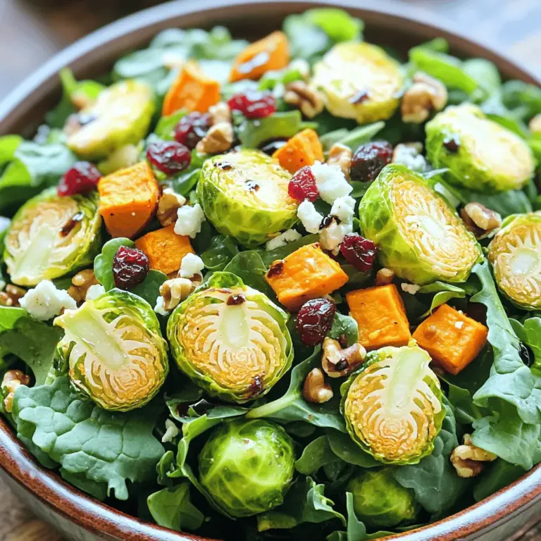 - 1 lb Brussels sprouts, halved - 1 medium sweet potato, diced - 4 cups mixed greens (spinach, kale, arugula) - 2 tablespoons olive oil - 1 teaspoon garlic powder - Salt and pepper to taste - 2 tablespoons balsamic vinaigrette - 1/4 cup dried cranberries - 1/4 cup walnuts, chopped - 1/4 cup feta cheese, crumbled When you gather your ingredients, focus on freshness. Pick bright Brussels sprouts and a firm sweet potato. These veggies bring great flavor and nutrition. For the greens, a mix of spinach, kale, and arugula adds color and taste. In the pantry, olive oil and garlic powder help to roast the veggies perfectly. Salt and pepper balance flavors well. Balsamic vinaigrette provides a tasty finish. Consider adding cranberries for sweetness or walnuts for crunch. Feta cheese can add a creamy touch, but it’s optional. You can find the full recipe in the article. Enjoy making this colorful and healthy salad! First, you must preheat your oven to 400°F (200°C). This makes sure your vegetables roast well. While the oven heats, grab a large bowl. In it, toss the halved Brussels sprouts and diced sweet potato with olive oil. Add garlic powder, salt, and pepper. Mix until each piece is coated. This step adds flavor to your veggies. Next, spread the mixture evenly on a baking sheet. Make sure they are in one layer. This helps them roast evenly. Place the sheet in the oven and roast for about 25 to 30 minutes. Toss the veggies halfway through. You’ll know they are ready when the Brussels sprouts are crispy and the sweet potatoes become soft. While the veggies roast, prepare your salad base. Take a large bowl and add the mixed greens. Once the roasted vegetables cool for a few minutes, add them to the greens. Next, sprinkle in dried cranberries and chopped walnuts. If you want, you can add feta cheese on top. Finally, drizzle balsamic vinaigrette over the salad and toss gently. This ties all the flavors together. For the full recipe, you can check the earlier sections. To get crispy Brussels sprouts, make sure to spread them out on your baking sheet. If they are too close, they will steam instead of roast. Toss them halfway through cooking. This helps them brown evenly. To avoid mushy sweet potatoes, cut them into small, even pieces. This ensures they roast well. A higher oven temperature also helps. Aim for 400°F for the best results. For extra flavor, try adding a squeeze of lemon juice or some zesty lime. These brighten the dish. You can also drizzle some tahini or yogurt on top. They add creaminess and depth. Experiment with different seasonings. Try smoked paprika for a smoky taste or cumin for warmth. You can also add fresh herbs like parsley or cilantro for freshness. To serve, place the salad in a large bowl or on individual plates. Top it with extra walnuts and cranberries for a pop of color. You can also sprinkle more feta cheese if you like. A drizzle of balsamic vinaigrette adds shine and flavor. For a fun twist, use small mason jars for individual servings. This makes it easy for guests to grab. Plus, it looks cute on the table. {{image_2}} You can add protein to your salad for a heartier meal. Grilled chicken is a great choice. Slice it thin and mix it in. If you prefer a plant-based option, try chickpeas. They add both protein and texture. You can easily make this salad vegan-friendly by skipping the cheese and using a vegan dressing. If sweet potatoes are not your favorite, use butternut squash instead. It has a similar taste and texture when roasted. For greens, spinach, and kale work well. You can also try arugula for a peppery kick. Mixing different greens keeps the salad fresh and exciting. Change the salad based on the season. In spring, add asparagus or peas for a bright touch. In fall, consider roasted beets or apples for sweetness. For winter, try adding roasted carrots or parsnips. You can even create holiday variations by adding pomegranate seeds or nuts like pecans for festive flair. To store leftovers of the Roasted Brussels & Sweet Potato Power Salad, place it in an airtight container. This helps keep it fresh. If you want to store the roasted veggies separately, use another container. They will last longer that way. For future use, keep Brussels sprouts and sweet potatoes in the fridge. Store them in a paper bag or a breathable container. This method keeps them fresh for a longer time. When reheating roasted vegetables, use the oven for best results. Preheat it to 350°F (175°C) and bake for about 10 minutes. This method keeps them crispy. If you use a microwave, heat in short bursts to avoid sogginess. To keep the salad fresh, store it without dressing. Add the balsamic vinaigrette just before eating. This keeps greens crisp and delicious. You can store the salad in the fridge for up to 3 days. After that, it may lose quality. Signs that your salad has gone bad include a slimy texture or an off smell. If you notice these signs, it’s best to throw it away. Enjoy your salad while it’s fresh for the best taste! Making this salad takes about 40 minutes. You spend 10 minutes prepping the ingredients. The cooking time is around 25 to 30 minutes. This balance makes it easy to fit into a busy day. Yes, you can prepare parts of the salad ahead of time. Roast the Brussels sprouts and sweet potatoes a day before. Store them in the fridge. You can also wash and dry the greens in advance. Just mix everything together when you're ready to serve. This salad pairs well with grilled chicken or fish. You can also add some crusty bread for a great meal. For a vegetarian option, serve it with quinoa or chickpeas. Each choice adds flavor and makes the meal more filling. For the full recipe, check out the detailed instructions above! This blog post covers how to make a delicious Roasted Brussels & Sweet Potato Power Salad. We went through the fresh and pantry ingredients, step-by-step cooking instructions, and tips for a perfect dish. You can customize the salad with different proteins and seasonal items. Proper storage helps keep everything fresh and tasty. Remember, this salad is easy to make and fun to enjoy. Get creative with flavors and enjoy your healthy meal!