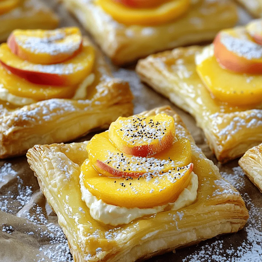 To make Peach Cream Cheese Danish, gather these simple ingredients: - 1 package of refrigerated puff pastry (2 sheets, thawed) - 8 oz cream cheese, softened - 1/2 cup powdered sugar - 1 teaspoon vanilla extract - 2 ripe peaches, sliced thin - 1 tablespoon lemon juice - 1 egg (for egg wash) - 1 tablespoon milk (for egg wash) - Optional: Sesame seeds or chia seeds for garnish You can substitute some ingredients based on what you have. For cream cheese, try mascarpone or ricotta. If you need a healthy twist, use Greek yogurt. For peaches, use any stone fruit like plums or apricots. You can swap lemon juice with lime juice for a different taste. If you want a vegan option, use a plant-based cream cheese. Using fresh ingredients makes a big difference. Choose ripe peaches with a sweet scent. They should feel slightly soft but not mushy. For the cream cheese, ensure it's at room temperature for easy mixing. When picking puff pastry, check the package for freshness dates. Using high-quality ingredients leads to a better overall taste. First, gather your ingredients. You need: - 1 package of refrigerated puff pastry (2 sheets, thawed) - 8 oz cream cheese, softened - 1/2 cup powdered sugar - 1 teaspoon vanilla extract - 2 ripe peaches, sliced thin - 1 tablespoon lemon juice - 1 egg (for egg wash) - 1 tablespoon milk (for egg wash) - Optional: Sesame seeds or chia seeds for garnish Next, preheat your oven to 400°F (200°C). Line a baking sheet with parchment paper. In a mixing bowl, blend the cream cheese, powdered sugar, and vanilla extract. Beat until smooth. Roll out the puff pastry on a lightly floured surface. Cut each sheet into 6 equal squares. Use a knife to lightly score a smaller square inside each pastry square, about half an inch from the edges. Be careful not to cut all the way through. This step creates a nice border. In a separate bowl, toss the peach slices with lemon juice. This helps keep them fresh and bright. Now, place a generous spoonful of the cream cheese mix in the center of each scored pastry square. Arrange a few peach slices on top. Beat the egg and milk together for the egg wash. Brush the edges of each pastry square with this wash. It gives the pastry a lovely shine. Bake in the preheated oven for 15-18 minutes or until golden brown and flaky. When done, take them out and let them cool slightly. Serve the Peach Cream Cheese Danishes warm. Dust them with powdered sugar for a sweet touch. If you like, sprinkle sesame seeds or chia seeds on top. This adds a nice crunch and makes your dish look elegant. Enjoy every bite of your tasty treat! For the full recipe, check the section above. To get the best puff pastry, keep it cold. When it warms up, it loses its flaky charm. Here are some quick tips: - Thaw Properly: Let the puff pastry thaw in the fridge overnight or for a few hours at room temp. - Roll Gently: Use a light touch when rolling out the dough. This keeps the layers intact. - Keep It Chilled: If the dough warms, pop it back in the fridge for a few minutes. You can mix up the cream cheese filling to suit your taste. Here are some fun ideas: - Add Spices: A pinch of cinnamon or nutmeg can add warmth. - Use Citrus: Add some orange or lemon zest for a fresh twist. - Sweeten It Up: Replace some powdered sugar with honey or maple syrup for a unique flavor. Even simple recipes can have pitfalls. Here are mistakes to watch for: - Overbaking: Keep an eye on the danishes. Remove them when they're golden, not brown. - Too Much Filling: Avoid overfilling the pastries. This can cause spills and soggy bottoms. - Skipping the Egg Wash: Brushing with egg wash gives a nice shine. Don’t skip this step! For more detailed guidance, check out the full recipe. Enjoy making your Peach Cream Cheese Danish! {{image_2}} You can switch up the fruit in this danish for fun. Try using apples, berries, or cherries. Each fruit brings its own taste and texture. Apples add a crisp bite, while berries give a burst of color. For cherries, pit them first and chop them up. This way, you can get creative with flavors. You don’t have to stick with plain cream cheese. Mixing in flavored cream cheese can add a new twist. Consider using strawberry, blueberry, or even cinnamon cream cheese. These flavors blend well with fruits. They also make your danishes more exciting. Just swap the plain cream cheese in the recipe with your choice. If you need a vegan or gluten-free version, there are easy swaps. Use a vegan cream cheese for a plant-based option. For the puff pastry, look for gluten-free brands. Make sure to check labels to avoid hidden gluten. You can also try making the pastry from scratch using gluten-free flour. This way, everyone can enjoy the danish. For the full recipe, you can refer to the Peach Cream Cheese Danish section above. To keep your Peach Cream Cheese Danishes fresh, place them in an airtight container. You can store them in the fridge for up to three days. Make sure they cool completely before sealing. This helps avoid sogginess. If you have more than a few left, consider freezing some for later. To freeze your Peach Cream Cheese Danishes, wrap each one in plastic wrap. Then, place them in a freezer-safe bag. They can last up to three months in the freezer. When you want to enjoy one, just take it out and let it thaw in the fridge overnight. You can also freeze the danishes before baking. Just bake them straight from the freezer, adding a few extra minutes to the baking time. When you're ready to eat your leftover danishes, reheat them in the oven. Preheat your oven to 350°F (175°C). Place the danishes on a baking sheet. Heat for about 10-15 minutes, or until they feel warm and flaky. Avoid using the microwave, as it can make the pastry soggy. If you want to serve them warm and fresh, check the [Full Recipe] for quick details on how to make them again! To make Peach Cream Cheese Danish from scratch, you first need some puff pastry. Use a package of refrigerated puff pastry and thaw it. Next, mix 8 oz of softened cream cheese with 1/2 cup of powdered sugar and 1 teaspoon of vanilla extract until smooth. Roll out the puff pastry and cut it into squares. Make a border by scoring a smaller square inside each one. Toss 2 ripe, sliced peaches with 1 tablespoon of lemon juice. Put the cream cheese mixture in the center of each square and top it with peach slices. Brush the edges with an egg wash made of 1 egg and 1 tablespoon of milk. Bake at 400°F for 15-18 minutes. Now, you can enjoy your Peach Cream Cheese Danish! Yes, you can make this recipe ahead of time! Prepare the cream cheese filling and store it in the fridge. You can also cut the puff pastry squares in advance. Just keep them wrapped in plastic wrap to avoid drying out. When you are ready to bake, assemble the danishes with the peach slices and egg wash. Bake them fresh for the best taste and texture. You can buy Peach Cream Cheese Danish at many bakeries or cafes. Some grocery stores also sell them in their bakery section. If you want a fresh option, try local farmers' markets. However, making them at home is fun, and you can enjoy them warm from your oven. Plus, you can customize the flavors just the way you like! For the full recipe, check out the complete details above. In this post, you learned about making delicious Peach Cream Cheese Danish. We covered key ingredients, tasty substitutions, and tips for fresh quality. You now have step-by-step baking instructions and serving ideas. Plus, you'll avoid common mistakes with our helpful tricks. Remember, variations can make this treat even more fun, so get creative! Store your leftovers correctly and follow our reheating tips for tasty snacks later. Enjoy baking this delightful treat and share it with friends!