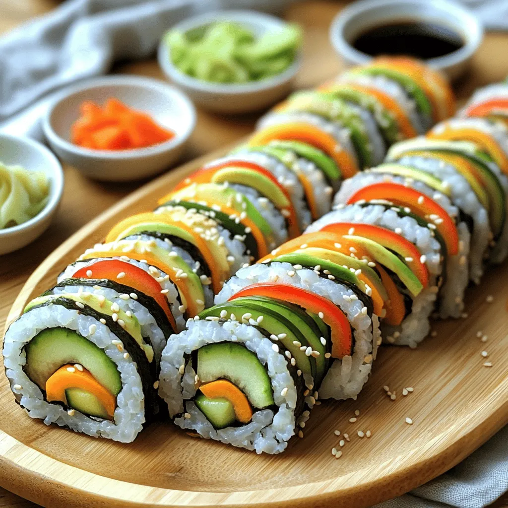 To make easy veggie sushi rolls, gather these ingredients: - 2 cups sushi rice - 2 ½ cups water - 4 sheets nori (seaweed) - 1 avocado, sliced - 1 medium cucumber, julienned - 1 carrot, julienned - ½ red bell pepper, thinly sliced - 1 tablespoon rice vinegar - 1 tablespoon sugar - ½ teaspoon salt - Soy sauce, for dipping - Pickled ginger and wasabi (optional) The key to great sushi rolls lies in perfect sushi rice. Use short-grain sushi rice for the best texture. Rinse the rice under cold water until the water runs clear. This step removes excess starch and prevents the rice from becoming gummy. The right water-to-rice ratio is crucial. For every cup of sushi rice, use 1.25 cups of water. Cook the rice properly for a fluffy finish. After cooking, mix in rice vinegar, sugar, and salt for flavor. Garnishes and sauces add extra flavor to your sushi rolls. Here are some ideas: - Soy sauce for dipping - Pickled ginger for a refreshing bite - Wasabi for a spicy kick - Sesame seeds for crunch - Sliced scallions for a pop of color Feel free to mix and match these items. They enhance the taste and look of your sushi. For the full recipe, check the earlier section. To make the perfect sushi rice, start with rinsing the rice. Rinse it under cold water until the water runs clear. This step removes extra starch, which helps the rice stick together. Next, put the rinsed rice and water in a medium saucepan. Bring it to a boil over medium heat. Once it boils, cover it and reduce the heat to low. Cook the rice for about 20 minutes or until the water is absorbed. After cooking, remove it from heat and let it sit covered for another 10 minutes. While the rice rests, mix rice vinegar, sugar, and salt in a small bowl. Microwave this mix for 30 seconds until the sugar dissolves. Fluff the rice with a fork and gently stir in the vinegar mixture. Let the rice cool to room temperature before using it. Now, it’s time to assemble the sushi rolls. Place a bamboo sushi mat on a flat surface. Lay a sheet of nori on top, shiny side down. Wet your hands to stop the rice from sticking. Take about a cup of sushi rice and spread it evenly over the nori. Leave about 1 inch at the top. Arrange a line of avocado, cucumber, carrot, and bell pepper across the center of the rice. Using the sushi mat, lift the edge closest to you and roll it tightly over the filling. Keep rolling until you reach the uncovered edge of the nori. Use a little water on the edge to seal the roll. Repeat this process with the other nori sheets and filling ingredients. Once you have all your rolls ready, it's time to slice them. Use a sharp knife for clean cuts. Clean the knife with a damp cloth between cuts. This keeps each slice neat and pretty. Arrange the sushi rolls on a platter. Serve them with small bowls of soy sauce, pickled ginger, and wasabi for dipping. For an extra touch, sprinkle sesame seeds or sliced scallions on top. Enjoy your Easy Veggie Sushi Rolls! You can find the [Full Recipe] here. To roll sushi well, start with a bamboo mat. Lay a sheet of nori, shiny side down. Spread sushi rice evenly, but leave about an inch at the top. Add your veggies in the middle. When you roll, use your fingers to tuck the filling in tightly. Make sure to roll firmly but gently. This prevents the roll from falling apart. Keep the mat close to help you shape the sushi. Wet your hands before handling the sushi rice. This keeps the rice from sticking to your fingers. You can also wet the knife when cutting the rolls. This avoids tearing the nori or squishing the rice. To keep the rolls fresh, wrap them in plastic wrap. Store them in the fridge if not served right away. Serve your sushi rolls within a few hours for the best taste. Use a sharp knife for clean cuts. A dull knife will crush the rolls. Clean the knife with a damp cloth after each cut. This helps maintain the shape of the rolls. Slice the rolls into bite-sized pieces. Aim for about six to eight pieces per roll. This makes them easy to eat and looks nice on a platter. Enjoy your sushi with soy sauce or your favorite dip. For more details on making these rolls, check the Full Recipe. {{image_2}} You can swap out the veggies in your sushi rolls. Try using: - Zucchini, sliced thin - Spinach, fresh and crisp - Radishes, for a spicy crunch - Sweet potato, roasted and mashed These options add color and fun textures. Feel free to mix and match. The key is to use veggies that you enjoy. This makes your sushi more personal and tasty. Making your sushi vegan or gluten-free is easy. Use the following tips: - Replace soy sauce with tamari for gluten-free options. - Add more veggies like bell peppers or sprouts for flavor. - Use avocado for creaminess if you skip fish. These changes keep your sushi delicious and healthy. They also cater to different diets. Everyone can enjoy a good sushi roll! Get creative with flavors in your sushi. Here are some fun ideas: - Add mango slices for a sweet twist. - Use cream cheese for a rich filling. - Mix in herbs like cilantro or mint for freshness. These combinations can surprise your taste buds. Don’t be afraid to experiment. Your sushi can be a canvas for new flavors! For the full recipe, check the earlier section. To store leftover sushi, wrap each roll in plastic wrap. This keeps the rolls fresh and prevents them from drying out. Place the wrapped rolls in an airtight container. You can also store them in the fridge. Avoid adding soy sauce or garnishes before storing. They can make the sushi soggy. Homemade sushi rolls last about 24 hours in the fridge. However, for the best taste, eat them the same day. The rice may harden after a day. If you notice any odd smells or changes in texture, throw it away. Always trust your senses when it comes to food. If you have leftover sushi rice, you can reheat it for a warm dish. Place the rice in a microwave-safe bowl. Add a few drops of water to help it steam. Cover the bowl with a damp paper towel. Microwave for 30 seconds to 1 minute. Stir and check if it’s warm enough. Do not overheat, as it can turn gummy. The best rice for sushi rolls is short-grain sushi rice. This type of rice is sticky and holds together well. You want a rice that can easily cling to other ingredients. Brands like Koshihikari or Nishiki work great. Always rinse the rice before cooking to remove excess starch. This step helps achieve the perfect texture. Yes, you can use other wraps. Options include soy paper or rice paper. Both options are great for those who want a different flavor or texture. Lettuce leaves also work if you want a low-carb option. Each wrap gives a unique taste to the sushi, so feel free to experiment. You can easily make sushi rolls without a bamboo mat. Use a clean kitchen towel or plastic wrap instead. Lay the nori on the towel or wrap, and spread the rice as usual. Then, roll it tightly with your hands. Just be careful to keep the roll tight and even. You’ll create perfect sushi rolls even without a mat! We covered all you need to know about making veggie sushi rolls. You learned the key ingredients, from sushi rice to garnishes. I shared step-by-step instructions to guide your rolling skills. You got tips to make your rolls perfect, along with fun variations to try. Don't forget proper storage methods to keep leftovers fresh. Enjoy crafting your delicious sushi at home!