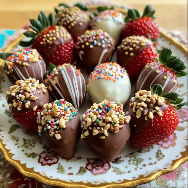 - Fresh strawberries - Semi-sweet chocolate - White chocolate for drizzling - Coconut oil - Optional toppings (nuts, sprinkles, coconut) To make chocolate-covered strawberries, I gather a few simple ingredients. You want fresh strawberries, as they are the star of this treat. Choose ripe, juicy ones for the best flavor. Next, I use semi-sweet chocolate. It melts well and balances the sweetness of the strawberries. If you want to add a twist, I recommend white chocolate for drizzling. It looks lovely and adds a sweet touch. I also add a bit of coconut oil. This helps the chocolate melt smoothly and coat the strawberries nicely. For extra fun, think about using optional toppings. Crushed nuts or colorful sprinkles can add texture and flair. Shredded coconut is another tasty choice. With these ingredients, you’ll create a delightful snack that everyone loves. You can find the full recipe in this article to guide you through each step! First, rinse the strawberries under cool water. Make sure to remove any dirt or residue. Next, dry the strawberries thoroughly with a clean towel. This step is very important. If the strawberries have any moisture, the chocolate will not stick well. A dry surface ensures a smooth and shiny finish. Now, let's melt the chocolate. In a microwave-safe bowl, add the semi-sweet chocolate chips and one tablespoon of coconut oil. Microwave the bowl in 30-second intervals. After each interval, take the bowl out and stir the chocolate. This helps it melt evenly and become smooth. Keep microwaving until the chocolate is fully melted and glossy. Grab a strawberry by its green stem. Dip it into the melted chocolate, swirling it to coat the berry well. Let any extra chocolate drip off before placing it on a baking sheet lined with parchment paper. If you want to add toppings, do it right after dipping. The chocolate should still be soft, allowing the toppings to stick. You can use crushed nuts, sprinkles, or shredded coconut for fun textures. For a special touch, melt the white chocolate the same way as before. Drizzle it over the dipped strawberries using a fork or piping bag. This adds a beautiful finish. Once done, chill the strawberries in the fridge for at least 30 minutes for the chocolate to set. To make chocolate-covered strawberries great, start with quality strawberries. Look for bright, firm berries with no blemishes. Freshness matters; they taste better and hold up well. Next, choose the best chocolate for melting. Semi-sweet chocolate chips are a popular choice. They melt smoothly and taste rich. You can also use dark or milk chocolate based on your taste. For an even chocolate coating, dip each strawberry slowly. Hold it by the green stem and swirl it gently in the melted chocolate. This helps cover the berry without leaving gaps. Let excess chocolate drip off before placing it on parchment paper. To avoid clumping, ensure your chocolate is fully melted and smooth. Stir it well between heating intervals. If you notice any lumps, just keep stirring until it’s creamy. When serving, arrange your strawberries on a pretty plate or cake stand. This makes them look inviting. To enhance their appeal, add simple garnishes. A sprinkle of crushed nuts or a touch of shredded coconut goes a long way. Drizzling white chocolate on top gives them a fancy touch. These tips will help you create beautiful chocolate-covered strawberries that impress everyone. For the full recipe, check out the earlier sections. {{image_2}} You can use different types of chocolate for your strawberries. Dark chocolate gives a rich taste. It has a bold flavor that many love. Milk chocolate is sweeter and creamier. This makes it a favorite for kids. You can also explore flavored chocolates. Try mint chocolate for a fresh twist. Raspberry chocolate adds a fruity note. Each choice brings a unique flavor to your treat. Changing the decorations can make your strawberries special for any holiday. For Valentine's Day, use red and pink sprinkles. For Halloween, orange and black candy can add a fun touch. You can also use flavored toppings like crushed cookies or candy bars. These toppings can add crunch and extra flavor. Mix and match to create a festive look. If you or someone you know is vegan, use dairy-free chocolate. Many brands offer great options that taste just as good. For those watching their sugar, sugar-free chocolate is available. It can be a good choice for health-conscious eaters. Both options let everyone enjoy this tasty treat. For the full recipe, check out the details above. To keep your chocolate-covered strawberries fresh, refrigerate them. Place them in an airtight container, but make sure they are not touching each other. This helps prevent them from sticking together. Chocolate-covered strawberries stay fresh for about 1 to 2 days in the fridge. After that, the chocolate may begin to lose its shine, and the strawberries can become soft. Can you freeze chocolate-covered strawberries? Yes, you can, but it's not the best idea. Freezing can affect both the chocolate coating and the strawberries. If you still want to freeze them, here’s how to do it properly: 1. Prepare for Freezing: Place the strawberries on a baking sheet lined with parchment paper. Make sure they don’t touch each other. 2. Flash Freeze: Freeze the strawberries for about 1 hour until they are firm. This step helps keep the coating intact. 3. Store in Bags: Transfer the frozen strawberries into a freezer-safe bag. Remove as much air as possible before sealing. To thaw, place the bag in the fridge for several hours or overnight. Avoid thawing them at room temperature. This method helps keep the chocolate coating from becoming too soft. Enjoy your chocolate-covered strawberries while they are fresh for the best taste! For the full recipe, check out the Sweet Indulgence: Chocolate-Covered Strawberries. You can make chocolate-covered strawberries without coconut oil. Instead, use pure chocolate. Melting pure chocolate works well. You can also add a little milk or cream. This helps create a smooth texture. Just remember to stir often while melting. This keeps the chocolate from burning. You can make chocolate-covered strawberries ahead of time. However, they taste best when fresh. If you prepare them early, store them in the fridge. They stay good for one to two days. But, avoid letting them sit too long. The chocolate may lose its shine and texture. You can find high-quality chocolate-covered strawberries at specialty shops. Local bakeries often carry them, too. Look for stores that focus on fresh ingredients. Farmers' markets may also have local vendors. You can even find gourmet options online. Just check reviews to ensure quality. Chocolate-covered strawberries are easy and fun to make. Start with fresh strawberries and high-quality chocolate. Follow the steps to prepare, melt, dip, and decorate. Remember to choose your ingredients wisely and store them properly. For variations, try different chocolates and toppings based on the season. You can even explore dietary options like vegan or sugar-free chocolate. Enjoy your sweet treats! With practice, you can impress others and treat yourself. Happy dipping!