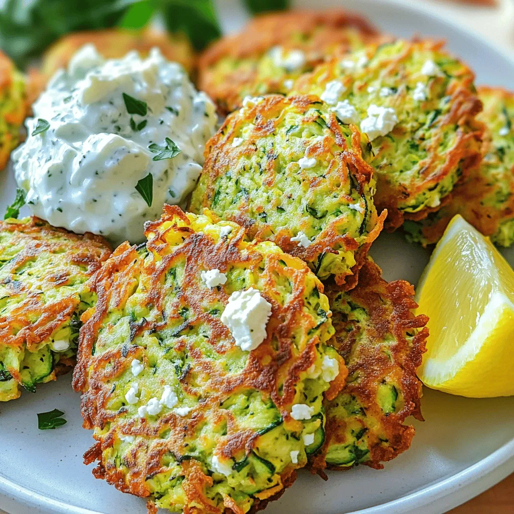 - 2 medium zucchinis - 1 cup crumbled feta cheese - 1/2 cup all-purpose flour - 1/4 cup cornmeal - 2 large eggs - 1/4 cup fresh parsley - 1/2 teaspoon garlic powder - 1/2 teaspoon onion powder - Salt and pepper - 1/4 teaspoon red chili flakes (optional) - Olive oil for frying When I make zucchini feta fritters, I start with fresh ingredients. Fresh zucchinis make a big difference. They should feel firm and have smooth skin. Look for vibrant green color. Feta cheese adds a salty flavor that complements the zucchini. You can use different cheeses if you prefer. Goat cheese or ricotta can work well too. For the flour, all-purpose is the best choice here. If you need gluten-free options, try almond flour or chickpea flour. They will change the taste a bit but still be tasty. Herbs are key for flavor. Fresh parsley adds a bright note. You can also use fresh dill or basil. If you have dried herbs, they will work too, but fresh is better. - Alternatives for feta cheese: Goat cheese, ricotta - Gluten-free options for flour: Almond flour, chickpea flour - Fresh herbs vs. dried spices: Use fresh for more flavor To choose fresh zucchini, look for the right size. Medium zucchinis are best for fritters. They should be about 6-8 inches long. When selecting feta cheese, go for block cheese over crumbled. It tastes better. If you can, buy it in brine. This keeps it moist and flavorful. Using high-quality ingredients really makes these fritters shine. You want them crispy and full of flavor. For the full recipe, check out the Zesty Zucchini Feta Fritters. Start by grating the zucchini. Use a box grater or food processor. Put the grated zucchini in a clean kitchen towel. Squeeze it to remove excess moisture. This step helps keep the fritters crispy. Then, in a large bowl, mix the grated zucchini with crumbled feta cheese and chopped parsley. Stir until everything is well combined. In a separate bowl, whisk the eggs with garlic powder, onion powder, salt, and pepper. If you like spice, add red chili flakes. This mixture will add flavor to the fritters. Pour this egg mix into the zucchini mix. Stir until all the ingredients are well blended. Gradually add flour and cornmeal. Mix until the batter is thick and holds together. Next, heat a few tablespoons of olive oil in a large skillet over medium heat. You want the oil hot but not smoking. Drop about 2 tablespoons of the fritter mixture into the skillet for each fritter. Flatten them slightly using the back of a spoon. Cook for about 3-4 minutes until they turn golden brown. Flip the fritters and cook for another 2-3 minutes on the other side. To ensure the fritters stay crispy, do not overcrowd the pan. Remove them from the skillet and place them on a plate lined with paper towels. This helps absorb any extra oil. Repeat this frying process for the rest of the batter, adding more oil as needed. - Prep time: 15 minutes - Cook time: 30 minutes - Total time: 45 minutes For the full recipe, check out the complete instructions. Enjoy creating these crispy, flavorful delights! To boost the taste of your fritters, try adding a few spices. A pinch of smoked paprika gives a lovely smoky taste. You could also add fresh herbs like dill or basil for a fresh twist. A squeeze of lemon juice can brighten the flavors. Pair your fritters with delicious dips. Greek yogurt adds creaminess, while tzatziki sauce brings a tangy kick. You can also serve them with a spicy aioli or a zesty salsa for extra flavor. Frying these fritters can be fun, but there are some tricks. Use a good amount of olive oil to prevent sticking. Heat the oil until it's hot but not smoking. This ensures a crispy exterior while keeping the inside moist. To avoid soggy fritters, make sure to squeeze out extra moisture from the zucchini. This keeps them from becoming too wet. Fry them in small batches to give them room to cook evenly. Garnish your fritters beautifully. A dollop of Greek yogurt or tzatziki on top adds a nice touch. Sprinkle fresh parsley or dill for color. You can also add a slice of lemon on the side for a fresh burst. These fritters go well with side dishes. Serve them with a fresh salad or some roasted veggies for a complete meal. They also pair nicely with a light soup, making for a cozy dinner. {{image_2}} You can boost the flavor by adding other veggies. Try mixing in bell peppers or onions. They add a nice crunch and taste. Seasonal produce works well too. In summer, add fresh corn or herbs. In fall, consider grated carrots or squash. Get creative with what you have! While feta is great, you can experiment with other cheeses. Goat cheese adds a tangy kick. Cheddar will give it a rich flavor. If you prefer a vegan option, try using cashew cheese or nutritional yeast. These can mimic the creaminess of cheese while keeping it plant-based. You can cook these fritters in different ways. Frying gives them a crisp outside and soft inside. However, baking is a healthier option. If you want to use an air fryer, this method reduces oil while still achieving a nice crunch. Cook at 375°F for about 12-15 minutes, flipping halfway through. For the full recipe details, please refer to the [Full Recipe]. To keep your zucchini feta fritters fresh, store them in the fridge. Place them in an airtight container. This will help them stay crispy. If you have more fritters than you can eat, freezing is a great option. To freeze, let the fritters cool completely. Then, place them on a baking sheet and freeze until firm. Once firm, transfer them to a freezer-safe bag. This way, you can enjoy them later without losing flavor. When it comes to reheating, you want to keep them crispy. The best way is to use the oven. Preheat your oven to 375°F (190°C). Arrange the fritters on a baking sheet and heat for about 10 minutes. This method helps them regain their crunch. The microwave is quicker but can make them soggy. If you must use the microwave, heat them in short bursts to prevent overcooking. In the fridge, your fritters will last about 3 to 4 days. Look for any signs of spoilage, like a sour smell or a slimy texture. If you see these signs, it's best to throw them away. Freshness is key to enjoying your delicious fritters. For longer storage, use the freezing method discussed above. You can easily make these fritters gluten-free by swapping the flour. Here are some great options: - Use almond flour for a nutty taste. - Try coconut flour for a light and airy texture. - Use chickpea flour for added protein and fiber. Just keep in mind that each flour absorbs moisture differently. You may need to adjust the amount you use. Yes, you can use frozen zucchini. However, frozen zucchini has more water than fresh. This can make your fritters soggy. To avoid this, thaw the zucchini and squeeze out as much moisture as you can. This step is key for crispy fritters. Fresh zucchini will give you the best texture and flavor. These fritters pair well with many dips and drinks. Here are some tasty ideas: - Serve with creamy tzatziki sauce for a refreshing taste. - Try a spicy yogurt dip for a kick. - Pair with a crisp salad for a light meal. - Enjoy with a chilled glass of white wine or sparkling water. You can tell when the fritters are done by looking for a few signs: - The fritters should be golden brown on both sides. - They should feel firm to the touch. - A little crunch on the outside shows they are cooked well. Keep an eye on them while frying to avoid burning. Enjoy your crispy bites! For the full recipe, check out the Zesty Zucchini Feta Fritters. In this article, I covered how to make delicious zucchini feta fritters. I explained the ingredients, cooking steps, and tips to enhance flavor. You learned about ingredient substitutions and how to store leftovers. Remember, using fresh zucchini and quality feta will improve your dish. If you want a healthy snack, these fritters are perfect. You can also try adding other veggies or different cheeses for fun twists. Enjoy experimenting with this recipe!