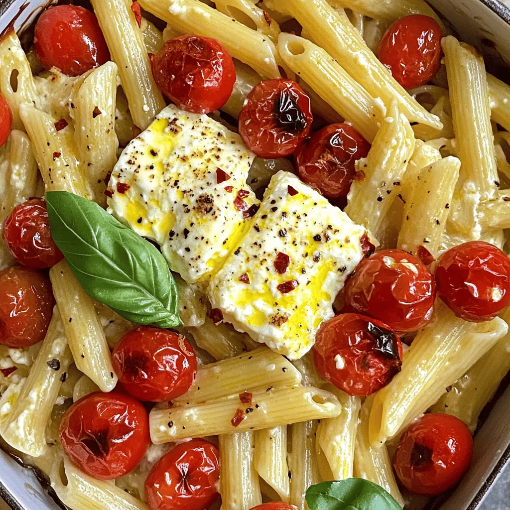 To make this dish, gather these simple ingredients: - 8 oz (225 g) pasta of your choice (penne or fusilli work well) - 1 block (8 oz) feta cheese - 2 cups cherry tomatoes, halved - 4 cloves garlic, minced - 1/4 cup extra virgin olive oil - 1 teaspoon red pepper flakes (adjust to taste) - Salt and black pepper to taste These ingredients blend well together. The creamy feta pairs perfectly with sweet tomatoes. When choosing pasta, think about shape and texture. Here are some great choices: - Penne: Its tube shape holds sauce well. - Fusilli: The spirals catch every bit of flavor. - Farfalle: The bow-tie shape adds fun to the dish. Any pasta will work, but these types enhance the meal. Garnishing adds a fresh touch. Here are some tasty ideas: - Fresh basil leaves, chopped, for a burst of flavor. - Grated parmesan cheese, optional but adds richness. - A sprinkle of extra red pepper flakes for spice. These garnishes make the dish look and taste even better. For the complete recipe, check out the Full Recipe section. Start by preheating your oven to 400°F (200°C). This step is key for great results. In a large baking dish, add 2 cups of halved cherry tomatoes and 4 minced garlic cloves. Pour in 1/4 cup of extra virgin olive oil. Season the mix with salt, black pepper, and 1 teaspoon of red pepper flakes. Toss everything together until well mixed. This gets all the flavors working together. Next, take the block of feta cheese and place it right in the center of the tomato mix. Drizzle a bit more olive oil on top of the feta. Add a touch of black pepper for extra flavor. Now, it’s time to bake! Put the baking dish in the oven and set a timer for 30 minutes. You want the tomatoes to blister and the feta to get soft and slightly golden. This part makes the dish smell amazing. While the feta and tomatoes bake, cook 8 oz of pasta according to package instructions. Aim for it to be al dente, meaning it should still have a little bite. Drain the pasta and set it aside for later. Once the baking is done, take the dish out of the oven. Use a fork to mash the feta and tomatoes together. This creates a creamy, delicious sauce. Now, add the cooked pasta to the baking dish. Toss it all together until the pasta is well coated in the feta-tomato mix. Taste and adjust the seasoning if you need to. To finish, garnish with chopped fresh basil leaves. If you like, you can also sprinkle some grated parmesan cheese on top. Serve hot and enjoy this easy baked feta pasta. For the full recipe, click here. To get the best flavor, choose ripe cherry tomatoes. They add a sweet taste. Use fresh garlic for a strong kick. Extra virgin olive oil enhances the dish. You can also add herbs like oregano for a boost. Fresh basil adds a nice touch at the end. If you use larger tomatoes, cut them smaller. This helps them cook faster. If your pasta is thicker, add a few extra minutes. Always check the feta. It should be soft and golden but not burnt. Adjust the cooking time based on your oven's heat levels. You will need a large baking dish for this recipe. A good fork is great for mixing the feta and tomatoes. Use a pot for boiling the pasta. Don’t forget a colander for draining. If you want, a sharp knife and chopping board make prep easier. For best results, use a spatula for serving. {{image_2}} You can boost the taste and nutrition by adding veggies to your baked feta pasta. Try adding spinach, zucchini, or bell peppers. Just chop them up and mix them in with the tomatoes and garlic. These vegetables cook well and add color. They also bring extra flavor and crunch. If feta isn't your favorite, you can switch it up. Try goat cheese or ricotta for a creamy twist. Each cheese gives a different taste. Goat cheese has a tangy flavor, while ricotta offers a light and fluffy texture. Both options melt well and mix beautifully with the tomatoes. Want some heat? Add more red pepper flakes or a dash of hot sauce. You can also mix in fresh herbs. Basil, parsley, and oregano are great choices. They add depth and freshness to the dish. For an extra kick, try cayenne pepper. It turns this dish into a spicy delight! For the full recipe, check out the details above. To store your baked feta pasta, let it cool first. Then, place it in an airtight container. Make sure to cover it well to keep it fresh. You can store leftovers in the fridge for up to three days. Keeping it sealed helps retain moisture and flavor. Reheating is simple. You can use the microwave or the oven. For the microwave, place a portion in a bowl. Heat it in short bursts, stirring in between, until it’s hot. If you prefer the oven, set it to 350°F (175°C). Place the pasta in a baking dish, cover it with foil, and heat for about 15-20 minutes. You can freeze this dish for longer storage. First, let the pasta cool completely. Then, scoop it into freezer-safe containers. Make sure to leave some space for expansion. It can last for up to three months in the freezer. When ready to eat, thaw it overnight in the fridge before reheating. Enjoy your Easy Baked Feta Pasta again with all its creamy goodness! For the detailed recipe, check the Full Recipe section. Yes, you can make Easy Baked Feta Pasta ahead of time. Cook the pasta and prepare the feta-tomato mixture as directed. Store them in separate containers in the fridge. When you are ready to eat, bake them together as instructed. This saves time on busy days. Just remember, the dish tastes best when fresh. You can serve Easy Baked Feta Pasta with a simple side salad. A mix of greens, tomatoes, and cucumbers works great. You could also add garlic bread for a nice crunch. For protein, grilled chicken or shrimp pairs well. These sides balance the creamy pasta and enhance your meal. To make Easy Baked Feta Pasta vegan, swap feta cheese with a plant-based alternative. Look for vegan feta made from nuts or tofu. Use gluten-free pasta if needed. Replace the parmesan with nutritional yeast for a cheesy flavor. This way, you keep all the taste while making it dairy-free. Easy Baked Feta Pasta is simple to make and tasty. We covered ingredients, steps, and tips. You can add vegetables, use different cheeses, or try spicy herbs for more flavor. Storing leftovers is easy, too. Just follow the guidelines for reheating and freezing. This dish is flexible and can fit any meal plan. Enjoy making it your way!