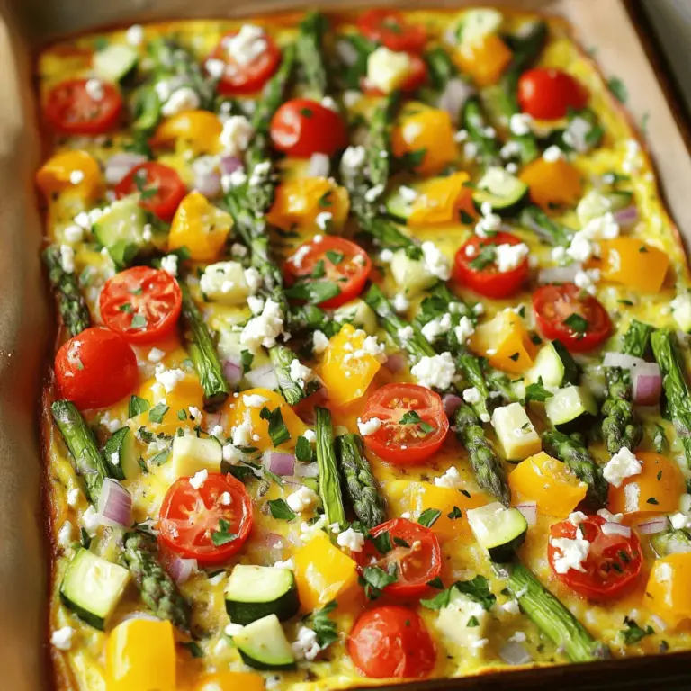 To make a tasty Spring Veggie Sheet Pan Frittata, you need: - 8 large eggs - 1 cup whole milk - 1 cup asparagus, trimmed and cut into 1-inch pieces - 1 cup cherry tomatoes, halved - 1 cup bell peppers, diced (yellow or red) - 1 cup zucchini, diced - 1/2 cup red onion, finely chopped - 1/2 cup feta cheese, crumbled - 1 teaspoon garlic powder - 1 teaspoon dried oregano - Salt and pepper to taste - 2 tablespoons olive oil These ingredients come together to create a colorful and nutritious dish. Spring is the best time for fresh veggies. Asparagus adds a nice crunch. Cherry tomatoes bring sweetness and color. Bell peppers give a vibrant taste. Zucchini adds moisture and texture. Red onion gives a mild sharpness that balances the flavors. You can mix and match as you like. Try using fresh peas or green beans for more variety. To enhance the flavor, consider these optional ingredients: - Fresh herbs like parsley or basil for garnish - Chopped spinach or kale for extra greens - A splash of hot sauce for a spicy kick - Different cheeses like cheddar or goat cheese for richness These optional ingredients can elevate your frittata. Each adds a unique taste that makes the dish your own. For the full recipe, check out the details provided earlier. First, you need to set the stage for your frittata. Preheat your oven to 400°F (200°C). This temperature helps the frittata cook evenly. While the oven heats, grab a large baking sheet. Line it with parchment paper. This makes cleaning up much easier later on. Now it’s time to mix the eggs. In a big bowl, crack open 8 large eggs. Add 1 cup of whole milk for creaminess. Sprinkle in 1 teaspoon of garlic powder and 1 teaspoon of dried oregano. Don’t forget salt and pepper to taste! Whisk everything together until it looks smooth and mixed well. This step is key for a tasty frittata. Next, let’s focus on the vegetables. In another bowl, toss together the asparagus, cherry tomatoes, bell peppers, zucchini, and red onion. Drizzle 2 tablespoons of olive oil over the veggies and mix them well. Spread the veggies evenly on your prepared baking sheet. Now, pour the egg mixture over the veggies. Make sure it covers everything well. Finally, sprinkle 1/2 cup of crumbled feta cheese on top. Bake your frittata in the oven for about 25-30 minutes. You’ll know it’s done when the eggs are set and the edges are golden. For the full recipe, check out the complete guide. To make a fluffy frittata, focus on your egg mixture. Whisk the eggs well. This adds air, which makes the frittata light. Use whole milk for creaminess. It helps with the soft texture. Avoid overcooking; a gentle bake is key. The eggs should be just set, not dry. Choose a large, rimmed sheet pan for even cooking. Line it with parchment paper for easy cleanup. Spread the vegetables in a single layer. This helps them roast well. Preheat your oven to 400°F (200°C) before baking. This ensures your frittata cooks evenly. Keep an eye on the baking time. Every oven is different, so check for doneness. You can customize this frittata based on your needs. For a dairy-free option, use almond milk or coconut milk. Swap feta cheese with a dairy-free cheese or omit it entirely. If you want more protein, add cooked sausage or tofu cubes. For a low-carb version, skip the potatoes or use cauliflower rice. {{image_2}} You can boost your frittata with protein. Try adding cooked bacon or sausage. Chopped ham or turkey also works well. For a plant-based option, add black beans or chickpeas. These choices add flavor and make the meal filling. You can mix and match to suit your taste. Feta cheese is great, but you can try other kinds too. Cheddar cheese gives a sharp taste. Goat cheese adds creaminess and tang. For a milder flavor, try mozzarella or Swiss cheese. Each cheese brings a unique taste to your frittata. Feel free to experiment with what you have at home. Spring veggies are fresh, but you can use others as seasons change. In summer, add corn and cherry tomatoes. Fall brings options like butternut squash and spinach. In winter, use kale or Brussels sprouts. This way, you can enjoy a frittata no matter the season. Mix seasonal ingredients to keep it exciting. For the full recipe, check the link. To keep your leftover frittata fresh, let it cool first. Then, cover it tightly with plastic wrap or foil. You can also place it in an airtight container. Store it in the fridge for up to four days. When you want to eat it, just take it out and enjoy! For best results, reheat your frittata in the oven. Preheat your oven to 350°F (175°C). Place the frittata on a baking sheet. Cover it with foil to keep it moist. Heat for about 10-15 minutes. You can also reheat it in the microwave. Just place a slice on a plate and heat for 30 seconds to 1 minute. You can freeze your frittata for longer storage. Cut it into squares and place them in a freezer-safe bag. Make sure to remove as much air as possible. It can last in the freezer for up to three months. To thaw, move it to the fridge overnight. Then, reheat it as mentioned above. Enjoy your delicious Spring Veggie Sheet Pan Frittata again! For the complete recipe, check out the Full Recipe. You can use many vegetables in a frittata. Some great options include: - Spinach - Kale - Broccoli - Mushrooms - Carrots - Peas - Artichokes Try different combinations to find your favorite mix. Using seasonal veggies adds fresh flavor and color. A frittata can last up to four days in the fridge. Store it in an airtight container to keep it fresh. If you want to enjoy it later, make sure to cool it completely before sealing. Yes! You can use a mixture of tofu and chickpea flour as a substitute. Blend them with some water to create a smooth texture. This gives a similar taste and feel to a traditional frittata. Yes, this frittata recipe is gluten-free. All the ingredients, like eggs and veggies, do not contain gluten. It's a safe option for anyone with gluten sensitivities. The ideal serving size for a frittata is about one square or rectangle piece. This recipe serves six, so each person can enjoy a nice portion. You can always adjust serving sizes based on your guests' appetites. For the full recipe, check the details above. This blog post covered how to make a tasty spring veggie sheet pan frittata. We explored main ingredients, fresh vegetables, and optional flavors. I shared step-by-step instructions for baking, along with tips to achieve fluffiness. You learned about variations, storage, and answers to common questions. Enjoy this frittata in many ways. It's a simple, quick dish for anyone. Try it with seasonal veggies or protein for flavor. Happy cooking!