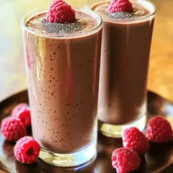 Here’s what you need for a tasty Chocolate Raspberry Protein Smoothie: - 1 cup unsweetened almond milk - 1 ripe banana - 1 scoop chocolate protein powder - 1 cup frozen raspberries - 1 tablespoon almond butter - 1 tablespoon chia seeds - 1 teaspoon honey (optional for sweetness) - Ice cubes (optional, for thickness) Each ingredient brings something special to the mix. - Almond milk: This milk is low in calories and great for hydration. - Banana: It adds natural sweetness and gives you quick energy. - Chocolate protein powder: This boosts your protein intake and helps build muscle. - Frozen raspberries: They are rich in vitamins and add a tart flavor. - Almond butter: This adds healthy fats and keeps you full longer. - Chia seeds: These tiny seeds offer fiber and omega-3 fatty acids. - Honey: It sweetens your drink and has antioxidants. - Ice cubes: They make your smoothie cold and thick. You can swap some ingredients if needed. - Almond milk: Use any milk you like, like soy or oat milk. - Banana: Try a ripe avocado for creaminess without the sweetness. - Chocolate protein powder: Use vanilla protein powder for a different flavor. - Frozen raspberries: Fresh berries or other fruits work too, like strawberries. - Almond butter: Peanut butter or sunflower seed butter can also be used. - Chia seeds: Flax seeds can be a good alternative. - Honey: Maple syrup or agave nectar can replace honey. - Ice cubes: If you want a thinner smoothie, skip the ice. I hope you find the perfect mix for your Chocolate Raspberry Protein Smoothie! You can find the full recipe above. To start, gather your ingredients for the Chocolate Raspberry Protein Smoothie. You need: - 1 cup unsweetened almond milk - 1 ripe banana - 1 scoop chocolate protein powder - 1 cup frozen raspberries - 1 tablespoon almond butter - 1 tablespoon chia seeds - 1 teaspoon honey (optional) - Ice cubes (optional) First, pour the almond milk into your blender. Next, add the ripe banana and the chocolate protein powder. The banana adds natural sweetness and creaminess. Then, toss in the frozen raspberries, almond butter, chia seeds, and honey if you want extra sweetness. Blend all these ingredients on high speed. You want a smooth and creamy texture. If your smoothie is too thin, add a few ice cubes. Blend again until it reaches your desired thickness. After blending, taste your smoothie. If you want it sweeter, feel free to add more honey. Finally, pour the smoothie into glasses. You can garnish it with fresh raspberries on top for a nice touch. This recipe makes two servings. For the best smoothie, use a high-speed blender. Start blending at a low speed, then increase to high. This helps mix everything well without lumps. If you notice chunks, stop and scrape down the sides of the blender. Blend again until fully smooth. If your blender struggles, add a bit more almond milk to help it blend better. Serve your Chocolate Raspberry Protein Smoothie cold. It’s great for breakfast or a post-workout snack. Pair it with a slice of whole-grain toast for added energy. You can also pour it into a mason jar for an on-the-go treat. Enjoy your delicious, energizing drink! For more details, check out the Full Recipe. To boost the taste of your Chocolate Raspberry Protein Smoothie, try adding a dash of vanilla extract. This small touch gives a warm flavor that pairs well with chocolate. You can also mix in a pinch of salt. This helps to balance the sweetness and brings out the chocolate flavor. If you love a bit of spice, add a sprinkle of cinnamon. It adds depth and a cozy warmth. If you want your smoothie to be thicker, use frozen fruit. Frozen raspberries work great in this recipe. They chill the drink and add texture. You can also add more chia seeds. They absorb liquid and help create a creamy blend. If you prefer a really thick smoothie, add ice cubes. Blend them in until your smoothie reaches the right thickness. One common mistake is over-blending. This can make your smoothie too runny. Blend until smooth but stop when it reaches your desired consistency. Another pitfall is under-measuring the protein powder. Too little can make the smoothie less filling. Always use the full scoop for the best results. Lastly, remember to taste your smoothie before serving. Adjust sweetness if needed by adding a bit more honey. For the full recipe, check out the detailed steps above. {{image_2}} You can pick many protein powders for your smoothie. Whey protein gives a creamy taste. Plant-based protein is great for vegans. Pea protein works well, too. Try different flavors like vanilla or chocolate. Each type changes the taste a bit. Find what you like best! Raspberries shine in this recipe, but you can swap them. Strawberries also add a nice sweetness. Blueberries give a boost of antioxidants. You could even use mango for a fruity twist. For more flavor, add a pinch of cinnamon or a splash of vanilla extract. These small changes keep your smoothie fresh and fun! Superfoods can make your smoothie even better. Consider adding spinach for extra vitamins. It blends well and you won't taste it. Flaxseeds are another great choice; they add fiber. You can also try cacao nibs for a crunchy twist and more chocolate flavor. Each superfood packs a powerful punch to boost your health. Check out the Full Recipe for more ideas! If you have leftover smoothie, pour it into a jar. Seal it tightly. Keep it in the fridge for up to 24 hours. Before drinking, give it a good shake. The ingredients may settle, but it will still taste great. Freezing is a smart way to keep your smoothie fresh. You can freeze fruits like bananas and raspberries. Portion them into small bags. When you want to make a smoothie, just grab a bag. No need to thaw; add them frozen to your blender. Meal prep can save time and make life easier. Pre-portion your smoothie ingredients in jars or bags. Include almond milk, protein powder, and fruits. When ready to blend, just add your liquid and blend it all together. This way, you enjoy a fresh smoothie without the hassle. For the full recipe, check out the earlier section. The calorie count for one serving of this smoothie is about 250 calories. This can vary based on the specific brands you use. Each ingredient contributes differently to the total calories, but it stays fairly low for a filling drink. The almond milk, banana, and protein powder are key players in this count. Yes, you can easily make this smoothie vegan. Use plant-based protein powder if you want to keep it vegan. The almond milk is already a great choice. Simply skip the honey or replace it with agave syrup. This way, you keep all the creamy goodness without any animal products. You can adjust the sweetness by using ripe fruits or natural sweeteners. Adding more banana can help, as it adds natural sugar. You can also use dates or maple syrup for flavor. If you want to keep it low-calorie, try a few drops of stevia. This way, you keep it tasty without adding refined sugar. For the full recipe, check out the detailed instructions above. You learned about key ingredients for a tasty, healthy smoothie. I covered their benefits, substitutes, and step-by-step instructions for blending. With tips to enhance flavor and avoid common mistakes, you can create a perfect smoothie. Explore variations with protein powders, fruits, and superfoods to keep things exciting. Finally, proper storage ensures your smoothies stay fresh and ready. Now, you're equipped to make nutritious smoothies that suit your taste. Enjoy blending and nourishing your body with every sip!