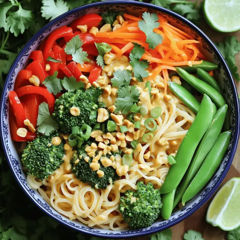 - 8 ounces rice noodles - 1 tablespoon coconut oil - 1 red bell pepper, thinly sliced - 1 cup broccoli florets - 1 carrot, julienned - 1 cup snap peas - 3 green onions, chopped - 2 cloves garlic, minced - 1 tablespoon freshly grated ginger Rice noodles serve as a great base for this dish. They soak up flavors well. Coconut oil adds a rich taste and helps cook the veggies perfectly. Fresh vegetables like red bell pepper and broccoli not only add color but also boost nutrition. Carrots add a sweet crunch, while snap peas bring a fresh snap. Green onions finish off the dish with a mild onion flavor. Garlic and ginger add a warm, aromatic touch that makes this meal irresistible. - ½ cup creamy peanut butter - 3 tablespoons soy sauce (or tamari for gluten-free) - 2 tablespoons maple syrup - 1 tablespoon lime juice - 1 teaspoon sriracha (adjust for spice preference) The peanut sauce is where the magic happens. Creamy peanut butter creates a rich, smooth texture. Soy sauce adds umami and saltiness, which balances the dish. Maple syrup gives a hint of sweetness that contrasts nicely with lime juice's tang. Sriracha allows you to customize the heat; add more for a spicy kick. - Chopped peanuts - Fresh cilantro - Lime wedges Garnishing is not just for looks; it adds flavor too. Chopped peanuts give a satisfying crunch. Fresh cilantro adds a burst of flavor and freshness. Lime wedges provide a zesty kick that brightens the dish. These elements make each bite special and elevate your stir-fry experience. For the full recipe, check the section above. To cook the rice noodles, follow the package instructions closely. Usually, you should boil water and add the noodles. Cook for about 4-6 minutes until they are soft but still firm. After cooking, drain them in a colander and rinse with cold water. This stops the cooking process and keeps them from sticking. If you want a change, try using soba noodles or udon noodles. Both give a unique taste and texture. When stir-frying vegetables, heat your pan first. Use a large wok or skillet for best results. Add one tablespoon of coconut oil and let it melt. Then, toss in your sliced red bell pepper, broccoli florets, julienned carrot, and snap peas. Stir-fry these for 4-5 minutes. They should be bright and tender yet still crisp. If you add softer vegetables like zucchini, cook them for only 2-3 minutes to avoid mushiness. For the peanut sauce, mix peanut butter, soy sauce, maple syrup, lime juice, and sriracha in a bowl. Whisk until smooth and creamy. If the sauce is too thick, add a splash of water. Adjust the sriracha to fit your spice level. You can also add more maple syrup if you want a sweeter taste. This sauce gives your stir-fry a delicious, nutty flavor. To combine your ingredients, add the drained noodles to your vegetable mix. Pour the peanut sauce over everything. Use tongs or two forks to gently toss them together. Make sure every noodle and veggie is well coated. This step is key to keeping your stir-fry tasty. After mixing, fold in chopped green onions and cook for one more minute. This keeps the green onions fresh and crunchy. To enhance the flavors in your Vegan Thai Peanut Noodle Stir-Fry, use fresh ingredients. Fresh veggies have more taste and nutrients. Try to chop your vegetables evenly. This helps them cook at the same rate. Use a large wok or a deep skillet. These tools give you more space to stir. A non-stick pan is great too, as it prevents sticking. One big mistake is overcooking your vegetables. They should stay bright and crisp. Cook for just 4-5 minutes. Another issue is under-seasoning the peanut sauce. Taste it before adding to your noodles. If it lacks flavor, add more soy sauce or lime juice. A little salt can also boost the taste. You can easily add more nutrition to this dish. Tofu or tempeh are great protein sources. Cube them and stir-fry with your veggies. This will make the meal heartier. Also, think about adding more greens. Spinach or kale can add color and health benefits. Toss them in during the last minute of cooking for a vibrant touch. {{image_2}} To make this dish gluten-free, swap soy sauce for tamari. Tamari provides a rich flavor without gluten. You can also use alternatives for rice noodles, like quinoa or zucchini noodles. These choices keep the taste great while meeting dietary needs. If you love spice, adjust the heat with ingredients. Add more sriracha for extra kick. You can also mix in red pepper flakes or fresh chili peppers. Other seasoning variations include adding garlic powder or sesame oil. These will enhance the flavor and create a unique twist. To boost protein in your Vegan Thai Peanut Noodle Stir-Fry, consider adding tofu or tempeh. Both are great vegan sources. Simply cube and pan-fry them before adding to the dish. You can also use chickpeas or edamame for a different texture. Incorporate them during the stir-fry stage for even cooking. To keep your Vegan Thai Peanut Noodle Stir-Fry fresh, store it in an airtight container. Place it in the fridge within two hours of cooking. This helps prevent spoilage. The dish lasts up to four days in the fridge. Just remember to check for any odd smells or changes in texture before eating. You can freeze this stir-fry if you want to save it for later. Let the dish cool completely before placing it in a freezer-safe container. Make sure to leave some space at the top, as the food will expand. It stays good for up to three months. When reheating, let it thaw overnight in the fridge. You can reheat it on the stove over low heat, adding a splash of water if it seems dry. Meal prep can make your week easier. You can cook a big batch of the stir-fry and divide it into portions. Store each portion in a separate container. This way, you have quick meals ready to go. Use glass containers for easy reheating and to keep flavors fresh. Label each container with the date to track freshness. This method not only saves time but also keeps you on track with healthy eating. To make Vegan Thai Peanut Noodle Stir-Fry, follow these key steps: 1. Cook the Noodles: First, cook 8 ounces of rice noodles as per package directions. 2. Heat the Oil: In a large skillet, heat 1 tablespoon of coconut oil over medium-high heat. 3. Add Vegetables: Toss in 1 sliced red bell pepper, 1 cup of broccoli florets, 1 julienned carrot, and 1 cup of snap peas. Stir-fry for 4-5 minutes. 4. Add Aromatics: Mix in 2 minced garlic cloves and 1 tablespoon of grated ginger. Stir for 1 more minute. 5. Make Peanut Sauce: In a bowl, whisk together ½ cup of creamy peanut butter, 3 tablespoons of soy sauce, 2 tablespoons of maple syrup, 1 tablespoon of lime juice, and 1 teaspoon of sriracha. 6. Combine Noodles and Sauce: Add the noodles to the veggies, then pour the peanut sauce over everything. Toss gently until well-coated. 7. Add Green Onions: Fold in 3 chopped green onions and cook for one more minute. 8. Serve: Remove from heat and garnish with chopped peanuts and fresh cilantro. This process takes about 30 minutes from start to finish. For the full recipe, check the earlier section. Yes, you can customize the ingredients to suit your taste! Here are some options: - Vegetables: Swap out any veggies you don’t like. Try bok choy, zucchini, or mushrooms. - Noodles: Use whole grain or gluten-free noodles if you prefer. - Sauces: Adjust the soy sauce and sriracha for saltiness and heat. - Sweeteners: Change maple syrup to agave or coconut sugar for a different flavor. Feel free to experiment with what you have at home! If you need a peanut butter substitute, here are some options: - Almond Butter: It offers a similar creaminess and nutty flavor. - Sunflower Seed Butter: This works well for nut-free diets. - Cashew Butter: A slightly sweeter option that blends nicely in sauces. Each of these spreads will change the flavor slightly, so choose based on your preference. Yes, this recipe is great for meal prep! Here are some tips: - Cook in Batches: Make a larger batch and store portions in airtight containers. - Refrigeration: Store in the fridge for up to 4 days. - Freezing: If you want to freeze it, set aside the fresh veggies. Add them when reheating to keep them crisp. With these tips, you can enjoy quick and tasty meals all week! This blog post covered how to make a delicious Vegan Thai Peanut Noodle Stir-Fry. We explored essential ingredients, cooking steps, and tips for the best results. You now know how to create a creamy peanut sauce, stir-fry fresh veggies, and add tasty garnishes. With the right techniques, you can avoid common mistakes. Remember, feel free to customize the recipe to suit your taste. Enjoy making this dish that’s both easy and healthy. Happy cooking!