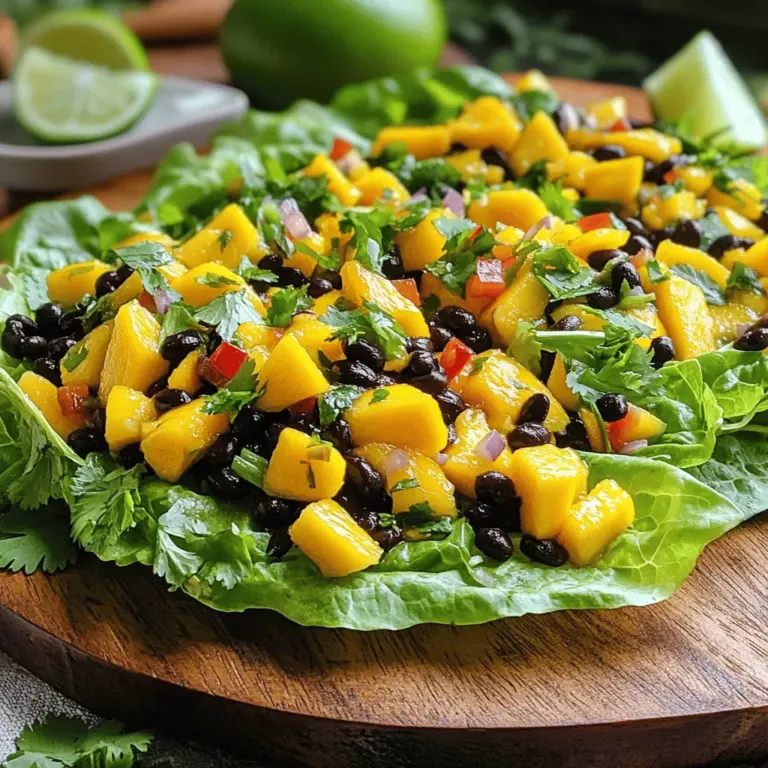 - 1 ripe mango, diced - 1 can (15 oz) black beans, rinsed and drained - 1 red bell pepper, finely chopped - 1 small red onion, finely chopped - 1 jalapeño, seeded and minced - 2 tablespoons fresh lime juice - 1 tablespoon olive oil - 1 teaspoon ground cumin - 1 teaspoon chili powder - Salt and pepper to taste - 8-10 large romaine or butter lettuce leaves - Fresh cilantro, for garnish For the best taste, I recommend measuring ingredients carefully. Use a sharp knife for chopping. A ripe mango adds sweetness. Black beans give protein and fiber. Make sure to rinse and drain them well. Fresh vegetables have more flavor than canned ones. Fresh lime juice brightens the dish and enhances all flavors. Each serving has about 200 calories. The breakdown is roughly: - Protein: 8g - Carbs: 34g - Fat: 5g Key ingredients offer great health benefits. Mango adds vitamins A and C. Black beans are great for heart health. They help keep your digestion smooth. Red bell peppers are rich in antioxidants. They help fight inflammation and boost your immune system. 1. Start by making the filling. In a medium bowl, mix the diced mango, black beans, red bell pepper, red onion, and jalapeño. Use a spatula to gently combine them. You want the mango to stay intact. This mix brings sweet and spicy notes together. 2. Next, make the dressing. In a small bowl, whisk together the lime juice and olive oil. Add cumin, chili powder, salt, and pepper. This dressing packs bold flavor. Pour it over your mango and black bean mix. Toss gently until everything is coated. 1. Get your lettuce leaves ready. Wash them well and pat them dry. I recommend using whole leaves. Romaine or butter lettuce works best for wrapping. They hold the filling without tearing. 2. Now, it’s time to fill the wraps. Spoon a generous amount of the mango black bean mixture onto each lettuce leaf. Make sure to fill them up but not overstuff. A little garnish with fresh cilantro adds a nice touch. It brightens the flavors. 1. For presentation, arrange the filled lettuce wraps on a serving platter. Drizzle a little extra lime juice on top. It makes the dish look fresh and inviting. Serve with lime wedges on the side for added zest. 2. Pair these wraps with a light drink. A refreshing iced tea or sparkling water complements the spice. You can also serve them with rice or a light salad for a complete meal. For the complete recipe, refer to the Full Recipe section. To get the best flavor and texture, focus on chopping. When dicing the mango, aim for small, even pieces. This helps the mango mix well with the beans. Use a sharp knife for clean cuts. For the black beans, rinse and drain them well. This removes extra salt and improves the taste. To achieve the perfect mango texture, choose a ripe mango. It should feel slightly soft but not mushy. If it is too firm, let it ripen for a few days. This way, it will add sweetness to your wraps. For extra flavor, consider adding spices like smoked paprika or fresh herbs like basil. These can make the dish pop. You can also switch the jalapeño for a milder pepper if you want less heat. If you have dietary needs, swap black beans for chickpeas. They offer a similar texture and protein. You can also make it vegan by ensuring your dressing is free from animal products. One mistake is over-mixing the ingredients. Gently toss them to keep the mango intact. This preserves the fresh look and taste. Another common issue is choosing the wrong lettuce. Romaine or butter lettuce works best. They hold fillings well and add a nice crunch. Avoid using iceberg lettuce as it can be too watery and fragile. {{image_2}} You can easily swap the mango in this recipe. Try using pineapple for a tangy twist. Peaches or nectarines also work well if you want a sweeter option. For added protein, use grilled chicken or shrimp instead of black beans. Chickpeas are a great plant-based alternative too. They add texture and flavor, making your wraps even more filling. If you follow a vegan diet, this recipe is already perfect for you. Just make sure your dressing is dairy-free. You can use avocado or tahini instead of yogurt. For those needing gluten-free options, ensure the dressing is made without soy sauce and use gluten-free wraps or lettuce. If you are low-carb, the lettuce wraps are ideal. You can also skip the beans for a lighter bite. To make your wraps stand out, mix in flavors from other cuisines. Add a splash of soy sauce for an Asian flair or some curry powder for an Indian twist. You could also toss in some fresh basil or mint for a fresh Mediterranean touch. Try adding a spicy salsa or kimchi for an exciting kick. These fun changes make your wraps unique and memorable. To keep your spicy mango black bean lettuce wraps fresh, wrap them tightly in plastic wrap or store them in an airtight container. This helps prevent them from wilting. Make sure to store the filling and lettuce leaves separately. The filling stays fresh for up to three days in the fridge, while the lettuce may last about two days. You can prep the filling a day ahead. Simply mix the diced mango, black beans, and veggies. Store it in the fridge in a sealed container. For freezing, avoid freezing the mango, as it loses texture. However, you can freeze the black bean mixture for up to a month. Just thaw it in the fridge before using. Reheat the black bean filling on the stove over low heat. This method keeps the texture nice. Avoid microwaving, as it may make the beans mushy. Serve the filling warm in fresh lettuce leaves for the best taste. If you want to keep the wraps fresh, assemble them right before serving. For the full recipe, check out the ingredients and instructions above. You can try cabbage or collard greens. They hold up well and add crunch. They also have a mild taste that pairs nicely with the filling. Yes, you can prep the filling in advance. Just store it in the fridge. Assemble the wraps right before serving. This keeps the lettuce crisp and fresh. The spice level can change based on your taste. If you want more heat, add more jalapeño. If you prefer less spice, use less or skip it altogether. Many places serve similar dishes. Look for spots that focus on fresh, healthy options. Mexican or fusion restaurants often have wraps like these. These mango black bean lettuce wraps are fresh, fun, and full of flavor. We covered vital ingredients, tips for best results, and ways to adapt the recipe. You can swap ingredients, prep ahead, and store leftovers with ease. Enjoy trying variations to fit your tastes and needs. By following these steps, you can create a tasty, healthy meal that impresses everyone at your table. Embrace your creativity in the kitchen and make these wraps your own. Happy cooking!
