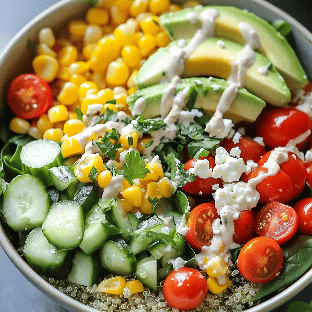 To create a vibrant summer veggie power bowl, gather these key ingredients: - 1 cup quinoa, rinsed - 2 cups vegetable broth or water - 1 cup cherry tomatoes, halved - 1 cup cucumber, diced - 1 bell pepper (any color), diced - 1 cup corn kernels (fresh or frozen) - 1 avocado, sliced - 1 cup spinach or mixed greens These ingredients give the bowl its fresh taste and colorful look. Quinoa is a great base, offering protein and fiber. The vegetables add crunch and taste. To make your power bowl even better, consider these optional ingredients: - 1/4 cup feta cheese, crumbled - 1/4 cup tahini - 2 tablespoons lemon juice - 1 tablespoon olive oil - Salt and pepper to taste - Fresh herbs (like basil or parsley) for garnish Feta cheese adds creaminess and saltiness. The tahini dressing brings a nutty flavor, while herbs give a fresh finish. Each main ingredient in the bowl packs a punch of nutrients: - Quinoa: High in protein and fiber, it helps you feel full. - Spinach: Rich in iron and vitamins, it boosts energy. - Avocado: Full of healthy fats, it supports heart health. - Tomatoes: High in antioxidants, they help fight disease. These ingredients work together to create a dish that is not only delicious but also good for you. Enjoy making your summer veggie power bowls with the Full Recipe for a healthy meal option! Start by rinsing 1 cup of quinoa under cold water. This step removes bitterness. In a medium pot, bring 2 cups of vegetable broth or water to a boil. Add the rinsed quinoa and stir. Next, reduce the heat to low. Cover the pot and let it simmer for 15-20 minutes. The quinoa will absorb the liquid and get fluffy. After cooking, remove it from heat. Let it sit covered for another 5 minutes. Finally, fluff the quinoa with a fork. While the quinoa cooks, make the tahini dressing. In a small bowl, combine 1/4 cup of tahini, 2 tablespoons of lemon juice, and 1 tablespoon of olive oil. Add salt and pepper to taste. Whisk the mixture until smooth. If it’s too thick, add a splash of water. Keep whisking until you reach a creamy consistency. This dressing adds a nutty flavor and ties all the ingredients together. After the quinoa and dressing are ready, it’s time to combine the veggies. In a large bowl, mix together the cooked quinoa, 1 cup of halved cherry tomatoes, 1 cup of diced cucumber, 1 diced bell pepper, 1 cup of corn kernels, and 1 cup of spinach or mixed greens. Toss all of the ingredients well. This mix makes your power bowl colorful and fresh. Spoon the mixture into serving bowls. Top with sliced avocado and crumbled feta cheese if you like. Drizzle with the tahini dressing and garnish with fresh herbs. Enjoy this healthy and vibrant meal! To cook quinoa well, start by rinsing it. This removes any bitterness. Use two parts liquid for one part quinoa. Bring water or broth to a boil in a pot. Add the rinsed quinoa, cover, and lower the heat. Let it simmer for 15-20 minutes. The quinoa is ready when it is fluffy and has absorbed all the liquid. Turn off the heat and let it sit for 5 minutes. Fluff it gently with a fork after resting. Add depth to your bowls with simple flavor boosters. Fresh herbs like basil or parsley brighten the dish. A squeeze of lemon juice adds zing. To elevate flavors, consider using roasted veggies. Roasting brings out natural sweetness. You can also add spices like cumin or paprika for warmth. If you enjoy crunch, toss in some nuts or seeds. These not only add flavor but also texture. Serving your Summer Veggie Power Bowls is key to enjoyment. Use colorful bowls to make the dish pop. Layer the ingredients for a beautiful display. Start with the quinoa, then add veggies. Top with avocado and a sprinkle of feta, if you like. Finish with a drizzle of tahini dressing. To add a fresh touch, use chopped herbs as a garnish. This makes the dish not only tasty but also visually appealing. {{image_2}} You can personalize your Summer Veggie Power Bowl by adding your favorite veggies. Try using roasted sweet potatoes or steamed broccoli for a new twist. You might want to add some shredded carrots for crunch. Think about mixing in chopped kale for extra nutrients. Each veggie brings its own flavor and texture. If you want more protein, consider adding chickpeas or black beans. These legumes are filling and healthy. You can also use cooked lentils for a hearty touch. For a non-vegetarian option, grilled chicken or shrimp works great too. These additions make your bowl more satisfying. Seasonal veggies can change your bowl’s taste and look. In summer, use fresh zucchini or yellow squash. They add color and a mild flavor. In fall, swap in roasted Brussels sprouts or butternut squash. Each season offers new flavors to explore. You can keep your bowls exciting by changing the veggies according to the season. Enjoy experimenting with these variations to make your power bowls unique and delicious! For the Full Recipe, check out the complete instructions above. To store leftovers, place your Summer Veggie Power Bowls in an airtight container. Keep them in the fridge for up to three days. Make sure to add the dressing just before eating. This keeps the veggies fresh and crisp. For quick assembly, prep your ingredients in advance. Cook the quinoa, chop the veggies, and make the dressing ahead of time. Store each component in separate containers. When you are ready to eat, just mix and match. This makes healthy meals easy. You can freeze the quinoa separately. Place it in a freezer-safe bag. It lasts for up to three months. To thaw, leave it in the fridge overnight. Reheat in a microwave or on the stove before using. Note that fresh veggies do not freeze well. Use them fresh for the best taste. Yes, you can make these bowls ahead of time. Cook the quinoa and store it in the fridge. You can also chop the veggies a day before. Just keep the dressing separate until you are ready to eat. This way, your veggies stay fresh and crunchy. Summer brings a bounty of fresh veggies. Some of the best options include: - Cherry tomatoes - Cucumbers - Bell peppers - Corn - Zucchini - Spinach or mixed greens Feel free to mix and match your favorites. Seasonal veggies taste better and are often more affordable. Yes, Summer Veggie Power Bowls can be gluten-free. Quinoa is a gluten-free grain. Just ensure that any additional ingredients, like dressings or toppings, are also gluten-free. Always check labels to be sure. To make this dish vegan, simply leave out the feta cheese. The tahini dressing adds creaminess. You can also use more veggies or add beans for protein. This way, you get a filling meal without any animal products. You can find the Full Recipe for Summer Veggie Power Bowls in the earlier section. This recipe shows you how to create a tasty and healthy meal that everyone can enjoy. In this post, we explored summer veggie power bowls. You learned about essential and optional ingredients, plus their health benefits. We covered step-by-step instructions for preparing quinoa, making tahini dressing, and combining the veggies. I shared tips for cooking quinoa, adding flavor, and presenting your bowl nicely. We also discussed variations, like vegetarian options and seasonal swaps, along with smart storage tips. These bowls are easy, tasty, and good for you. Enjoy mixing and matching to create your perfect dish!