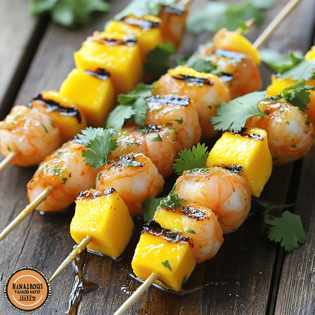 - 1 lb large shrimp, peeled and deveined - 1 ripe mango, diced into 1-inch cubes - 2 tablespoons lime juice - Zest of 1 lime - 2 tablespoons honey - 1 teaspoon ground cumin - 1 teaspoon paprika - 2 tablespoons olive oil - Salt and pepper to taste - Fresh cilantro for garnish - Skewers (metal or soaked wooden ones) When I prepare Mango-Lime Shrimp Skewers, I focus on fresh, vibrant ingredients. The shrimp gives a meaty bite while the mango adds sweetness. Lime juice brightens the dish, creating a balance. Honey enhances this sweetness, making each bite a delight. Ground cumin and paprika add depth and warmth to the flavor. The olive oil helps everything stick while also giving a nice finish when grilled. These ingredients create a dish that's not just tasty, but also healthy. The fresh cilantro at the end adds a pop of color and freshness. - Calories per serving: 250 - Protein: 25g - Fats: 10g - Carbohydrates: 15g Each serving packs a punch of protein and flavor. You'll feel satisfied without overindulging. This makes it a great choice for a light lunch or dinner. For the full recipe, check the details above. To create the marinade, start with a large bowl. Combine the lime juice, lime zest, honey, ground cumin, paprika, olive oil, salt, and pepper. Mix well until everything blends smoothly. This marinade brings great flavor to the shrimp. Next, add the shrimp to the marinade. Use a spatula or spoon to coat each shrimp evenly. Make sure every piece gets some marinade. Cover the bowl and refrigerate for at least 30 minutes. This allows the shrimp to soak up all the tasty flavors. Before grilling, preheat your grill or grill pan over medium-high heat. This step is key. A hot grill gives you nice char marks and great flavor. Now, it's time to thread the shrimp and mango onto skewers. Alternate between the marinated shrimp and mango cubes. This not only looks pretty but also mixes the flavors well. Use metal or soaked wooden skewers to prevent burning. Grill the skewers for about 2-3 minutes on each side. You want the shrimp to turn pink and opaque. The mango should have nice grill marks. Keep an eye on them to avoid overcooking. For the best sides to pair with these skewers, consider a fresh salad or rice. Both add a nice touch to the meal. For presentation, place the skewers on a large platter. Drizzle some extra lime juice over them. Garnish with fresh cilantro for a pop of color. This makes your dish not just tasty but also beautiful. For the complete recipe, check out the [Full Recipe]. Marinating shrimp is key for flavor. You should marinate shrimp for at least 30 minutes. This gives the shrimp time to absorb the lime and honey. If you have more time, try marinating for up to two hours. It will make the shrimp even tastier! If you want to mix things up, try different marinades. You can add garlic, ginger, or spicy chili to the lime mix. Or swap lime for orange juice for a sweeter taste. Each change offers a new twist on this dish. Temperature control is very important. Preheat your grill to medium-high heat. If the grill is too hot, the shrimp may cook too fast. This can make them tough and rubbery. You want them to be just pink and opaque. Keep an eye on the shrimp while grilling. Cook them for only about 2-3 minutes on each side. They cook quickly, and overcooking can ruin their texture. Remove them as soon as they turn pink and look done. When making skewers, alternate shrimp and mango for a fun look. This adds color and texture. Start with a piece of shrimp, then add a mango cube. Repeat this pattern until the skewer is full. For easier handling, soak wooden skewers in water for at least 15 minutes. This prevents them from burning on the grill. If you use metal skewers, no need to soak. They are also easier to turn on the grill. For the full recipe, check the section above. It has all the steps you need to make these delicious skewers! {{image_2}} You can change the flavor of your mango-lime shrimp skewers by adding spices or herbs. For a kick, try a pinch of cayenne pepper or a dash of garlic powder. Fresh herbs like basil or mint can also brighten the dish. If you want a sweet twist, add a splash of coconut milk to the marinade. You can also swap out mango for other fruits. Pineapple adds a tangy taste, while peaches bring a lovely sweetness. Experimenting with fruits lets you discover new flavor combos. You can cook these skewers in different ways. Grilling gives a nice char and smoky flavor. If you prefer, you can bake the skewers in the oven at 400°F for about 15 minutes. Just make sure to flip them halfway for even cooking. An air fryer is another great option. It cooks the skewers quickly and keeps them crispy. Set it at 375°F and cook for about 8-10 minutes. This method is perfect for a healthier version without losing taste. When hosting a gathering, you might need more skewers. To scale the recipe, simply multiply the ingredient amounts. For example, if you want to make enough for eight people, use 2 pounds of shrimp and 2 ripe mangoes. If you only need a smaller batch, feel free to cut the ingredients in half. This way, you can enjoy a tasty meal without wasting food. Adjusting the recipe makes it easy to enjoy mango-lime shrimp skewers anytime. For the full recipe, check out the detailed instructions above. To keep your mango-lime shrimp skewers fresh, place them in an airtight container. This helps prevent moisture loss and keeps flavors intact. You can store them in the refrigerator for up to three days. If they sit longer, they may lose texture and taste. When you’re ready to enjoy leftovers, I recommend reheating them in the oven or on the stovetop. For the oven, preheat it to 350°F (175°C). Place the skewers on a baking sheet and heat for about 10 minutes. On the stovetop, use a skillet over medium heat. Heat for a few minutes, turning gently to avoid overcooking. This way, the shrimp and mango stay juicy. Yes, you can freeze cooked skewers! To do this, let them cool completely. Then, wrap each skewer in plastic wrap and place them in a freezer bag. This helps avoid freezer burn. When you’re ready to eat, thaw them overnight in the fridge. Reheat using the methods above for the best taste. Enjoy the zesty flavor even after freezing! How long do I need to marinate shrimp? I recommend marinating shrimp for at least 30 minutes. This time allows the flavors to soak in, making the shrimp taste amazing. If you have more time, you can marinate them for up to 2 hours. Just avoid going longer than that, as the acid in the lime can make the shrimp mushy. Can I use frozen shrimp for this recipe? Yes, you can use frozen shrimp! Just make sure to thaw them first. Place the shrimp in cold water for about 15-20 minutes. After they are thawed, peel and devein them if needed. Then, you can marinate them just like fresh shrimp. What if I don’t have a grill? If you don’t have a grill, you can use a grill pan on the stove. Preheat the pan over medium-high heat. The skewers will cook just as well and give you those lovely grill marks. You can also broil them in the oven if you prefer. Can I make these skewers in a skillet? Absolutely! Just heat a non-stick skillet over medium heat. Cook the skewers for about 2-3 minutes on each side. The shrimp will cook quickly, so keep an eye on them to avoid overcooking. Can I replace lime with another citrus? Yes, you can! Lemon or orange juice works great as a substitute. Each will give a unique twist to the flavor. Just make sure to use the same amount as the lime juice in the recipe. Alternatives for honey in the marinade? If you want to replace honey, you can use maple syrup or agave nectar. Both options will add the same sweetness without changing the taste too much. This blog post covers a delicious shrimp and mango skewer recipe. We explored the ingredients, step-by-step instructions, and helpful tips for grilling. You learned about variations, storage methods, and common questions. These skewers are easy to make and fun to share. Feel free to try different fruits or spices to make this dish your own. Cooking should be enjoyable, so have fun experimenting with flavors. Enjoy your tasty creation!