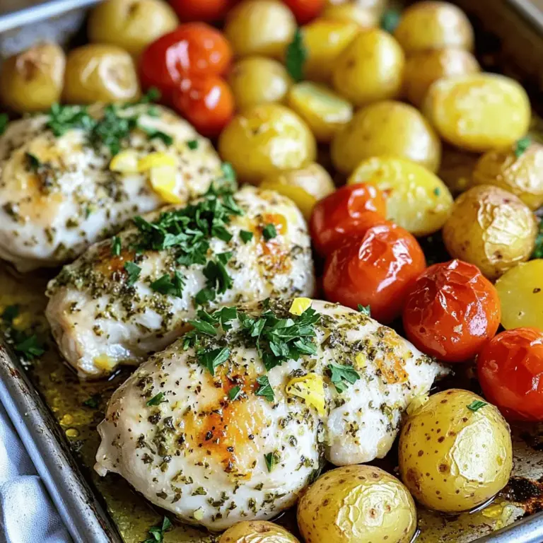- 4 boneless, skinless chicken breasts - 3 tablespoons olive oil - Juice and zest of lemons - 4 cloves garlic, minced For this dish, the chicken is the star. I use boneless, skinless chicken breasts for a quick cook. Olive oil adds richness. The lemon juice and zest give bright flavor. Minced garlic adds depth to the marinade. - 1 teaspoon dried oregano - 1 teaspoon dried thyme - 1 teaspoon smoked paprika - Salt and pepper to taste Herbs and spices boost the taste. Dried oregano and thyme bring warmth. Smoked paprika adds a hint of smokiness. Salt and pepper balance everything out. These seasonings make each bite exciting. - 1 pound baby potatoes, halved - 1 cup cherry tomatoes - Fresh parsley, chopped for garnish I love using baby potatoes in this recipe. They roast well and get crispy edges. Cherry tomatoes burst with sweetness as they cook. Fresh parsley adds color and freshness when serving. These veggies make the meal complete. For the full recipe, check out [Full Recipe]. First, preheat your oven to 425°F (220°C). This high heat helps the chicken and veggies cook evenly. Next, line a large baking sheet with parchment paper. This makes cleanup quick and easy. In a mixing bowl, whisk together the marinade. Combine 3 tablespoons of olive oil, juice from 2 lemons, zest from 1 lemon, 4 minced garlic cloves, 1 teaspoon of dried oregano, 1 teaspoon of dried thyme, 1 teaspoon of smoked paprika, salt, and pepper. Mix until well combined. Add 4 boneless, skinless chicken breasts to the marinade. You can use a large zip-top bag or a bowl. Make sure the chicken is well coated. Seal the bag or cover the bowl, and place it in the fridge. Let the chicken marinate for at least 30 minutes. For deeper flavor, marinate for up to 2 hours. A tip for marinating: the longer you marinate, the more flavor the chicken absorbs. Just don’t leave it too long, or the acidity from the lemon can make the chicken mushy. Once the chicken has marinated, it’s time to prepare the veggies. Halve 1 pound of baby potatoes, and toss them in a bowl with olive oil, salt, and pepper. Spread these potatoes on one side of the prepared baking sheet. Then, place the marinated chicken breasts alongside the potatoes. Add 1 cup of cherry tomatoes on the other side of the sheet. Make sure everything is in a single layer. This helps it cook evenly. Before baking, pour any leftover marinade over the veggies. This adds extra flavor while they roast. Bake in the preheated oven for about 25-30 minutes. Check that the chicken reaches an internal temperature of 165°F (74°C). The potatoes should be tender and golden. When done, remove the sheet pan from the oven and let it rest for a few minutes. Garnish with fresh chopped parsley before serving. For the full recipe, click here. Marinating chicken is key to flavor. I recommend marinating for at least 30 minutes. If you have more time, let it sit for up to two hours. This allows the herbs and lemon to soak in. To check if your chicken is done, use a meat thermometer. The chicken should reach 165°F (74°C). This ensures it is safe to eat and juicy inside. For perfect roasted potatoes, cut them evenly. This helps them cook at the same rate. Toss them in olive oil, salt, and pepper before roasting. Spread them out on the baking sheet. This way, they get nice and crispy. Use fresh vegetables like cherry tomatoes. They add color and taste. Always wash and dry your veggies before cooking. This makes them tastier and helps them roast better. Serving directly from the sheet pan looks rustic and inviting. You can also plate each piece for a nice touch. A sprinkle of lemon zest and fresh herbs adds elegance. It makes your meal look gourmet and special. For more tips, check out the Full Recipe. {{image_2}} You can easily boost the flavor of your Sheet Pan Lemon Herb Chicken. Try adding other herbs like rosemary or basil. Each herb brings its own twist. You can also mix in spices like cumin or coriander for a warm taste. Citrus fruits are another great option. Think about adding orange or lime juice to the marinade. These fruits add a sweet and tangy kick. You can even try a different marinade. A honey mustard mix pairs well with chicken too! If you want a change, consider using bone-in chicken thighs or drumsticks. These cuts are juicy and flavorful. They cook well with the same method. Adjust the cooking time to ensure they reach 165°F (74°C). For a meatless option, tofu or chickpeas work great. Firm tofu absorbs the marinade well and gets nice and crispy in the oven. Chickpeas add a hearty texture and protein. Toss them in with the veggies for a filling meal. You can switch up the veggies based on the season. In summer, use zucchini or bell peppers. In fall, try carrots or squash. These fresh choices keep the dish exciting and tasty. Different types of potatoes add variety too. Sweet potatoes offer a sweet and nutty flavor. You can also use parsnips for a unique twist. Get creative with what you find at the market! For the full recipe, check the [Full Recipe]. After your meal, let the chicken cool down. Place leftovers in a container. Use airtight containers to keep them fresh. You can store them in the fridge for up to three days. If you want to keep them longer, freeze them for up to three months. Use freezer-safe bags or containers. Label them with the date for easy tracking. To reheat chicken, use the oven for the best results. Set your oven to 350°F (175°C). Place the chicken on a baking sheet. Cover it with foil to keep it moist. Heat for about 20 minutes. For quick reheating, use a microwave. Heat in 30-second bursts until warm. Always check the chicken reaches at least 165°F (74°C) before eating. Batch cooking is a great way to save time. Make extra chicken and veggies for future meals. You can use the leftovers in salads, wraps, or grain bowls. Shred the chicken for easy use in various dishes. Mix it with some fresh greens or grains. This way, you can enjoy your delicious meal in different ways all week! For the full recipe, check out the link above. How to determine when chicken is fully cooked? To check if the chicken is done, use a meat thermometer. Insert it into the thickest part of the chicken. It should read 165°F (74°C) for safe eating. If you don't have a thermometer, cut into the chicken. The meat should be white and the juices clear. Can I use skin-on chicken for this recipe? Yes, you can use skin-on chicken. Just adjust the cooking time. Skin-on chicken may need a few extra minutes. The skin adds flavor and crispness, making it a tasty option. What if I don't have fresh herbs? If you don't have fresh herbs, dried herbs work well too. Use about one-third of the amount of dried herbs. This swap still adds great flavor to the chicken. Can I use other types of potatoes? Absolutely! You can use red or Yukon gold potatoes. Sweet potatoes are also a great option. Just cut them into similar sizes for even cooking. What side dishes go well with sheet pan lemon herb chicken? Some great sides include a simple green salad, steamed broccoli, or rice. A light couscous salad also pairs nicely. These sides add color and balance to your meal. How to adjust serving sizes for larger groups? To serve more people, just double the recipe. Use two sheet pans to ensure even cooking. You might need to bake them in batches if your oven is small. This blog post covered a simple and tasty sheet pan lemon herb chicken recipe. We talked about ingredients, preparation steps, and baking tips. Remember to marinate the chicken well for the best flavor. You can use different vegetables and proteins for variety. When storing leftovers, use airtight containers for freshness. Follow these steps, and you'll impress everyone at your table. Enjoy the process and share your creations with others. Happy cooking!