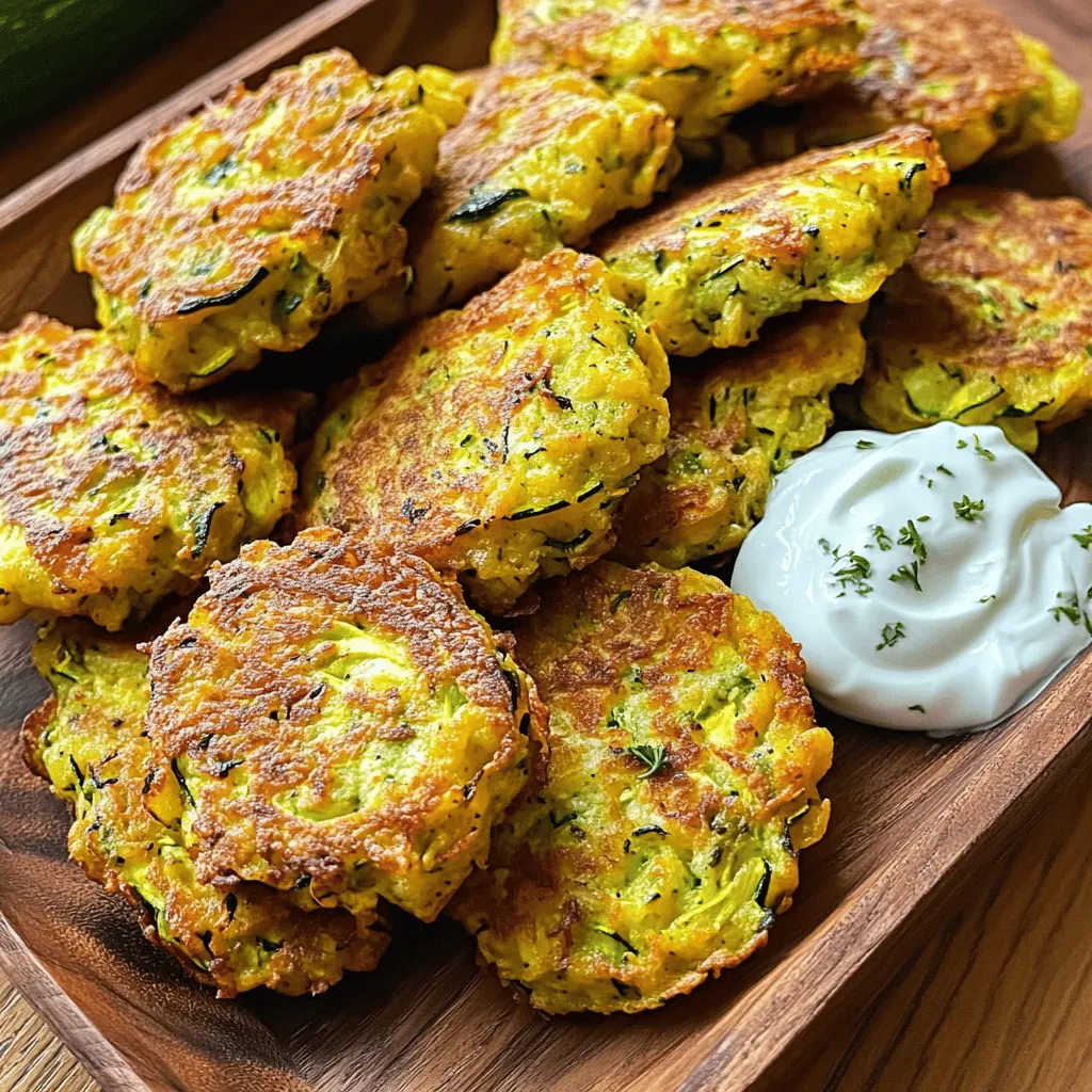 Cooking these baked zucchini fritters is simple and fun. Here’s what you need: - 2 medium zucchinis, grated - 1 teaspoon salt - 1 cup breadcrumbs (panko preferred) - 1/2 cup grated Parmesan cheese - 2 large eggs, beaten - 1/4 cup finely chopped green onions - 2 cloves garlic, minced - 1/2 teaspoon onion powder - 1/2 teaspoon dried oregano - 1/4 teaspoon black pepper - Olive oil spray for baking These ingredients bring flavor and texture to your fritters. Grated zucchini is the star here. The salt helps draw out moisture, making the fritters crispy. Panko breadcrumbs give a delightful crunch. Parmesan adds a savory touch that enhances every bite. Eggs bind everything together, while garlic and onion powder create a fragrant base. Green onions add freshness, and oregano rounds out the flavors. You can find the full recipe in the section above. Enjoy making these delicious bites! First, preheat the oven to 400°F (200°C). Line a baking sheet with parchment paper to prevent sticking. Next, take your two medium zucchinis and grate them. Place the grated zucchini in a large bowl and sprinkle it with one teaspoon of salt. Let it sit for about 10 minutes. This step helps to draw out excess moisture, which is key for crispy fritters. After 10 minutes, it’s time to squeeze out the moisture. Use a clean kitchen towel or cheesecloth to remove as much liquid as you can from the zucchini. This will help keep your fritters from being soggy. Now, in the same bowl, combine the squeezed zucchini with one cup of breadcrumbs, half a cup of grated Parmesan cheese, the two beaten eggs, a quarter cup of finely chopped green onions, two minced garlic cloves, half a teaspoon of onion powder, half a teaspoon of dried oregano, and a quarter teaspoon of black pepper. Mix everything well until it forms a thick mixture. Now, let’s shape the fritters. Use your hands to form small patties, about 2 to 3 inches wide. Place these on the prepared baking sheet. Once you have shaped all the fritters, lightly spray them with olive oil. This helps them crisp up nicely in the oven. Bake in the preheated oven for about 20 to 25 minutes. Flip them halfway through to ensure they get golden brown on both sides. After baking, let them cool for a few minutes. These fritters are now crispy and ready to enjoy! For the complete recipe, check the Full Recipe section. To avoid sogginess, always squeeze out moisture from the zucchini. After salting, let the zucchini rest. This helps draw out liquid. Use a clean kitchen towel to wring out the excess moisture before mixing. For even cooking, shape the fritters the same size. This ensures they cook at the same rate. Flip them halfway through baking for a perfect golden crust. Try adding fresh herbs like basil or parsley. They give the fritters a fresh taste. You can also mix in spices like cumin or paprika for extra zing. Using different cheeses can create unique flavors. Feta or mozzarella works well in this recipe. Experiment to find your favorite cheese combination. Serve the fritters warm on a nice platter. Pair them with a dollop of Greek yogurt or tzatziki sauce for a tasty dip. For garnishing, sprinkle fresh herbs on top. You can also add lemon zest for a bright touch. These little details make your dish stand out! For the full recipe, check the details above. {{image_2}} You can make these fritters to fit your needs. If you need gluten-free options, swap regular breadcrumbs for gluten-free ones. Many brands offer tasty gluten-free breadcrumbs that work well. You can also use crushed rice cereal or ground oats. If you need a dairy-free option for Parmesan, try nutritional yeast. It gives a cheesy taste without dairy. Another option is using a vegan cheese that melts well. Just make sure it matches your flavor. To make your fritters more exciting, you can add different vegetables. Grated carrots or bell peppers bring color and taste. Just make sure to squeeze out any extra moisture first. This helps keep the fritters crispy. You can also spice things up with red pepper flakes. Just add a pinch to the mix for a kick. Adjust the amount based on your taste. Adding herbs like basil or parsley can also brighten the flavor. Check out the Full Recipe to see how easy it is to make these yummy snacks! To keep your baked zucchini fritters fresh, follow these tips: - Refrigerate: Place the fritters in an airtight container. They stay good for up to three days. Make sure they cool completely before sealing them. This helps avoid sogginess. - Freeze: For longer storage, freeze the fritters. Arrange them in a single layer on a baking sheet first. Once frozen, transfer them to a freezer bag. They can last up to three months this way. To enjoy crispy fritters again, try these reheating methods: - Oven: Preheat the oven to 375°F (190°C). Place the fritters on a baking sheet and warm for about 10-15 minutes. This method keeps them crispy. - Air Fryer: Set the air fryer to 350°F (175°C). Heat the fritters for about 5-7 minutes. This makes them crispy like fresh out of the oven. These methods ensure that your fritters taste great even after storage! You can find the full recipe above to whip up another batch whenever you crave them. Can I make these fritters ahead of time? Yes, you can make these fritters ahead of time. Prepare the mixture and shape the fritters. Then, store them in the fridge for up to 24 hours. Bake them fresh when you are ready to serve. This keeps them crispy and tasty. What can I serve with zucchini fritters? Zucchini fritters are great with many sides. You can serve them with Greek yogurt or tzatziki sauce. They also pair well with a fresh salad or even as a side to grilled meats. The flavors complement each other well. Are baked zucchini fritters healthy? Yes, baked zucchini fritters can be healthy. They are lower in fat since they are baked, not fried. Zucchini is low in calories and high in nutrients. Plus, the added ingredients like eggs and cheese provide protein. How can I tell when the fritters are done? You can tell when the fritters are done by their color and texture. They should be golden brown and crispy on both sides. If you want to be sure, use a food thermometer. They should reach an internal temperature of 165°F. Can I use different vegetables for this recipe? Absolutely! You can use other veggies like carrots, bell peppers, or even sweet potatoes. Just make sure to grate them and remove excess moisture, just like with zucchini. This will keep your fritters light and crispy. In this post, I shared how to make delicious baked zucchini fritters. You learned the key ingredients, preparation steps, and important tips to make them perfect. I also discussed ways to modify the recipe for different diets and flavors. Remember, these fritters are easy to store and reheat well. Enjoy trying this tasty dish that can fit any meal. Happy cooking!