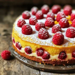 - 1 cup plain Greek yogurt - 1 cup granulated sugar - 3 large eggs - Zest of 1 lemon - 1/4 cup fresh lemon juice - 1/2 cup vegetable oil - 2 cups all-purpose flour - 2 teaspoons baking powder - 1/2 teaspoon baking soda - 1/4 teaspoon salt - 1 cup fresh raspberries (plus extra for garnish) - Powdered sugar for dusting When I create my Lemon Raspberry Yogurt Cake, I focus on fresh ingredients. Each item plays a vital role. The Greek yogurt adds moisture and tang. The sugar provides sweetness. Eggs help bind the cake, giving it structure. - Yogurt alternatives: If you can't find Greek yogurt, use regular yogurt. It will still work well. - Sugar options: You can swap granulated sugar for coconut sugar for a healthier choice. - Oil variations: Instead of vegetable oil, try melted coconut oil for a unique flavor twist. For the best results, measure your ingredients carefully. Here are some tips: - Accurate measurement for baking success: Use dry measuring cups for flour and sugar. - Using kitchen scales: A scale gives you the most precise measurements. - Understanding volume vs. weight: Know that 1 cup of flour weighs about 120 grams. This knowledge helps with accuracy. By following these tips, you set yourself up for success. When baking, precision matters. To start, preheat your oven to 350°F (175°C). This heat helps create a fluffy cake. Next, prepare your cake pan. You can grease and flour a 9-inch round pan or line it with parchment paper. Both methods work well to prevent sticking. Now, let’s mix the ingredients. In a large bowl, whisk together 1 cup of plain Greek yogurt, 1 cup of granulated sugar, and 3 large eggs. Whisk until the mix is smooth. Next, add the zest of 1 lemon, 1/4 cup of fresh lemon juice, and 1/2 cup of vegetable oil. Stir until everything blends well. In another bowl, combine 2 cups of all-purpose flour, 2 teaspoons of baking powder, 1/2 teaspoon of baking soda, and 1/4 teaspoon of salt. Gradually add the dry mix to the wet mix. Mix just until combined; avoid overmixing. This keeps the cake tender. Finally, fold in 1 cup of fresh raspberries gently. Be careful not to crush them. Pour the batter into your prepared pan. Spread it evenly with a spatula. Bake it in the preheated oven for 30 to 35 minutes. To check for doneness, insert a toothpick into the center. If it comes out clean, the cake is ready. Let it cool in the pan for 10 minutes. After that, transfer it to a wire rack to cool completely. Dust the top with powdered sugar and add extra raspberries for a lovely touch. Enjoy your fresh and fluffy delight! To avoid a dense cake, do not overmix your batter. Mix until just combined. This keeps the cake light and fluffy. Also, use room temperature ingredients. Cold ingredients can slow down the mixing process and lead to uneven results. For toppings, fresh whipped cream works great. You can also serve it with a dollop of yogurt. Add a few raspberries on top for color. For presentation, place the cake on a nice plate. Dust it with powdered sugar for a lovely finish. One common mistake is overmixing the batter. This can make your cake tough. Another mistake is using stale ingredients. Always check your baking powder and baking soda for freshness. Using old ingredients can ruin the taste and texture of your cake. {{image_2}} To make your Lemon Raspberry Yogurt Cake even better, try adding flavor extracts. A teaspoon of vanilla gives a warm, sweet note. Almond extract adds a lovely, nutty flavor that works well with lemon. You can also mix in other fruits. Blueberries or sliced strawberries bring a new twist and brighten the cake. If you need gluten-free options, use almond or coconut flour. Both will give a unique taste and texture. For vegan substitutions, swap the eggs for flaxseed meal or applesauce. Replace yogurt with a plant-based yogurt. These changes keep the cake moist and tasty. In winter, use citrus like blood oranges or tangerines. Their rich flavors pair nicely with the yogurt base. In summer, blend in mixed berries. A combination of raspberries, blueberries, and blackberries makes a colorful and fresh cake. This adds a burst of flavor that everyone will love. After baking the Lemon Raspberry Yogurt Cake, let it cool in the pan for about 10 minutes. Then, transfer it to a wire rack. This helps air circulate around the cake, keeping it fresh. Once it is completely cool, store it in an airtight container. This will keep moisture in and help prevent it from drying out. You can also cover it with plastic wrap or aluminum foil. At room temperature, this cake lasts up to three days. Make sure to keep it in a cool, dry place. If you want to save it for later, you can freeze it. Wrap slices or the whole cake tightly in plastic wrap and then in foil. It can last in the freezer for up to three months. Just remember to label it with the date! When you're ready to enjoy your cake again, reheating is easy. For the best results, place a slice in the microwave for about 10-15 seconds. If you prefer using the oven, preheat it to 350°F (175°C). Place the cake on a baking sheet and heat for about 5-7 minutes. This will keep it soft and moist. Enjoy the fresh taste of your Lemon Raspberry Yogurt Cake again! You can replace eggs with several ingredients. Here are some options: - 1/4 cup unsweetened applesauce per egg - 1/4 cup mashed banana per egg - 1 tablespoon ground flaxseed mixed with 2.5 tablespoons water (let it sit for 5 minutes) per egg These replacements help keep the cake moist and fluffy. You may notice a slight change in flavor, but it will still taste great. Yes, you can use frozen raspberries! Here are some tips: - Do not thaw the raspberries before adding them to the batter. This helps keep their shape. - Add a bit more flour to the batter if it feels too wet. Frozen fruit can add extra moisture. - Gently fold in the frozen raspberries to avoid crushing them. This keeps the cake pretty and tasty. Serving this cake is easy and fun! Here are some ideas: - Dust with powdered sugar for a lovely touch. - Top with fresh raspberries for a burst of color and flavor. - Pair it with whipped cream or vanilla ice cream for a delightful treat. - It’s perfect for breakfast, dessert, or a snack. Enjoy it with a cup of tea or coffee! For the full recipe, check out the Lemon Raspberry Yogurt Cake recipe. You learned how to make a delicious Lemon Raspberry Yogurt Cake. We explored key ingredients, mixing methods, and baking tips. I shared helpful variations and common mistakes to avoid. Keep these tips in mind when you bake. Trust your skills, and have fun experimenting. With the right techniques, you will create a tasty treat every time. Enjoy the baking journey and the sweet rewards!