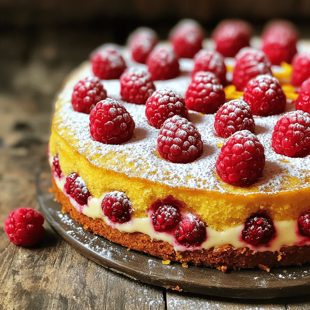 - 1 cup plain Greek yogurt - 1 cup granulated sugar - 3 large eggs - Zest of 1 lemon - 1/4 cup fresh lemon juice - 1/2 cup vegetable oil - 2 cups all-purpose flour - 2 teaspoons baking powder - 1/2 teaspoon baking soda - 1/4 teaspoon salt - 1 cup fresh raspberries (plus extra for garnish) - Powdered sugar for dusting When I create my Lemon Raspberry Yogurt Cake, I focus on fresh ingredients. Each item plays a vital role. The Greek yogurt adds moisture and tang. The sugar provides sweetness. Eggs help bind the cake, giving it structure. - Yogurt alternatives: If you can't find Greek yogurt, use regular yogurt. It will still work well. - Sugar options: You can swap granulated sugar for coconut sugar for a healthier choice. - Oil variations: Instead of vegetable oil, try melted coconut oil for a unique flavor twist. For the best results, measure your ingredients carefully. Here are some tips: - Accurate measurement for baking success: Use dry measuring cups for flour and sugar. - Using kitchen scales: A scale gives you the most precise measurements. - Understanding volume vs. weight: Know that 1 cup of flour weighs about 120 grams. This knowledge helps with accuracy. By following these tips, you set yourself up for success. When baking, precision matters. To start, preheat your oven to 350°F (175°C). This heat helps create a fluffy cake. Next, prepare your cake pan. You can grease and flour a 9-inch round pan or line it with parchment paper. Both methods work well to prevent sticking. Now, let’s mix the ingredients. In a large bowl, whisk together 1 cup of plain Greek yogurt, 1 cup of granulated sugar, and 3 large eggs. Whisk until the mix is smooth. Next, add the zest of 1 lemon, 1/4 cup of fresh lemon juice, and 1/2 cup of vegetable oil. Stir until everything blends well. In another bowl, combine 2 cups of all-purpose flour, 2 teaspoons of baking powder, 1/2 teaspoon of baking soda, and 1/4 teaspoon of salt. Gradually add the dry mix to the wet mix. Mix just until combined; avoid overmixing. This keeps the cake tender. Finally, fold in 1 cup of fresh raspberries gently. Be careful not to crush them. Pour the batter into your prepared pan. Spread it evenly with a spatula. Bake it in the preheated oven for 30 to 35 minutes. To check for doneness, insert a toothpick into the center. If it comes out clean, the cake is ready. Let it cool in the pan for 10 minutes. After that, transfer it to a wire rack to cool completely. Dust the top with powdered sugar and add extra raspberries for a lovely touch. Enjoy your fresh and fluffy delight! To avoid a dense cake, do not overmix your batter. Mix until just combined. This keeps the cake light and fluffy. Also, use room temperature ingredients. Cold ingredients can slow down the mixing process and lead to uneven results. For toppings, fresh whipped cream works great. You can also serve it with a dollop of yogurt. Add a few raspberries on top for color. For presentation, place the cake on a nice plate. Dust it with powdered sugar for a lovely finish. One common mistake is overmixing the batter. This can make your cake tough. Another mistake is using stale ingredients. Always check your baking powder and baking soda for freshness. Using old ingredients can ruin the taste and texture of your cake. {{image_2}} To make your Lemon Raspberry Yogurt Cake even better, try adding flavor extracts. A teaspoon of vanilla gives a warm, sweet note. Almond extract adds a lovely, nutty flavor that works well with lemon. You can also mix in other fruits. Blueberries or sliced strawberries bring a new twist and brighten the cake. If you need gluten-free options, use almond or coconut flour. Both will give a unique taste and texture. For vegan substitutions, swap the eggs for flaxseed meal or applesauce. Replace yogurt with a plant-based yogurt. These changes keep the cake moist and tasty. In winter, use citrus like blood oranges or tangerines. Their rich flavors pair nicely with the yogurt base. In summer, blend in mixed berries. A combination of raspberries, blueberries, and blackberries makes a colorful and fresh cake. This adds a burst of flavor that everyone will love. After baking the Lemon Raspberry Yogurt Cake, let it cool in the pan for about 10 minutes. Then, transfer it to a wire rack. This helps air circulate around the cake, keeping it fresh. Once it is completely cool, store it in an airtight container. This will keep moisture in and help prevent it from drying out. You can also cover it with plastic wrap or aluminum foil. At room temperature, this cake lasts up to three days. Make sure to keep it in a cool, dry place. If you want to save it for later, you can freeze it. Wrap slices or the whole cake tightly in plastic wrap and then in foil. It can last in the freezer for up to three months. Just remember to label it with the date! When you're ready to enjoy your cake again, reheating is easy. For the best results, place a slice in the microwave for about 10-15 seconds. If you prefer using the oven, preheat it to 350°F (175°C). Place the cake on a baking sheet and heat for about 5-7 minutes. This will keep it soft and moist. Enjoy the fresh taste of your Lemon Raspberry Yogurt Cake again! You can replace eggs with several ingredients. Here are some options: - 1/4 cup unsweetened applesauce per egg - 1/4 cup mashed banana per egg - 1 tablespoon ground flaxseed mixed with 2.5 tablespoons water (let it sit for 5 minutes) per egg These replacements help keep the cake moist and fluffy. You may notice a slight change in flavor, but it will still taste great. Yes, you can use frozen raspberries! Here are some tips: - Do not thaw the raspberries before adding them to the batter. This helps keep their shape. - Add a bit more flour to the batter if it feels too wet. Frozen fruit can add extra moisture. - Gently fold in the frozen raspberries to avoid crushing them. This keeps the cake pretty and tasty. Serving this cake is easy and fun! Here are some ideas: - Dust with powdered sugar for a lovely touch. - Top with fresh raspberries for a burst of color and flavor. - Pair it with whipped cream or vanilla ice cream for a delightful treat. - It’s perfect for breakfast, dessert, or a snack. Enjoy it with a cup of tea or coffee! For the full recipe, check out the Lemon Raspberry Yogurt Cake recipe. You learned how to make a delicious Lemon Raspberry Yogurt Cake. We explored key ingredients, mixing methods, and baking tips. I shared helpful variations and common mistakes to avoid. Keep these tips in mind when you bake. Trust your skills, and have fun experimenting. With the right techniques, you will create a tasty treat every time. Enjoy the baking journey and the sweet rewards!