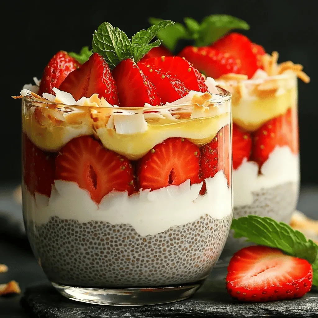 - 1 cup coconut milk (canned or carton) - 1/4 cup chia seeds - 2 tablespoons maple syrup (or honey) - 1 teaspoon vanilla extract - 1 cup fresh strawberries, hulled and sliced - Pinch of salt - Toasted coconut flakes for garnish (optional) To make Strawberry Coconut Chia Pudding, you need a few simple ingredients. Start with coconut milk. This gives a rich, creamy base that pairs well with the fruity flavors. You can use either canned or carton coconut milk. Both work great. Next, add chia seeds. They are tiny but mighty. Chia seeds soak up liquid and turn thick. They also add fiber and healthy omega-3s. For sweetness, choose maple syrup or honey. Both options add a touch of natural sweetness. You can adjust the amount to fit your taste. Vanilla extract gives extra flavor. It enhances the taste of the pudding and makes every bite delightful. Just a teaspoon will do. Fresh strawberries are key. They add brightness and a pop of color. Always choose ripe strawberries for the best flavor. A pinch of salt rounds out the flavors. It helps balance the sweetness and adds depth. Finally, if you want a crunchy topping, toasted coconut flakes are a fun option. They give a tropical twist and a nice texture. For the full recipe, you can check out the detailed instructions. Enjoy making this tasty treat! To start, grab a mixing bowl. Combine 1 cup of coconut milk, 2 tablespoons of maple syrup, 1 teaspoon of vanilla extract, and a pinch of salt. Whisk these together until the mixture is smooth and well blended. This creamy base is where the magic begins! Next, stir in 1/4 cup of chia seeds. Make sure they are evenly spread throughout. The chia seeds will help thicken the pudding. Let the mixture sit for about 5 minutes. This helps kick off the thickening process. Stir again to avoid clumping of the chia seeds. Once you feel the mixture is ready, cover the bowl tightly. Place it in the fridge and let it chill overnight. This waiting time is crucial. The longer it sits, the creamier it becomes. When you’re ready to serve, take the pudding out of the fridge. Divide it into glasses or bowls, making sure each one has an equal amount. Now, for the fun part! Layer the top with fresh, sliced strawberries. This adds a burst of color and flavor. If you want to go the extra mile, sprinkle some toasted coconut flakes on top. This gives your pudding a nice crunch and a tropical twist. Enjoy your Strawberry Coconut Chia Pudding! For the complete recipe, check the Full Recipe. To make your pudding even better, try different sweeteners. You can swap maple syrup for honey or agave nectar. Each sweetener brings its own taste. For a sugar-free option, use stevia or monk fruit. These alternatives can still give you a sweet bite. Next, think about the milk you use. Coconut milk is creamy and rich, but you can experiment with other milks too. Almond milk or oat milk works well. Each type of milk changes the flavor a bit. If you want more creaminess, use full-fat coconut milk. How you serve your pudding makes a big difference. Use clear glasses to show off those lovely layers of strawberries and pudding. It looks fancy and inviting. You can also layer the pudding with strawberries for a pretty look. For extra flair, add a sprinkle of toasted coconut flakes on top. You might even add a mint leaf for a pop of color. This not only tastes good but also makes your dish look fresh and fun. Serving it this way makes it more exciting to eat! {{image_2}} You can change the fruit in this pudding to mix things up. Try using other berries like blueberries or raspberries. They add a sweet and tangy taste. You can also add banana or mango for a tropical flair. Both fruits give a creamy feel and a fun flavor twist. Just chop them up and layer them on top of your pudding. Adding spices can enhance the flavor of your pudding. Cinnamon or nutmeg can bring warmth and depth. You only need a pinch for a nice kick. If you want something unique, try cocoa or matcha. Cocoa adds a rich chocolate flavor while matcha gives a fresh, earthy taste. Just mix in a little to see what you like best. Each option can make your pudding even more delightful. For the full recipe, check out the earlier section. To keep your pudding fresh, use airtight containers. Glass jars work great for this. Make sure the lid seals tightly. You can also use plastic containers with tight lids. Store the pudding in the fridge right after serving. Avoid leaving it out for too long. Strawberry coconut chia pudding lasts about 4 to 5 days in the fridge. Check for any off smells or changes in texture before eating. You can use leftover pudding in many ways. Try it as a topping for yogurt or oatmeal. Blend it into smoothies for a creamy touch. Or enjoy it as a snack straight from the jar. For the full recipe, check out the main article! Strawberry Coconut Chia Pudding stays fresh for about 5 days in the fridge. Store it in an airtight container. This keeps the pudding creamy and tasty. If you notice any change in smell or texture, it's best to toss it. Make sure to enjoy it within that week to savor its full flavor. Yes, this recipe is already vegan! It uses coconut milk, chia seeds, and maple syrup. All these ingredients are plant-based. You can enjoy this creamy delight without worrying about animal products. This makes it perfect for vegans and anyone who loves tasty desserts. Serve the pudding in clear glasses. This shows off the bright strawberries against the creamy pudding. For a pretty touch, layer the sliced strawberries on top. You can also add toasted coconut flakes for a crunchy bite. A sprig of mint can add color and a fresh scent. Enjoy it cold for a refreshing treat! In this post, we explored how to make Strawberry Coconut Chia Pudding. We covered the main ingredients, step-by-step instructions, and helpful tips. You now know how to prepare a tasty and healthy dessert. Enjoy experimenting with flavors and adding your favorite fruits. This pudding is easy to make, fun to serve, and perfect for any occasion. Store it well to keep it fresh. Dive into your new pudding adventure!