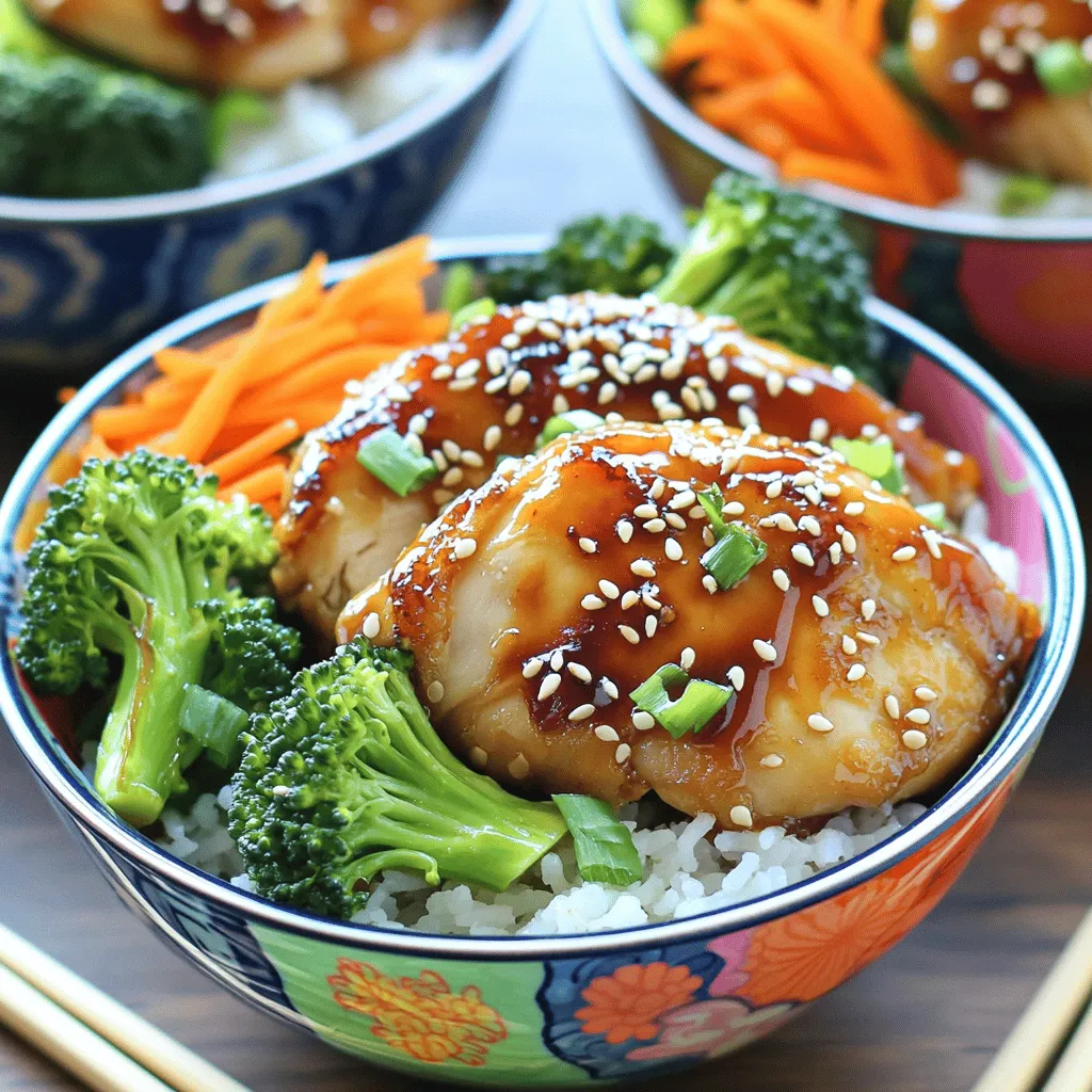 To make a great teriyaki chicken rice bowl, you need the following ingredients: - 1 pound boneless, skinless chicken thighs, sliced - 1 cup sushi rice (or short-grain rice) - 2 cups water - 1/4 cup soy sauce - 2 tablespoons honey - 1 tablespoon rice vinegar - 1 tablespoon sesame oil - 1 teaspoon grated ginger - 2 cloves garlic, minced - 1 cup broccoli florets - 1 carrot, julienned - 2 green onions, sliced - Sesame seeds for garnish These ingredients work together to create a delicious meal that is both savory and satisfying. The chicken thighs give a rich flavor, while the veggies add crunch and color. Garnishing your teriyaki chicken rice bowl can elevate the dish. Here are some great options: - Sliced green onions - Sesame seeds - Pickled ginger - Nori strips These garnishes not only enhance the look of your dish but also add layers of flavor. The sesame seeds provide a nutty finish, while green onions bring freshness. To make this dish, you'll need a few key tools: - Medium saucepan for the rice - Large skillet or wok for cooking chicken and veggies - Whisk for mixing sauce - Cutting board and knife for prep Using the right tools makes the process smoother and more enjoyable. You’ll find that having everything ready helps you cook with ease. For the complete recipe, check out [Full Recipe]. To make the best rice, rinse 1 cup of sushi rice under cold water. Keep rinsing until the water runs clear. This helps remove extra starch. In a medium saucepan, add the rice and 2 cups of water. Bring it to a boil over medium heat. Once boiling, reduce the heat to low. Cover the pan and simmer for 15 minutes. The rice should be tender and the water absorbed. After 15 minutes, turn off the heat but keep it covered for another 10 minutes. This step lets the rice finish cooking perfectly. Fluff the rice with a fork before using it in your bowls. Making the teriyaki sauce is easy and quick. In a small bowl, combine 1/4 cup of soy sauce, 2 tablespoons of honey, and 1 tablespoon of rice vinegar. Add 1 tablespoon of sesame oil, 1 teaspoon of grated ginger, and 2 cloves of minced garlic. Whisk all the ingredients together until smooth. This sauce brings a sweet and salty flavor to your dish. You can adjust the honey if you like it sweeter. For the chicken, use 1 pound of boneless, skinless chicken thighs, sliced into pieces. Heat a little oil in a large skillet over medium-high heat. Add the chicken slices and cook for 5 to 7 minutes. You want them golden brown and cooked through. Next, add 1 cup of broccoli florets and 1 julienned carrot to the skillet. Stir-fry the chicken and vegetables for about 3 to 4 minutes. The veggies should be tender but still crisp. Pour the teriyaki sauce over the chicken and vegetables and stir well. Cook for another 2 to 3 minutes until the sauce thickens. Now, your teriyaki chicken is ready to serve! You can find the full recipe with all details and tips to create this delicious meal. To get the best sauce, mix soy sauce, honey, rice vinegar, sesame oil, grated ginger, and minced garlic. Whisk them in a bowl until smooth. The key is to let it simmer. This helps it thicken up just right. If it’s too thin, cook it longer. If it’s too thick, add a splash of water. This gives you that shiny glaze that looks great on the chicken. Use boneless, skinless chicken thighs for this dish. They stay juicy and tender when cooked. I recommend cutting them into bite-sized pieces. This helps them cook evenly. Heat a little oil in your pan over medium-high heat. Cook the chicken for about 5-7 minutes. Look for a golden brown color. This means they are ready to soak up that tasty sauce. When you serve your teriyaki chicken rice bowls, make it look appealing. Use colorful bowls to catch the eye. Fluff the rice and place it at the bottom. Top it with the chicken and veggies. To finish, sprinkle sliced green onions and sesame seeds. This adds flavor and makes it pretty. Enjoy your meal with chopsticks for that authentic touch. For the full recipe, check the previous section. {{image_2}} You can easily make teriyaki bowls vegetarian or vegan. For a vegetarian option, swap chicken for tofu. Firm tofu works best. Press it to remove excess water, then cube it. Cook it until golden brown. For a vegan twist, use maple syrup instead of honey in the sauce. This keeps the sweetness without the animal product. If chicken isn’t your favorite, try using shrimp or beef. Shrimp cooks quickly and adds a nice flavor. Beef can also work well, especially flank steak or sirloin. Slice it thinly for quick cooking. These proteins can soak up the teriyaki sauce beautifully. Feel free to mix up your veggies! Bell peppers, snap peas, and mushrooms add great taste. You can also use zucchini or bok choy for a twist. The key is to choose colorful veggies. They make your bowl look fresh and inviting. Plus, they add more nutrients to your meal. Experimenting with these variations keeps your teriyaki chicken rice bowls fun and exciting. For the full recipe, check out the details above. To keep your teriyaki chicken rice bowls fresh, let them cool first. Transfer leftovers to airtight containers. Store them in the fridge for up to three days. If you want to save them longer, consider freezing. When you're ready to eat, reheat your leftovers on the stove or in the microwave. If using the stove, add a splash of water to keep them moist. Heat until warm, but not too hot. Stir occasionally to heat evenly. For meal prep, freeze the chicken and veggies separately from the rice. Use freezer-safe bags or containers. Label them with the date. You can freeze these for up to three months. To eat, thaw overnight in the fridge and reheat as described above. For the perfect bowl, follow the [Full Recipe]. You can use many types of rice for your teriyaki chicken rice bowls. While sushi rice is best, you can try jasmine or basmati rice. Both give a nice flavor and texture. Brown rice is also a healthy option, but it takes longer to cook. Quinoa is another alternative for a gluten-free choice. Just remember, cooking times may vary based on the type of rice. Yes, you can prepare this dish ahead of time. Cook the rice and chicken separately, then store them in the fridge. This way, you can mix them together when you're ready to eat. The teriyaki sauce can also be made in advance. Just keep it in a sealed container. When reheating, add a tiny splash of water to keep it moist. If you have allergies, there are easy swaps to make. Use tamari instead of soy sauce for a gluten-free option. Switch honey with maple syrup if you're vegan. For a nut-free choice, skip sesame oil and use olive oil instead. You can also change the veggies. Try bell peppers or snap peas if you don’t like broccoli or carrots. This recipe is flexible to fit your needs. For the full recipe, check out the detailed instructions above. In this post, we explored making Teriyaki chicken rice bowls. You learned the key ingredients, garnishes, and the right tools needed. I provided clear steps for preparing the rice, sauce, chicken, and vegetables. Tips helped you perfect consistency and cooking techniques. I also shared variations for vegetarian options and alternative proteins. Lastly, we covered storage tips for leftovers. Enjoy crafting your own bowls and experimenting with flavors!