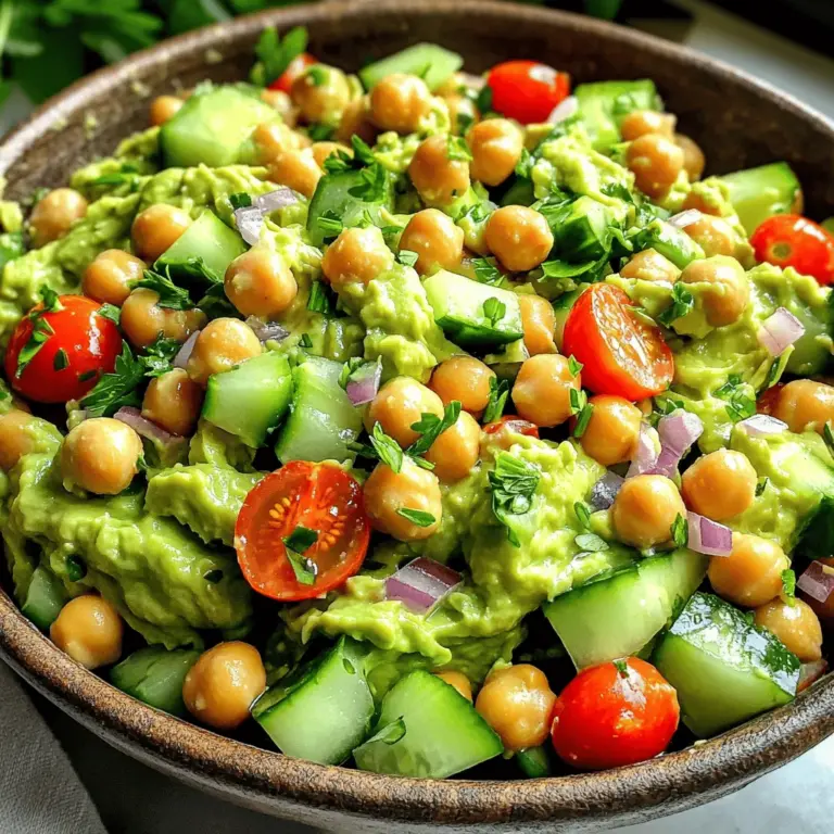 - Ripe avocado - Canned chickpeas - Cucumber - Cherry tomatoes - Red onion The main ingredients of this salad create a nice balance. The ripe avocado gives it a creamy base. I love using canned chickpeas for ease and flavor. They add protein and fiber. Cucumber adds a nice crunch, while cherry tomatoes add sweetness. Red onion adds a sharp taste, which rounds out the flavors. - Plain Greek yogurt - Tahini - Fresh lemon juice - Olive oil - Seasoning For the dressing, I mix plain Greek yogurt and tahini. This combo makes the dressing rich and creamy. Fresh lemon juice adds brightness, cutting through the richness. I drizzle olive oil for a smooth texture. Don't forget the salt and pepper to taste; they enhance all the flavors. - Fresh parsley - Fresh cilantro - Lemon slices Garnishing can elevate your salad. Fresh parsley or cilantro adds color and freshness. Lemon slices give a nice touch and a zesty flavor. You can choose any of these or mix them for a bright finish. For the full recipe, check out my detailed steps. - First, take your ripe avocado, cut it in half, and remove the pit. - Scoop the avocado flesh into a large bowl and mash it with a fork until creamy but still chunky. - In the same bowl, add 2 tablespoons of plain Greek yogurt, 1 tablespoon of tahini, 1 tablespoon of fresh lemon juice, and 1 tablespoon of olive oil. - Mix everything well until you have a smooth and creamy dressing. - Next, add 1 can of rinsed chickpeas, 1 diced cucumber, 1 cup of halved cherry tomatoes, and 1/4 finely chopped red onion to the bowl. - Gently fold the chickpeas and vegetables into the creamy dressing, taking care not to mash the chickpeas. - Taste your salad and season it with salt and pepper as needed. Mix lightly to ensure even flavor without crushing the chickpeas. - For a vibrant finish, garnish your salad with freshly chopped parsley or cilantro. You can also add a slice of lemon for extra zest. This creamy avocado chickpea salad is fresh, colorful, and perfect for any meal. For the full recipe, check out the detailed instructions provided. To pick a ripe avocado, gently press it. It should give slightly, indicating it is ready. Avoid hard avocados, as they are not ripe yet. If it feels too soft, it may be overripe. The mashing technique is vital for texture. Use a fork to mash it until creamy but keep some chunks. This adds a nice bite to your salad. You can easily boost the flavor of your salad. Try adding spices like cumin or chili powder for warmth. Fresh herbs like dill or basil can brighten it up. If you want it spicier, add diced jalapeños or a splash of hot sauce. For a tangier taste, extra lemon juice or a splash of vinegar works well. For serving, use a large bowl for a family-style meal or individual bowls for guests. This makes it look nice and inviting. Pair it with proteins like grilled chicken or shrimp for a complete meal. You can also serve it with grains like quinoa or brown rice for extra nutrition. {{image_2}} You can make your creamy avocado chickpea salad even better by adding more veggies. Try adding bell peppers for crunch or corn for sweetness. You can also mix in some shredded carrots for color and texture. If you want a protein boost, add cooked quinoa or grilled chicken. These options will make the salad more filling and tasty. For a vegan version, skip the Greek yogurt. Instead, use more tahini or a vegan yogurt. You can also add a bit of mashed silken tofu for creaminess. If you need a gluten-free option, this salad is already safe. Just make sure any added ingredients are gluten-free too. While the creamy dressing is great, you can try other dressings too. A dressing made with mashed avocado and lemon juice adds a fresh twist. You could also use a light vinaigrette made with olive oil and balsamic vinegar. This will give the salad a tangy flavor that pairs well with the creamy base. To keep your creamy avocado chickpea salad fresh, store it in an airtight container. This helps prevent air from spoiling the salad. Use glass or BPA-free plastic containers for best results. Before sealing, make sure the salad is cool. This avoids steam buildup, which can cause sogginess. Place leftovers in the fridge as soon as you're done eating. You may wonder, can you freeze avocado chickpea salad? I recommend against it. Avocado does not freeze well. When thawed, it can become mushy and lose its creamy texture. If you must freeze it, keep the dressing separate. To thaw, place it in the fridge overnight. Always check the texture before serving. How long does it last in the fridge? Your salad will stay good for about 2-3 days if stored right. Check for signs of spoilage. Look for any browning on the avocado or a sour smell. If you see any mold, it's time to throw it away. Enjoy your salad fresh for the best taste! Creamy avocado chickpea salad is a fresh and tasty dish. It combines creamy avocado with chickpeas, veggies, and a light dressing. The salad is hearty and packed with nutrients. It is perfect for lunch or a light dinner. You get protein from chickpeas and healthy fats from avocado. The bright flavors make it a favorite for many. You can use canned or dried chickpeas for this salad. Canned chickpeas are quick and easy. Just rinse and drain them before adding to the salad. If you choose dried chickpeas, soak them overnight. Then, cook them in boiling water until tender. This method takes longer but gives you great flavor. Both options work well in the salad. Yes, you can make this salad ahead of time. It is great for meal prep. Just store it in an airtight container in the fridge. For best taste, eat it within two days. The salad may brown slightly due to the avocado. To help, add a bit of lemon juice before storing. This keeps it fresh and tasty. This article covered the essentials of making a creamy avocado chickpea salad. We explored the key ingredients, including ripe avocados and fresh vegetables. I shared step-by-step instructions for preparation and tips for enhancing flavor. You also learned about variations and storage tips, ensuring you maximize freshness. In conclusion, this salad offers a simple way to enjoy healthy food. Whether you have it as a meal or a side, your taste buds will thank you!